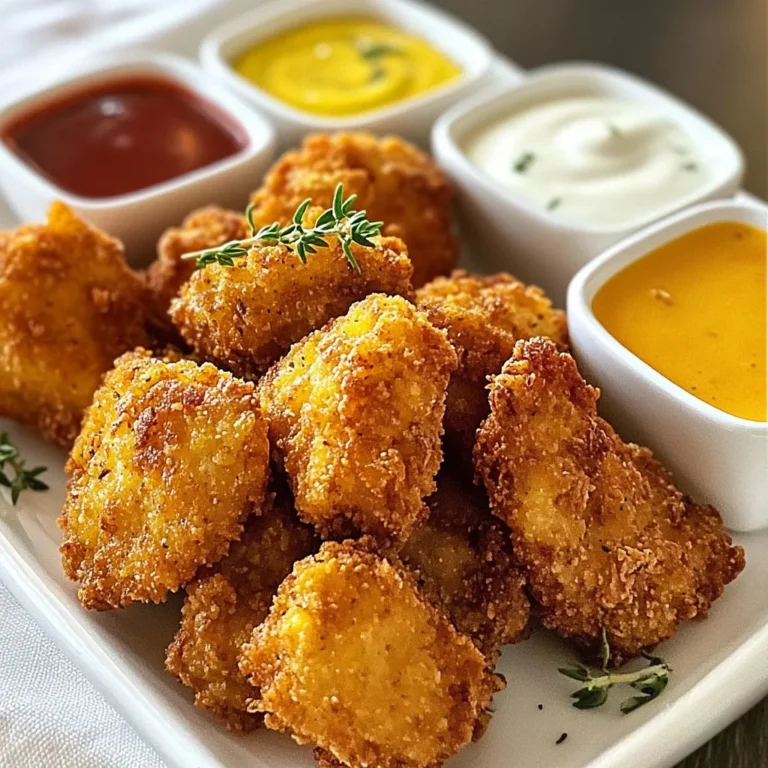 - 1 lb chicken breast, cut into bite-sized pieces - 1 cup buttermilk - 1 cup all-purpose flour - 1 tsp paprika - 1 tsp garlic powder - 1 tsp onion powder - 1/2 tsp black pepper - 1/2 tsp salt - 1/4 tsp cayenne pepper (optional, for extra heat) - 1 cup peanut oil (for frying) Each ingredient plays a key role in making these nuggets taste great. The chicken breast is the star. It should be fresh and tender. Buttermilk adds moisture and makes the chicken super juicy. It also helps the coating stick well. All-purpose flour creates a crispy outer layer. Spices like paprika, garlic powder, and onion powder give these nuggets their unique flavor. Black pepper and salt enhance the taste. Cayenne pepper adds a kick, but it’s optional. Lastly, peanut oil is perfect for frying. It gives a nice flavor and helps achieve that golden color. If you don’t have buttermilk, you can make your own. Mix 1 cup of milk with 1 tbsp of vinegar or lemon juice. Let it sit for 5 minutes. For a gluten-free option, use gluten-free flour instead of all-purpose flour. If you want to avoid peanut oil, you can use vegetable or canola oil. They work just as well for frying. Feel free to adjust the spices to match your taste. If you like it milder, skip the cayenne pepper. {{ingredient_image_1}} Start by cutting your chicken breast into bite-sized pieces. This step is important. Smaller pieces cook faster and stay juicy. Place these chicken pieces in a large bowl. Pour in the buttermilk and mix well. Cover the bowl and put it in the fridge. Let it sit for at least one hour. For the best flavor, marinate overnight. While the chicken marinates, it’s time to prepare the coating. In another bowl, combine the flour, paprika, garlic powder, onion powder, black pepper, salt, and cayenne pepper. Mix these dry ingredients until they are well blended. This blend gives the nuggets that signature taste. You can adjust the spices to suit your taste. Heat the peanut oil in a deep skillet or Dutch oven over medium-high heat. You want the oil to reach 350°F (175°C). This is key for crispy nuggets. Once hot, take the chicken from the buttermilk. Let the excess buttermilk drip off. Dredge each piece in the flour mixture, making sure they are well-coated. Carefully place the coated chicken in the hot oil. You may need to fry in batches. Avoid overcrowding the pan. Fry each nugget for about 3-4 minutes on each side. Look for a golden brown color. Once cooked, remove the nuggets and place them on a plate with paper towels. This helps absorb extra oil. Serve your nuggets hot with your favorite dipping sauces. To make your nuggets taste great, marinate the chicken in buttermilk. The buttermilk adds moisture and tang. You can marinate for at least one hour, but overnight works best. This step infuses flavor deep into the chicken. Use fresh spices like paprika and garlic powder for the best taste. For crispy nuggets, coat each piece well. Make sure the chicken is dry before dredging in flour. This helps the coating stick. Fry in hot oil, around 350°F. This high heat cooks the nuggets quickly, giving them that golden color. Don’t overcrowd the pan; it cools the oil and makes the nuggets soggy. One common mistake is skipping the marinade. Don't rush it; marinate longer for richer flavor. Another mistake is using too much flour. A light coating is key for crispiness. Lastly, avoid frying at low temperatures. This leads to greasy nuggets instead of crispy ones. Keep an eye on the cooking time to prevent burning. Pro Tips Marinate Longer for Flavor: For the best flavor and tenderness, marinate the chicken in buttermilk overnight. This allows the spices to penetrate deeper into the meat. Keep Oil Hot: Ensure the oil is at the right temperature (350°F/175°C) before frying. If the oil is too cool, the nuggets will absorb more oil and become greasy. Batch Frying: Fry the nuggets in small batches to maintain the oil temperature. This will help them cook evenly and achieve that perfect golden-brown color. Let Them Drain: After frying, let the nuggets drain on paper towels to remove excess oil, ensuring they stay crispy and not soggy. {{image_2}} To make these nuggets spicy, add more cayenne pepper. Start with 1 teaspoon instead of 1/4 teaspoon. This will give your nuggets a nice kick. You can also add hot sauce to the buttermilk for extra zing. Just mix a couple of tablespoons into the buttermilk before soaking the chicken. This adds great flavor and heat. If you prefer a healthier method, try using an air fryer. After coating the chicken, place the nuggets in the air fryer basket. Spray them lightly with cooking oil. Cook them at 400°F for about 10-12 minutes. Flip them halfway through for even cooking. This way, you get crispy nuggets with less oil. For a baked version, preheat your oven to 400°F. After dredging the chicken in the flour mix, place them on a lined baking sheet. Spray them lightly with cooking spray. Bake for about 15-20 minutes, flipping halfway through. This gives you a healthier nugget without frying but still keeps them tasty. After cooking, let the nuggets cool down. Place them in an airtight container. They stay fresh in the fridge for about 3 to 4 days. Make sure to store them as soon as possible. This keeps them safe to eat and helps maintain flavor. To freeze nuggets, allow them to cool completely. Arrange them in a single layer on a baking sheet. Freeze them for about 1 hour. Once frozen, transfer the nuggets to a freezer-safe bag. They can last for up to 3 months in the freezer. This way, you can enjoy these tasty nuggets anytime. For the best taste, reheat nuggets in the oven. Preheat your oven to 350°F (175°C). Place the nuggets on a baking sheet. Heat for about 10-15 minutes, until warm and crispy. You can also use an air fryer for a quicker option. This keeps the texture nice and crunchy. If you microwave them, they may get soft. So, use the oven or air fryer for the best result. You can marinate the chicken in buttermilk for at least 1 hour. For best taste, I suggest marinating overnight. This helps the chicken soak up all the flavors. The longer you marinate, the juicier and more tender the nuggets will be. Yes, you can use other oils, but peanut oil is best. It has a high smoke point and adds great flavor. If you're allergic to peanuts, try canola or vegetable oil instead. Both options work well and will still give you crispy nuggets. These nuggets pair well with many sauces. My top picks are honey mustard, barbecue, and ranch dressing. You can also try spicy sriracha or sweet and sour sauce for a kick. Feel free to get creative and mix your own sauces too! You’ve learned about the key ingredients needed for chicken nuggets and their roles. I shared step-by-step instructions to make them crispy and tasty. You discovered tips to boost flavor and avoid common mistakes. We explored fun variations, like spicy options and an air fryer method. Lastly, I covered storage tips for leftovers and answered common questions. Now, you can confidently cook your own delicious chicken nuggets at home! Enjoy making this dish your own.