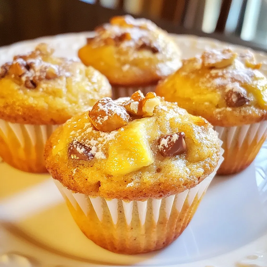 To make these tasty muffins, gather these key ingredients: - 3 ripe bananas, mashed - 1/3 cup melted coconut oil - 1/2 cup brown sugar, packed - 1 large egg, beaten - 1 teaspoon vanilla extract - 1 teaspoon baking soda - Pinch of salt - 1 cup all-purpose flour - 1/2 cup dark chocolate chips - 1/2 cup chopped walnuts (optional) Each ingredient plays a vital role in creating a soft, moist muffin with rich flavors. The bananas bring natural sweetness, while the chocolate chips add a delightful treat. You can swap some ingredients for different tastes or needs. If you want a lighter muffin, use applesauce instead of coconut oil. You can replace brown sugar with white sugar or honey. For a nut-free version, skip the walnuts. If you don’t have dark chocolate, milk chocolate works just as well. Ripe bananas are key for this recipe. They must be very soft and spotted. Ripe bananas offer more natural sugars, making muffins sweeter. They also blend easily and provide moisture. Using unripe bananas can lead to dry muffins. Always choose bananas that you would eat as a snack. The tastier the banana, the better your muffins will be! {{ingredient_image_1}} Start by preheating your oven to 350°F (175°C). This ensures even baking for your muffins. While the oven heats, prepare your muffin tin. Line it with paper liners or lightly grease each cup with cooking spray. This step helps prevent sticking and makes for easy cleanup. In a mixing bowl, mash three ripe bananas with a fork until smooth. Add 1/3 cup of melted coconut oil to the bananas. Mix them well until blended. Next, stir in 1/2 cup of packed brown sugar. Follow this with one beaten large egg and 1 teaspoon of vanilla extract. Mix until the mixture is creamy and well combined. Now, it's time for the dry ingredients. Sprinkle 1 teaspoon of baking soda and a pinch of salt over the wet mixture. Stir gently to combine. Then, gradually add 1 cup of all-purpose flour into the bowl. Mix carefully until just combined. Remember, overmixing can make your muffins tough, so stop as soon as you see no dry flour. Once your batter is ready, fold in 1/2 cup of dark chocolate chips and, if you like, 1/2 cup of chopped walnuts. This adds flavor and texture. Spoon the batter into the prepared muffin tin, filling each cup about 3/4 full. Bake in your preheated oven for 18-20 minutes. To check for doneness, insert a toothpick into the center of a muffin. If it comes out clean, they’re ready! After baking, cool the muffins in the tin for 5 minutes. Then, transfer them to a wire rack to cool completely. Enjoy your mouthwatering creations! Mixing is key, but too much can ruin your muffins. When you add flour, stir gently. Stop when you see some dry flour. The batter should look a bit lumpy. This helps keep your muffins soft and fluffy. Overmixing makes them tough and dry. To keep your muffins fresh, let them cool first. Place them in a sealed bag or container. You can store them at room temperature for two days. If you want them to last longer, freeze them. Just wrap each muffin in plastic and put them in a freezer bag. They will stay good for up to three months. You can mix things up with fun additions. Try using different types of chocolate, like milk or white chocolate. Dried fruits, like cranberries or raisins, also work well. If you want a nutty crunch, add more walnuts or even pecans. For serving, dust the muffins with powdered sugar. They look great this way! Enjoy them warm with a little butter on top. It adds a nice, rich flavor. Pro Tips Use Overripe Bananas: The riper your bananas, the sweeter and more flavorful your muffins will be. Look for bananas that are heavily speckled or even brown for the best results. Don’t Overmix: When combining the flour with the wet ingredients, mix just until combined. Overmixing can lead to dense and tough muffins. Customize Add-ins: Feel free to experiment with different add-ins like dried fruits, nuts, or even spices like cinnamon to add a unique twist to your muffins. Check for Doneness: To ensure even baking, check the muffins a few minutes before the suggested baking time by inserting a toothpick; they are done when it comes out clean. {{image_2}} You can switch up the chocolate in these muffins. Dark chocolate adds richness, but you can try milk chocolate or white chocolate. Each type brings a unique taste. Mix and match to find your favorite blend. If you love a sweeter treat, milk chocolate is perfect. For a deeper flavor, use bittersweet chocolate. You can even add chocolate chunks for a fun texture. Making these muffins gluten-free is simple. Just swap all-purpose flour for a gluten-free blend. Look for a mix that works well for baking. Ensure it includes xanthan gum for the right texture. Follow the same steps in the main recipe, and you’ll have tasty gluten-free muffins. They will be just as soft and delicious! You can add more flavors by mixing in fruits and nuts. Chopped nuts like walnuts or pecans give a nice crunch. If you want fruit, try blueberries or diced strawberries. Add about half a cup of your chosen mix-ins. Fold them into the batter gently to avoid overmixing. These additions make the muffins even more exciting and flavorful! To keep your muffins fresh, place them in an airtight container. This helps maintain moisture. You can store them at room temperature for up to three days. If you want them to last longer, consider refrigerating them. However, they may become a bit dry in the fridge. Freezing muffins is an excellent way to save them for later. First, let the muffins cool completely. Then, wrap each one tightly in plastic wrap. Place the wrapped muffins in a freezer-safe bag or container. They can last up to three months in the freezer. When you're ready to enjoy, simply thaw them at room temperature. To enjoy your muffins warm, you can reheat them easily. For the best results, use an oven. Preheat the oven to 350°F (175°C). Wrap the muffins in aluminum foil to prevent them from drying out. Heat for about 10-15 minutes. You can also use a microwave for a quick fix. Heat on medium power for about 15-20 seconds. Enjoy your warm muffins! Yes, you can use frozen bananas! Just let them thaw first. Once thawed, mash them well. The texture will still be great, and the flavor is sweet. You can use vegetable oil or melted butter. Both work well. They keep the muffins moist and tasty. Check the muffins at 18 minutes. Insert a toothpick into the center. If it comes out clean, they are done. If not, bake for a few more minutes. Absolutely! Just adjust the baking time. Mini muffins need about 12-15 minutes. Check them with a toothpick to be sure. This blog post covered the key ingredients for chocolate chip banana bread muffins. Ripe bananas are crucial for flavor. I provided clear steps for mixing and baking muffins. You learned tips for proper storage and avoiding overmixing. Chocolate chip banana muffins are fun and tasty for everyone. Remember to try different flavors and mix-ins. Enjoy baking these muffins, and share them with others. Happy baking!