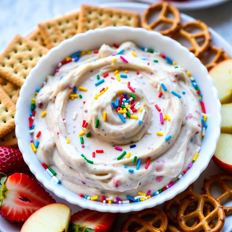 - 1 cup all-purpose flour - 1 cup granulated sugar - 1/2 cup unsalted butter, softened - 1/4 cup cream cheese, softened - 1/2 cup vanilla yogurt - 1 teaspoon vanilla extract - 1/2 cup rainbow sprinkles - Pinch of salt To make Funfetti Cake Batter Dip, you need a few key items. First, the flour gives it body. Sugar adds sweetness, while softened butter and cream cheese create creaminess. Vanilla yogurt brings a light tang and moisture. Rainbow sprinkles are the star, making this dip fun and colorful. A pinch of salt balances the flavors. These ingredients make a tasty treat that everyone will love. - Mini chocolate chips - Chopped nuts - Whipped cream topping You can add mini chocolate chips for extra sweetness. Chopped nuts give a nice crunch. Want a lighter touch? Top it with whipped cream for a fluffy finish. Mix and match these options to make your dip your own! {{ingredient_image_1}} 1. Start by mixing the softened butter and cream cheese in a bowl. 2. Use an electric mixer to beat them together until creamy and smooth. 3. Gradually add the granulated sugar and mix until fully blended. 4. Now, slowly add the vanilla yogurt and vanilla extract to the mix. 5. Blend everything until it is smooth and creamy. 6. In a separate bowl, whisk the all-purpose flour with a pinch of salt. 7. Gradually mix the dry ingredients into the wet mix. 8. Be careful not to overmix; you want it to stay fluffy. 1. Now it’s time for the fun part! Gently fold in the rainbow sprinkles. 2. Make sure they are evenly distributed throughout the dip. 3. This ensures every bite has a pop of color and crunch. 1. Once mixed, transfer the dip to a serving bowl. 2. Chill it in the fridge for at least 30 minutes. 3. Chilling is key; it helps the dip firm up and taste better. 4. Serve it with graham crackers, pretzels, or fresh fruit. 5. Enjoy the joy of this easy, sweet treat with friends! To make your Funfetti Cake Batter Dip perfect, mixing well is key. Start by combining softened butter and cream cheese. Use an electric mixer and beat them until they are creamy. Then, slowly add granulated sugar and mix until it’s fully blended. For a smooth texture, add vanilla yogurt and vanilla extract next. Mix until it’s creamy. Avoid overmixing the flour. When you add the flour and salt mixture, stir just until combined. Overmixing can make your dip tough. You want it light and fluffy. Presentation makes this dip even more fun! Garnish the top with a sprinkle of rainbow sprinkles. This adds color and excitement. You can also arrange colorful dipping options around the bowl. Think about using graham crackers, pretzels, or fresh fruit. This makes your snack table look inviting and tasty. Feel free to change things up! You can add different flavors for a unique twist. Try almond extract for a nutty flavor. You can also mix in chocolate chips or nuts. These small changes can make your Funfetti Cake Batter Dip even more special. Get creative and enjoy experimenting! Pro Tips Chill for Best Texture: Make sure to chill the dip for at least 30 minutes before serving, as this helps it firm up and enhances the flavors. Mixing Method: Use an electric mixer for the butter and cream cheese to achieve a smooth and creamy texture, but mix the flour by hand to avoid overmixing. Sprinkle Variety: Feel free to swap rainbow sprinkles with themed sprinkles for different occasions, like holiday colors or birthday-themed shapes. Dipping Options: Experiment with various dipping items, such as chocolate wafers or fruit slices, to cater to different tastes and create a fun presentation. {{image_2}} You can have fun with Funfetti Cake Batter Dip by making themed versions. For holidays, try adding red and green sprinkles for Christmas. Use pastel colors for Easter. You can even go wild for birthdays with bright, colorful sprinkles. Unique sprinkle combinations also make this dip special. Mix in chocolate sprinkles or edible glitter to jazz it up. You can create a rainbow effect by layering different colored sprinkles. This makes every bite a surprise! If you need gluten-free options, swap the all-purpose flour for a gluten-free blend. Many brands work well in dips and will keep the texture nice and smooth. For a dairy-free alternative, use vegan butter and dairy-free cream cheese. You can also replace yogurt with coconut yogurt. This will give you that same creamy taste without dairy. Many people love this version just as much! To keep your Funfetti Cake Batter Dip fresh, use an airtight container. Glass or plastic containers work well. Make sure to seal it tightly to prevent air from entering. This helps keep the dip creamy and tasty. Store it in the fridge for up to five days. Always check for any changes in smell or texture before eating leftovers. Can you freeze Funfetti Cake Batter Dip? Yes, you can freeze the dip if you have leftovers. Freezing is a great option if you want to save some for later. How to properly thaw To thaw, move the dip from the freezer to the fridge. Let it sit there overnight. Avoid thawing in the microwave as it can change the texture. Once thawed, mix it again to make it smooth. You can add a bit more yogurt if needed to restore creaminess. Funfetti Cake Batter Dip lasts about 3 to 5 days in the fridge. To keep it fresh, store it in an airtight container. This helps prevent it from absorbing other smells in the fridge. I recommend letting it chill for at least 30 minutes before serving. This makes it firmer and tastier. Yes, you can use other types of yogurt! Greek yogurt is a great choice for a thicker dip. You can also try flavored yogurts, like strawberry or vanilla. If you want a dairy-free option, use coconut yogurt or almond yogurt. Just remember, the flavor may change slightly. There are many fun things to dip! Here are some popular options: - Graham crackers - Pretzels - Fresh fruit like apples or strawberries - Vanilla wafers - Marshmallows These dippers add crunch and sweetness to your dip. You can even mix and match for a fun platter! You now have all the tools to make a tasty Funfetti Cake Batter Dip. We covered the main ingredients, the step-by-step prep, and tips to make it shine. You can even customize it for any occasion or dietary need. Remember, chilling the dip is key for flavor. Store leftovers properly to maintain freshness. Enjoy sharing this fun treat with friends and family!