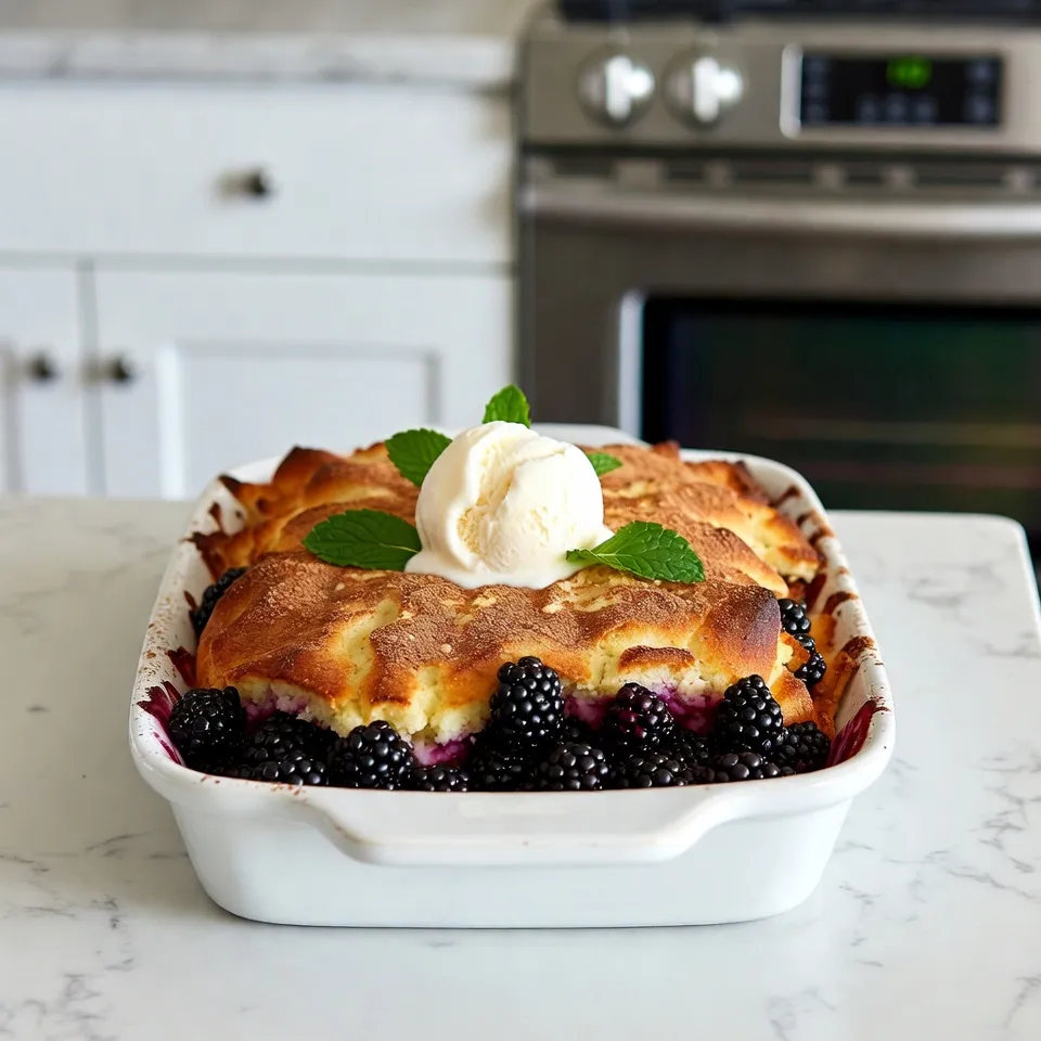 - Fresh vs. Frozen Blackberries You can use fresh or frozen blackberries for this recipe. Fresh berries give a bright taste. Frozen berries are fine if fresh are not available. Just thaw them before use. Both options work well in this cobbler. - Substitutions for Sugar and Butter You can swap granulated sugar with brown sugar for a deeper flavor. If you're out of unsalted butter, use melted coconut oil. It will still keep the dessert moist and tasty. Feel free to experiment with sweeteners like honey, but adjust the liquid in the recipe. - Importance of Lemon Juice and Vanilla Extract Lemon juice adds a nice zing to the blackberries. It helps balance the sweetness. Vanilla extract enhances the overall flavor, making it richer. Don't skip these two ingredients; they really boost taste! {{ingredient_image_1}} 1. Preheating the Oven and Preparing the Baking Dish Start by preheating your oven to 350°F (175°C). This step is key for even baking. Next, grease a 9x13 inch baking dish with butter or cooking spray. This will stop the cake from sticking. 2. Marinating the Blackberries In a mixing bowl, combine 2 cups of blackberries, 1/2 cup of sugar, 1 tablespoon of lemon juice, and 1 teaspoon of vanilla extract. Toss the blackberries gently to coat them. Let this mixture sit for about 10 minutes. The sugar will help release the juices from the blackberries, making them sweeter. 3. Mixing the Cake Batter In another bowl, whisk together 1 box of yellow cake mix, the remaining 1/2 cup of sugar, 1 cup of milk, 1 teaspoon of cinnamon, and 1/4 teaspoon of salt. Mix until just combined. Remember, lumps are okay! This rustic texture adds charm to your cobbler. 1. Layering Ingredients in the Baking Dish Spread the marinated blackberry mixture evenly in the bottom of your greased baking dish. Pour the cake batter over the blackberries, spreading it evenly. This will create a lovely layer effect. 2. Drizzling Butter for Optimal Texture Melt 1 cup of unsalted butter and drizzle it evenly over the cake batter. This step is crucial. The butter will give your cobbler a nice, crispy top as it bakes. 3. Baking Time and Temperature Place the baking dish in your preheated oven. Bake for 45 to 50 minutes. The cobbler is done when it turns golden brown. Insert a toothpick into the cake portion; it should come out clean. 1. Ideal Serving Temperature Let the cobbler cool slightly before serving. It’s best enjoyed warm. This temperature brings out the flavors of the blackberries. 2. Toppings to Enhance Flavor Serve slices with a scoop of vanilla ice cream or a dollop of whipped cream. A sprinkle of fresh mint adds a pop of color and fresh flavor. These toppings make your dessert extra special! Avoiding Overmixing the Cake Batter Mixing too much can ruin the texture. When you combine the cake mix, milk, sugar, cinnamon, and salt, stop when it's just mixed. Small lumps are fine. They help create a nice, rustic look. How to Know When It’s Done The cobbler is ready when it turns golden brown. Insert a toothpick into the cake part. If it comes out clean, it's done. This usually takes about 45 to 50 minutes in the oven. Serving with Ice Cream or Whipped Cream This cobbler tastes great warm. Serve it with a scoop of vanilla ice cream or a dollop of whipped cream. The cold cream balances the warm cobbler. It adds a nice touch to every bite. Garnishing with Fresh Mint or Berries For a pop of color, add fresh mint leaves or a few berries on top. This makes the dish look pretty and fun. It also adds extra flavor, which is always a bonus. Using the Wrong Baking Dish Size Make sure to use a 9x13 inch baking dish. If you use a smaller dish, the batter may overflow. A larger dish will dry out the cobbler. Stick to the right size for the best results. Failing to Let Cool Before Serving Let the cobbler cool for a bit before you serve it. This helps the layers set. If you cut too soon, it may fall apart. Waiting makes serving easier and looks better on the plate. Pro Tips Choose the Right Berries: Fresh blackberries work best for this cobbler, but if using frozen, ensure they are fully thawed and drained to prevent excess moisture. Layering for Success: Make sure to spread the blackberry mixture evenly and pour the cake batter over it gently to maintain layers and prevent them from mixing too much. Don’t Overmix: When mixing the cake batter, stop as soon as the ingredients are combined. A few lumps are okay and will contribute to a rustic texture. Serving Suggestions: For an indulgent treat, serve warm with a scoop of vanilla ice cream or a dollop of whipped cream and a sprinkle of fresh mint. {{image_2}} You can change the flavor of your cobbler to keep things fun. Here are some ideas: - Adding Different Berries: You can use blueberries or raspberries instead of blackberries. They all cook well and taste great. Mix them with the same sugar and lemon juice. Each berry brings its own unique flavor. - Incorporating Nuts or Chocolate Chips: Try adding chopped nuts like pecans or walnuts for a crunchy bite. You can also stir in chocolate chips for a sweet touch. These add extra texture and flavor to the dish. If you need gluten-free or vegan options, don't worry! Here’s how you can adapt the recipe: - Gluten-Free Cake Mix Options: Look for gluten-free cake mixes at the store. They work just as well as regular mixes. Follow the instructions on the box, and you will have a tasty dessert. - Vegan Substitutes for Dairy: To make this dish vegan, use almond milk or oat milk instead of regular milk. For the butter, try coconut oil or vegan butter. Both will keep the flavor rich and delicious. Serving style can change how your cobbler looks and tastes. Here are some fun ideas: - Individual Serving Portions: Instead of a big dish, try making individual servings. Use small ramekins to bake the cobbler. This makes it easy to serve and fun to eat! - Cobbler Parfaits with Layers: Create cobbler parfaits by layering cobbler with yogurt or whipped cream in a glass. This adds a beautiful look and a mix of flavors. It's a fun way to enjoy a classic dessert! How long does it last in the fridge? Blackberry cobbler dump cake can last in the fridge for about 3 to 5 days. Make sure to store it in an airtight container. This helps keep the flavors fresh and the texture nice. How should I cover and store it properly? Cover the dish with plastic wrap or foil. This helps prevent it from drying out. You can also transfer slices to a container. Just make sure to keep it sealed tight. How do I freeze and thaw the cobbler? To freeze the cobbler, let it cool completely. Then, cut it into slices. Wrap each slice in plastic wrap and place them in a freezer bag. This will help you enjoy it later. When you’re ready to eat, thaw it in the fridge overnight. What are recommended storage containers? Use freezer-safe containers or heavy-duty freezer bags. They keep the cobbler safe from freezer burn. Label the bags with the date, so you know when you made it. What are the best methods for reheating? You can reheat slices in the oven or microwave. For the oven, set it to 350°F (175°C) and warm for about 10-15 minutes. If you use a microwave, heat for about 30 seconds to 1 minute. How do I maintain texture and flavor? To keep the texture right, avoid overcooking. Check it often to prevent drying. Reheating in the oven gives a better crispy top, while the microwave is quick. Enjoy it warm for the best taste! You can make this cobbler without cake mix. A simple way is to use flour, baking powder, and sugar instead. Here’s how: - Ingredients: - 1 ½ cups all-purpose flour - ½ cup sugar - 1 tablespoon baking powder - ½ teaspoon salt - 1 cup milk - 1 cup melted butter Mix the dry ingredients first. Then add milk and melted butter. Combine until smooth, and pour it over the blackberries. This method gives you a homemade batter with a fresh taste. Yes, you can use many fruits! Here are some great options: - Peaches - Apples - Cherries - Blueberries Feel free to mix and match. Each fruit adds its unique flavor. Just make sure you adjust the sugar based on the sweetness of the fruit. For tart fruits, you might want to add a bit more sugar. If you don’t have fresh blackberries, use frozen ones instead. Just thaw them first. Here are some tips: - Drain excess liquid after thawing. - You can also use canned blackberries. Rinse them first to remove extra syrup. Using frozen or canned berries works well. The taste will still be delicious! This blog post has taken you through the steps to make a delicious blackberry cobbler. We discussed the best ingredients, how to prepare, bake, and serve your cobbler, and shared helpful tips. Remember, avoid common mistakes and explore different flavor variations for your cobbler. With proper storage, you can enjoy this treat longer. Have fun experimenting in the kitchen. Your tasty dessert awaits!
