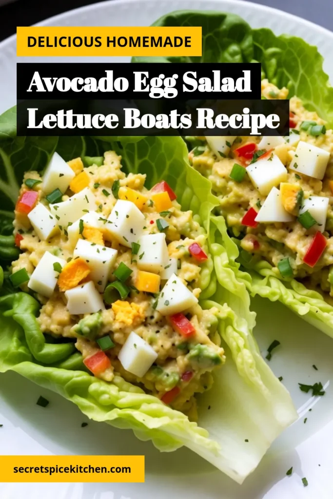 Savor the deliciousness of our Avocado Egg Salad Lettuce Boats! This healthy egg salad combines creamy avocado with boiled eggs and vibrant veggies for a refreshing low-carb avocado salad. Perfect as a quick salad recipe for lunch or a light dinner. Enjoy them in crispy lettuce wraps for a satisfying bite. Try this simple and tasty avocado egg salad today! Save this recipe for your meal prep! #AvocadoEggSalad #LettuceWrapsRecipe #HealthyEggSalad #LowCarbAvocadoSalad