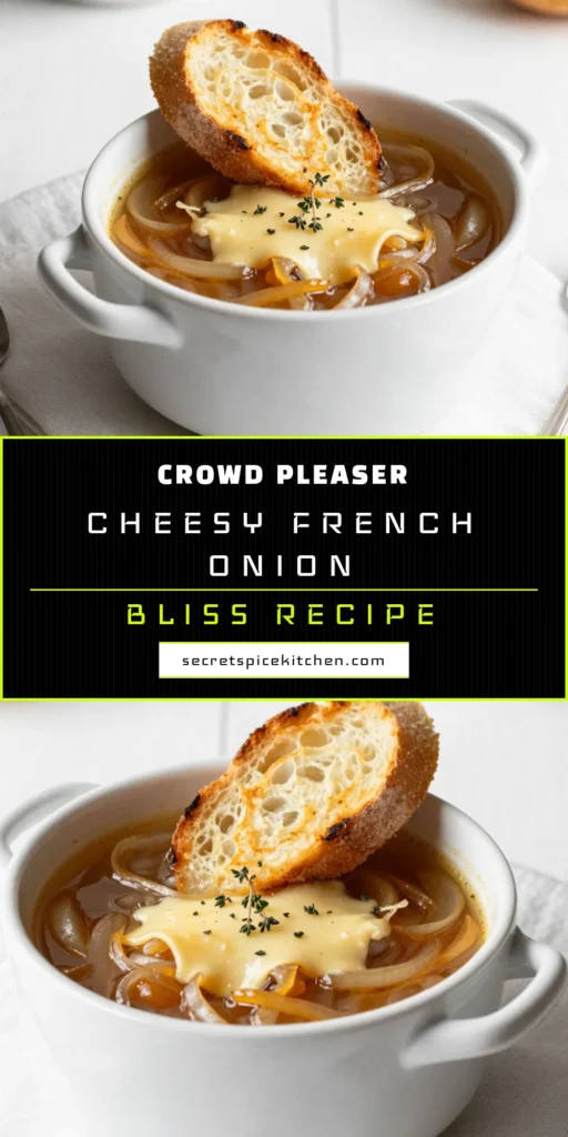Indulge in the warmth of a classic French onion soup recipe that's easy to make! This savory soup recipe features caramelized onion soup with a rich beef or vegetable broth, topped with a golden Gruyère cheese topping. Perfect for cozy nights, this easy French onion soup is sure to impress. Try it today and savor the flavor! Pin now for a delicious meal. #FrenchOnionSoup #SavorySoupRecipes #EasyFrenchOnionSoup #SoupRecipe