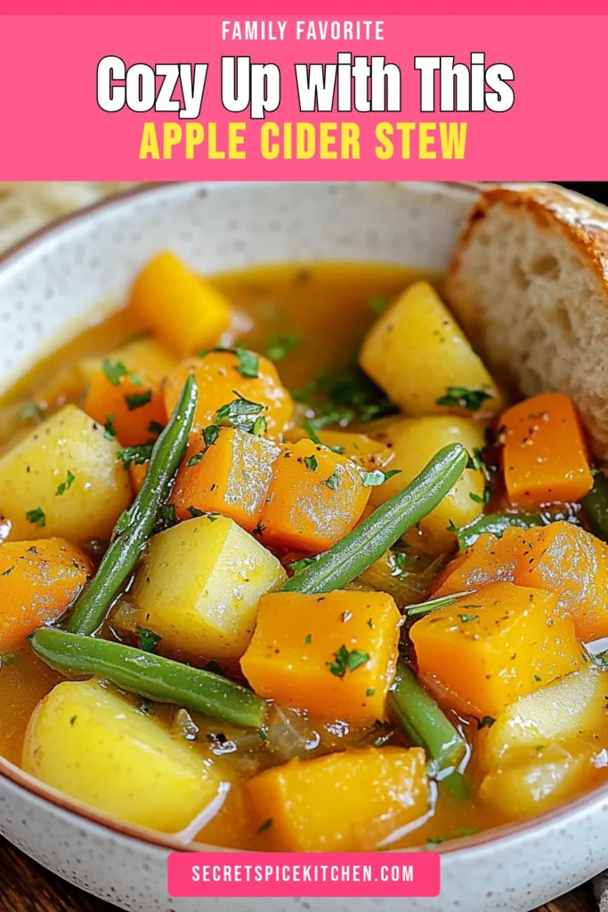 Warm up this season with a delicious Harvest Apple Cider Stew, the perfect fall vegetable stew recipe. Bursting with flavors of healthy apple cider, butternut squash, and autumn spices, this hearty dish is your go-to autumn comfort food recipe. It's easy to make and packed with nutritious veggies that everyone will love. Save this cozy stew recipe for your fall cooking and enjoy the comforting taste of autumn! #HarvestAppleCiderStew #FallRecipes #HealthyEating #AutumnComfortFood