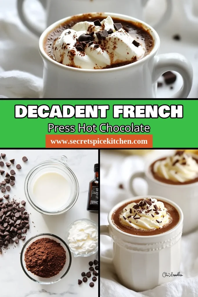 Indulge in the ultimate winter delight with this Thick French Press Hot Chocolate recipe! This rich hot chocolate recipe combines creamy cocoa drinks with semi-sweet chocolate and whole milk for a gourmet experience right at home. Perfect for chilly days, this homemade hot chocolate is topped with whipped cream and chocolate shavings for that extra touch. Try it today and savor every sip! #HotChocolate #FrenchPress #ChocolateLovers #HomemadeTreats