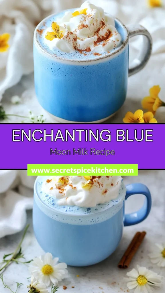 Discover the enchanting blue butterfly pea moon milk! This butterfly pea flower recipe combines almond milk with the magical blue hues of butterfly pea flowers for a cozy, healthy herbal drink. With a touch of honey, warm spices, and edible flowers for garnish, it's perfect for relaxation. Try this delightful beverage today and elevate your drink game! Save this healthy herbal drink recipe for later! #BlueButterflyPeaMoonMilk #ButterflyPeaFlowerRecipe #HealthyHerbalDrinks #EdibleFlowerDrinks