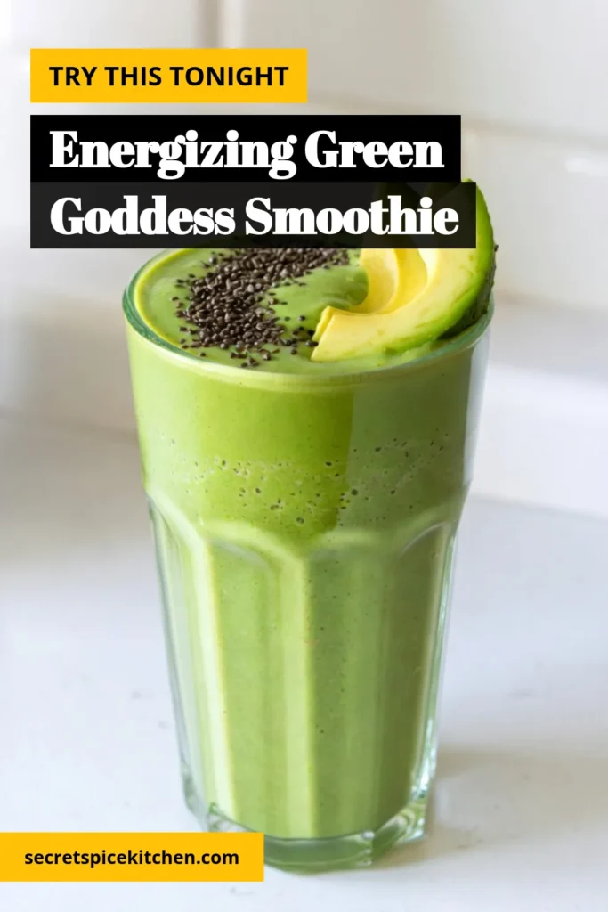 Start your day with a delicious Healthy Green Goddess Smoothie! This Spinach Kale Smoothie combines fresh greens and creamy avocado for a Nutritious Smoothie for Breakfast that energizes you. Packed with chia seeds, this Avocado Smoothie Recipe is perfect for lovers of healthy and tasty drinks. Blend it up in just 10 minutes for a fresh start! Save this easy Chia Seed Smoothie recipe for later! #HealthySmoothies #GreenGoddess #AvocadoSmoothie #Nutrition