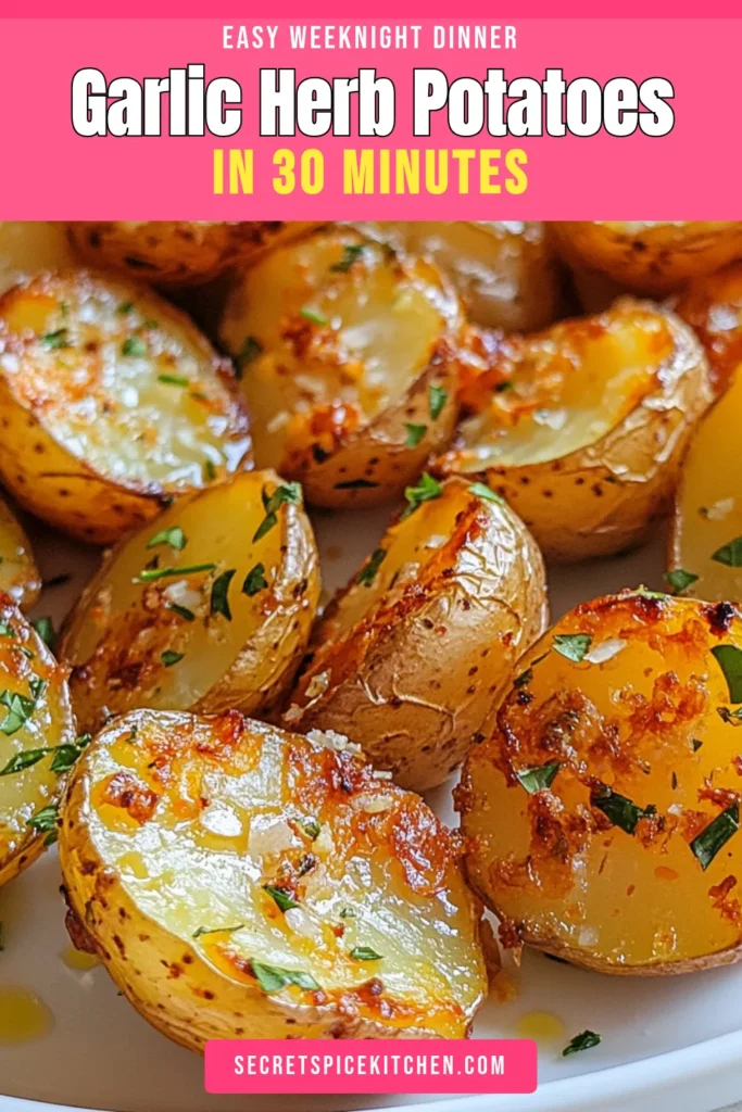 Discover the perfect side dish with these herb garlic roasted potatoes! This simple roasted baby potatoes recipe is bursting with flavor, featuring garlic and a mix of savory herbs. These oven roasted potatoes with herbs are easy to prepare and make a delightful garlic potato side dish that will elevate any meal. Try these easy garlic roasted potatoes today and impress your guests! Save this recipe for your next family dinner! #RoastedPotatoes #HerbGarlic #SideDish #PotatoRecipe
