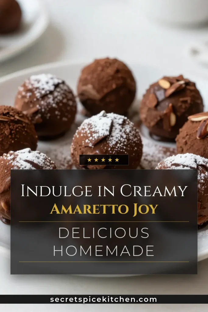 Indulge in these delightful Amaretto chocolate truffles, a decadent chocolate truffles recipe that’s perfect for any occasion. These homemade chocolate truffles are easy to make with no-bake truffle recipes that even beginners can master. Experience the rich flavors enhanced by easy chocolate truffles with almonds. Elevate your dessert game and impress your guests! Save this recipe for your next sweet creation! #AmarettoTruffles #ChocolateTruffles #HomemadeTreats #NoBakeRecipes