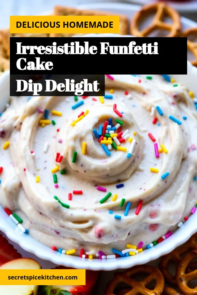 Indulge in this delightful Funfetti Cake Batter Dip, a vibrant and creamy Rainbow Sprinkles Dip that’s perfect for any celebration! This easy cake batter recipe is a no-bake dessert dip that combines the flavors of cake batter with cream cheese for a delicious treat. Serve it with graham crackers or fresh fruit for a fun twist. Try this fun and festive treat today! #FunfettiDip #NoBakeDessert #CakeBatterRecipe #RainbowSprinkles