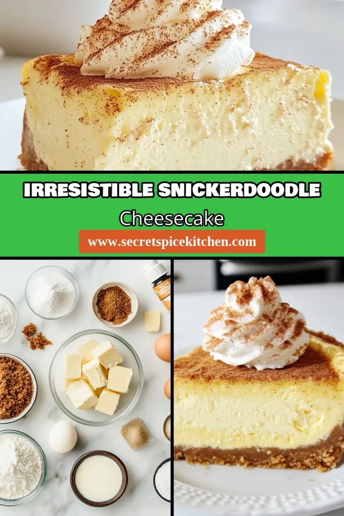 Indulge in this snickerdoodle cheesecake recipe that combines creamy, rich flavors with a delightful cinnamon twist! This decadent cheesecake dessert is easy to make and perfect for any occasion. With a buttery graham cracker crust and a luscious cream cheese cheesecake filling, each slice of this homemade snickerdoodles cheesecake will delight your taste buds. Save this recipe for a sweet treat today! #CheesecakeRecipe #CinnamonDessert #BakingRecipes #DessertIdeas