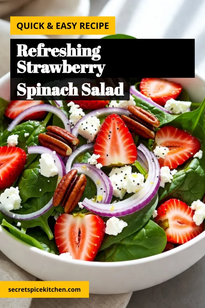 Discover the freshest flavors with this Strawberry Spinach Salad, featuring juicy strawberries and a delightful poppy seed dressing. This easy Strawberry Salad is not only delicious but also a healthy Spinach Salad with feta that everyone will love. Perfect for any occasion, this Poppy Seed Salad recipe takes just 15 minutes to prepare! Save this recipe for a refreshing meal today! #HealthyRecipes #SaladRecipes #StrawberrySalad #SpinachSalad