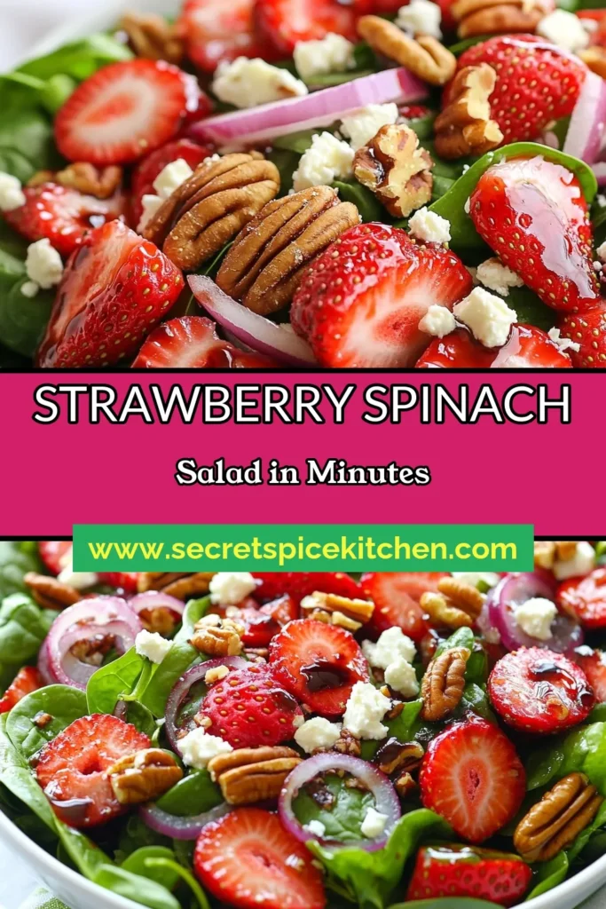 Discover the deliciousness of this strawberry spinach salad with a twist! Our pecan salad recipe combines fresh spinach, ripe strawberries, and toasted pecans, all drizzled with a homemade balsamic dressing. This healthy salad with strawberries is perfect for any occasion. Add feta for an extra flavor boost! Save this spinach strawberry feta salad for your next meal. Try it and enjoy a burst of flavors! #StrawberrySpinachSalad #PecanSaladRecipe #HealthySalad #BalsamicDressingSalad