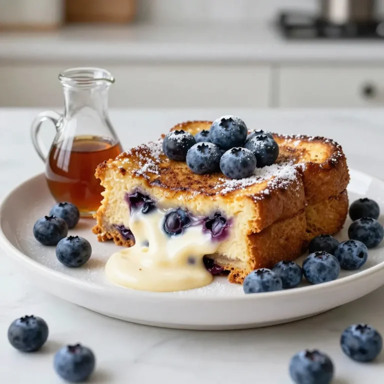 To make the Blueberry Cheesecake French Toast Bake, you'll need the following items: - 8 slices of thick-cut bread (Brioche or Challah) - 8 oz cream cheese, softened - 1 cup fresh blueberries (or frozen) - 4 large eggs - 1 cup whole milk - 1/4 cup granulated sugar - 1 teaspoon vanilla extract - 1 teaspoon ground cinnamon - 1 tablespoon lemon juice - Optional toppings: powdered sugar, maple syrup Each ingredient plays a key role in creating a rich and flavorful dish. The bread gives it structure, while the cream cheese adds a creamy layer. Fresh blueberries burst with juice, offering a bright contrast to the sweet cream. Eggs and milk form a custard base that binds everything together, making each bite soft and delicious. Sugar, vanilla, cinnamon, and lemon juice enhance the dish, adding depth and warmth. Feel free to use frozen blueberries if fresh ones are not available. They work well, too! Just make sure to thaw and drain them before adding to the cream cheese mix. With these ingredients, you can create a delightful breakfast or brunch that everyone will love. {{ingredient_image_1}} - Preheat your oven to 350°F (175°C). Grease a 9x13 inch baking dish with butter or cooking spray. - Cut 8 slices of thick-cut bread into cubes. Spread half of the cubes evenly in the dish. - In a bowl, beat 8 ounces of softened cream cheese until it's smooth. - Add 1/4 cup of granulated sugar, 1 tablespoon of lemon juice, and 1 teaspoon of vanilla extract. Mix until well combined. - Gently fold in 1 cup of fresh blueberries or thawed frozen blueberries. - Spoon the cream cheese mixture over the bread cubes. Spread it evenly. - Top with the remaining bread cubes. - In another bowl, whisk together 4 large eggs, 1 cup of whole milk, 1 teaspoon of ground cinnamon, and a pinch of salt. - Pour the egg mixture over the layers of bread and cream cheese. Press down gently to soak the bread. - Cover the dish with aluminum foil. Let it sit for about 20 minutes to soak up the mixture. You can also refrigerate it overnight. - Bake covered for 30 minutes. Then uncover and bake for an additional 15-20 minutes. The top should be golden brown and the center set. - Remove from the oven and cool slightly. Dust with powdered sugar if you like. Serve warm with maple syrup on top. Choosing the right bread is key. Brioche and challah both work great. Brioche is soft and rich. Challah is slightly sweet and fluffy. You can’t go wrong with either choice! Ensure even soaking for the best texture. After pouring the egg mixture, gently press the bread down. This helps each piece soak up the creamy goodness. Let it sit for 20 minutes. You can also refrigerate it overnight for a richer flavor. Presentation matters! Serve the bake warm on a nice platter. Drizzle with maple syrup for added sweetness. You can also garnish with extra blueberries. A dusting of powdered sugar adds a lovely touch, too. This makes it look fancy and inviting. Want to take it up a notch? Consider adding spices. A pinch of nutmeg can add warmth. You can also add a splash of almond extract for a unique twist. For fruit variations, try raspberries or strawberries. Mixing different berries brings color and flavor. You can even make a mixed fruit version for more fun! Pro Tips Use Stale Bread: Using slightly stale bread will yield a better texture, as it absorbs the egg mixture without becoming too mushy. Chill Overnight: For the best flavor and texture, prepare the dish the night before and let it soak in the refrigerator overnight. Mix-In Variations: Feel free to experiment with different fruits like strawberries or peaches, or add chocolate chips for a decadent twist! Serve Warm: This dish is best served warm, so make sure to let it cool slightly before serving, and drizzle with warm maple syrup. {{image_2}} You can switch up the fruit in this recipe. Try raspberries, strawberries, or blackberries. Each fruit will add its own unique taste. If you want a fun mix, use a variety of berries together. A mixed fruit version gives you more flavors. Just remember to keep the same amount of fruit. You can take this bake to the next level with some add-ins. Adding nuts, like walnuts or pecans, gives a nice crunch. You can also toss in chocolate chips for a sweet twist. To warm up the flavors, add spices like nutmeg or ginger. These little changes make your dish stand out. If you need gluten-free options, use gluten-free bread. Many brands offer great choices that taste good too. For a dairy-free option, swap the cream cheese with a dairy-free alternative. You can find many cream cheese substitutes that work well. Don't be afraid to get creative to fit your dietary needs! After you enjoy your Blueberry Cheesecake French Toast Bake, store leftovers in the fridge. Use an airtight container for best results. This will keep your bake fresh for about three days. When you want to reheat, place a slice in the microwave. Heat for 30 seconds at a time until warm. Check to make sure it doesn’t get too hot. You can freeze this bake if you have extra. First, let it cool completely. Wrap individual slices in plastic wrap, then place them in a freezer bag. This helps to prevent freezer burn and keeps it fresh. When you're ready to eat, take a slice out and thaw it in the fridge overnight. Reheat in the oven at 350°F for about 10-15 minutes. Enjoy the great taste again! If you want a cream cheese substitute, you can use Greek yogurt. It has a nice tangy flavor. You might also try mascarpone for a richer taste. Softened ricotta can work too. Just ensure whatever you choose is smooth for easy mixing. You can refrigerate the soaked mixture for up to 24 hours. This makes it easy to prep ahead. Just remember to cover it tightly to keep it fresh. Yes, you can make this recipe the night before. Prepare everything and let it soak in the fridge. This saves time in the morning, and the flavors meld nicely overnight. To reheat, place the bake in an oven at 350°F (175°C) for about 15-20 minutes. Cover it with foil to prevent burning. If you want to microwave it, heat in short bursts, checking often to avoid overheating. Enjoy it warm for the best taste! This blog post covered how to make a delicious Blueberry Cheesecake French Toast Bake. We discussed the key ingredients, easy steps for preparation, and tips for perfecting each bite. You learned about serving ideas, variations, and how to store leftovers for later. In conclusion, this dish is great for brunch or dessert. Try out the options to suit your taste. Enjoy creating and sharing this treat with your loved ones!