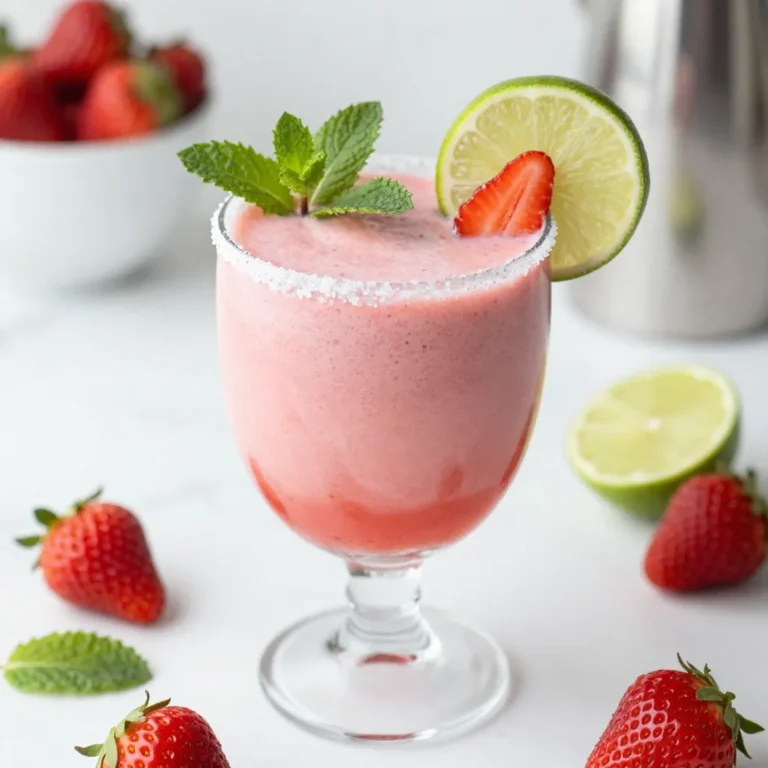 To make a Frozen Strawberry Margarita Mocktail, you need key ingredients: - 2 cups frozen strawberries - 1 cup lemonade (freshly squeezed for best flavor) - 1/2 cup coconut water - 1 tablespoon honey or agave syrup (adjust to taste) - Juice of 1 lime These ingredients create a tasty, fruity base for your drink. The frozen strawberries give it a nice chill. Fresh lemonade adds a zesty kick. Coconut water brings a subtle sweetness and helps blend everything well. To make your mocktail look special, consider these garnishes: - Fresh mint leaves - Lime slices - Coarse sea salt for rimming the glasses (optional) Mint leaves add a pop of color and a fresh aroma. Lime slices look pretty on the edge of the glass. If you like salty flavors, rimming your glass with sea salt enhances the drink's taste. You can easily swap some ingredients if needed: - Use any frozen fruit, like mango or peach, instead of strawberries. - Swap coconut water for plain water or sparkling water if you prefer. - Adjust the sweetness with more or less honey or agave syrup. These changes can help you customize the drink to your liking. Be creative to find your favorite mix! {{ingredient_image_1}} Start by prepping your glasses for a fun touch. If you want a salted rim, take a lime slice and rub it around the rim of each glass. Next, dip the rims into a plate of coarse sea salt. This adds flavor and looks nice! Set the glasses aside while you blend the drink. Now, it’s time to make the mocktail. In a blender, add the following ingredients: - 2 cups frozen strawberries - 1 cup lemonade - 1/2 cup coconut water - 1 tablespoon honey or agave syrup - Juice of 1 lime Blend everything until the mix is smooth and creamy. Take a taste! If it needs more sweetness, add a bit more honey or agave. Blend again for a few seconds to combine. Once your mix is ready, pour it into the prepared glasses. For a lovely finish, garnish with fresh mint leaves and a lime slice on the rim. Serve right away with a straw to sip and enjoy! This drink is perfect for warm days or fun gatherings. To get the best texture, use frozen strawberries. They keep your drink frosty and thick. Blend them with lemonade and coconut water. If the mix is too thick, add a bit more coconut water. Blend again until smooth. You want a creamy feel, not a watery one. Taste your mix before serving. If you want it sweeter, add more honey or agave syrup. Start with a small amount, blend, and taste again. This way, you can find your perfect balance. Everyone has different taste buds. Adjust to make it just right for you. Make your drink look festive! Rim your glasses with lime juice and dip them in coarse sea salt. This adds a fun twist. Add fresh mint leaves and lime slices on top. Serve with colorful straws for a bright touch. Your guests will love the look and taste! Pro Tips Fresh Ingredients: Always use freshly squeezed lemonade for the best flavor. This enhances the overall taste of your mocktail. Sweetness Adjustment: Taste the mixture before serving. You can adjust the sweetness by adding more honey or agave syrup if needed. Garnishing Tips: For a more vibrant presentation, consider adding a few whole strawberries or additional mint leaves as a garnish. Chill Your Glasses: For an extra frosty experience, chill your glasses in the freezer for a few minutes before pouring the mocktail. {{image_2}} You can change the flavors with other fruits. Try using frozen mango or pineapple instead of strawberries. Both fruits add a tropical taste. You can even mix fruits like blueberries or raspberries for a fun twist. Blend them the same way as strawberries. Feel free to get creative! Herbs can add a fresh touch to your drink. Mint leaves are a great choice. You can muddle some mint before blending. Basil is another fun option. It gives a unique flavor that pairs well with sweet fruits. Just add a few leaves and blend to see how you like it. If you want a lighter drink, skip the honey or agave syrup. Use a sugar substitute like stevia. You can also choose unsweetened coconut water to cut calories. Fresh fruit can add sweetness, too. Just taste as you go to find what works best for you. If you have leftover mocktail mix, store it in an airtight container. This keeps it fresh. Place the container in the fridge. Use it within two days for the best taste. You can also pour it into ice cube trays. This way, you can enjoy it later in smoothies or other drinks. You can freeze leftover ingredients easily. Place frozen strawberries in a zip-top bag. Squeeze out the air and seal it tight. Store it in the freezer for up to six months. Lemonade and coconut water can also freeze well. Just make sure to leave some space in the container. Liquids expand when they freeze. For the best freshness, follow some simple tips. Keep the mocktail mix away from light and heat. Store it in a cool place. If you have mint leaves, keep them in a damp paper towel. Place them in a bag in the fridge. This keeps them crisp for longer. Always check for taste before using leftovers. If it smells off or tastes strange, it’s best to toss it. Yes, you can prepare this mocktail ahead of time. Just blend the ingredients and store them in the fridge. It stays fresh for about 24 hours. When you're ready to serve, give it a quick stir or blend again. This keeps it smooth and tasty. If you do not have coconut water, don't worry! You can use plain water or fruit juice. Both options work well and add a nice touch. Try using apple juice for a sweeter option or sparkling water for some fizz. To make this mocktail more kid-friendly, skip the lime rim. Kids might not like the salty taste. You can also use less lime juice for a sweeter drink. Adding a bit more lemonade can make it sweeter and more appealing for young ones. This blog post covered a tasty mocktail recipe you can easily make at home. We talked about key ingredients, ways to adjust flavors, and fun garnishes. You learned how to prep your glasses and blend the mix smoothly. I shared tips for perfecting consistency and sweet levels, along with creative presentation ideas. Remember, you can customize this drink with different fruits and herbs. Enjoy making this mocktail for yourself or your next party. Keep experimenting, and you'll discover your favorite version!