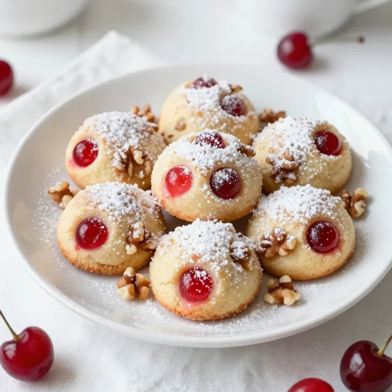 To make Cherry Snowball Cookies, you need key ingredients. Here’s what you will use: - 1 cup unsalted butter, softened - 1/4 cup powdered sugar, plus extra for dusting - 1 teaspoon vanilla extract - 2 cups all-purpose flour - 1/2 cup chopped walnuts (or pecans) - 1/2 cup maraschino cherries, drained and chopped - 1/4 teaspoon salt Each ingredient plays a big role. The butter adds richness, while the sugar gives sweetness. The flour binds it all together. Chopped walnuts add crunch, and cherries bring a pop of flavor. You can enhance your Cherry Snowball Cookies with a few optional ingredients: - Almond extract for a nutty twist - A pinch of cinnamon for warmth - Coconut flakes for added texture These options can change the taste and style of your cookies. Feel free to mix and match as you like! If you need to swap ingredients, it’s easy. Here are some great substitutions: - Use coconut oil instead of butter for a dairy-free option. - Substitute brown sugar for powdered sugar for a richer flavor. - Replace walnuts with pecans or skip nuts for nut-free cookies. These substitutions can help you adjust to your taste or dietary needs. Just remember, each change may slightly alter the final product. {{ingredient_image_1}} Start by preheating your oven to 350°F (175°C). This step ensures your cookies bake evenly. Next, line two baking sheets with parchment paper. Using parchment paper helps prevent sticking and makes cleanup easy. In a large mixing bowl, cream together 1 cup of softened unsalted butter and 1/4 cup of powdered sugar. Mix until the mixture feels light and fluffy. Then, stir in 1 teaspoon of vanilla extract. After that, add 2 cups of all-purpose flour and 1/4 teaspoon of salt. Mix just until combined; don’t overdo it. Finally, fold in 1/2 cup of chopped walnuts and 1/2 cup of chopped maraschino cherries. Ensure everything is evenly mixed. Now, it’s time to shape your cookies! Use your hands to form the dough into 1-inch balls. Place them on your prepared baking sheets, keeping about 2 inches between each ball. Bake the cookies in your preheated oven for 10 to 12 minutes. The edges should turn a light golden color, while the centers remain soft. Once done, remove them from the oven and let the cookies cool on the sheets for about 5 minutes. After that, transfer them to a wire rack. While still warm, roll the cookies in powdered sugar for a lovely finish. Let them cool completely before adding more powdered sugar if you wish. Enjoy the sweet treat! To get soft, chewy Cherry Snowball Cookies, use room-temperature butter. This helps create a creamy mix with the sugar. Don't overmix the dough. Mix until just combined for a tender cookie. Bake them until the edges are light brown, but the centers should stay soft. This keeps them moist and fluffy. To keep your cookies fresh, store them in an airtight container. This helps prevent them from drying out. Place a piece of bread in the container. The bread keeps the cookies soft. If you want to save cookies for later, freeze them. Wrap each cookie in plastic wrap, then place them in a freezer bag. They can last up to three months. Make your cookies shine with a dusting of powdered sugar. After baking, roll them in sugar while warm. It gives a lovely, snowy look. For a fun touch, serve them on a bright plate. Add a few chopped cherries around the cookies for color. This makes your dessert table pop! Pro Tips Chill the Dough: For a firmer dough that's easier to shape, refrigerate it for about 30 minutes before forming the balls. Use Fresh Cherries: If available, substitute maraschino cherries with fresh or frozen cherries for a more natural flavor. Perfect Bake Time: Keep an eye on the cookies during the last few minutes; they should be soft in the center when you take them out. Extra Sugar Coating: For a sweeter finish, roll the cookies in powdered sugar twice: once when warm and again after they’ve cooled. {{image_2}} You can switch up the nuts in Cherry Snowball Cookies. While I love using walnuts, pecans work great too. They add a rich, buttery flavor. You can also try almonds for a different taste. Just chop the nuts finely to mix well in the dough. Each nut gives a unique crunch and flavor twist. Cherry Snowball Cookies are versatile. You can add different flavors to the dough. Try adding chocolate chips or white chocolate chunks for sweetness. Dried cranberries can add a tangy kick. For a citrus twist, mix in some lemon or orange zest. These add-ins bring new life to the classic recipe. You can adapt these cookies for any holiday. For Christmas, add a dash of peppermint extract for a minty taste. In spring, use pastel-colored sprinkles on top for a festive touch. During Thanksgiving, add pumpkin spice for warmth. These small changes make the cookies perfect for any season or celebration! To keep your Cherry Snowball Cookies fresh, store them in an airtight container. This helps lock in moisture and flavor. Place a piece of parchment paper between layers of cookies to avoid sticking. Store at room temperature for the best taste. If you live in a humid area, refrigerating the cookies may help them last longer. Freezing is an excellent way to save your cookies for later. Once cooled, arrange the cookies in a single layer on a baking sheet. Freeze them for about an hour. After that, transfer the cookies to a freezer-safe bag. They can last in the freezer for up to three months. When you want to enjoy them, let them thaw at room temperature for a few hours. When stored properly, Cherry Snowball Cookies stay fresh for about one week. If you keep them in the fridge, they may last a bit longer. Always check for any signs of spoilage before enjoying them. If they start to smell off or feel dry, it’s time to let them go. These cookies are best enjoyed while fresh, so make just enough to share! Yes, you can use fresh cherries. Just pit and chop them first. Fresh cherries give a nice, natural flavor. They may add some moisture, so make sure to adjust the dough if needed. If your dough feels too crumbly, don’t worry. You can add a small amount of softened butter. Start with one tablespoon and mix well. If it’s still not right, add a little water, one teaspoon at a time. The dough should hold together but not be sticky. No, Cherry Snowball Cookies are not gluten-free because they use all-purpose flour. To make them gluten-free, swap the flour for a gluten-free blend. Look for blends that work for cookies. Always check labels for safety. In this post, I covered the key ingredients for Cherry Snowball Cookies and offered insights on how to make them. I shared step-by-step instructions and valuable tips to achieve the perfect cookie texture. I also explored fun variations and gave best storage practices. Cherry Snowball Cookies are fun and easy to make. You can tweak them to suit your taste or special occasions. Now, it's time to bake and enjoy your delicious treats!