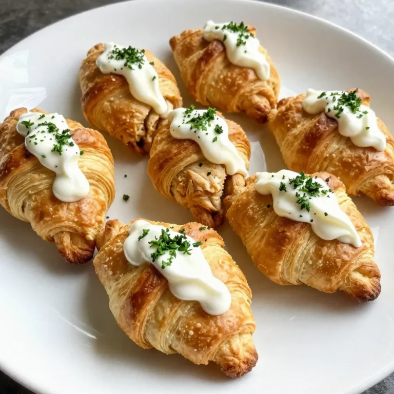 - 2 cups cooked chicken, shredded - 1 cup cream cheese, softened - ¼ cup sour cream - 1 tablespoon garlic powder - 1 teaspoon onion powder - 1 teaspoon dried parsley - 1 package (8 oz) refrigerated crescent roll dough - 1 cup shredded cheddar cheese - Olive oil, for brushing - Salt and pepper to taste - Optional garnish: fresh parsley The main ingredients for creamy chicken pillows come together to create a rich and tasty dish. You will need cooked chicken, which gives the pillows their hearty base. Cream cheese and sour cream add a velvety texture, making each bite creamy. Garlic powder and onion powder bring out savory flavors. Dried parsley adds a touch of freshness to the mix. You will also use crescent roll dough. This dough puffs up beautifully in the oven, creating a lovely shell. Shredded cheddar cheese not only adds flavor but also melts to perfection, creating a gooey center. Olive oil gives the tops a nice golden color while baking. Don’t forget to season with salt and pepper to taste! For a pop of color, you can garnish with fresh parsley. This not only looks appealing but adds a hint of flavor too. The combination of these ingredients will surely impress anyone who takes a bite. {{ingredient_image_1}} 1. First, preheat your oven to 375°F (190°C). This step helps cook the pillows evenly. 2. In a large bowl, mix the filling. Combine 2 cups of shredded chicken, 1 cup of softened cream cheese, and ¼ cup of sour cream. Add 1 tablespoon of garlic powder, 1 teaspoon of onion powder, and 1 teaspoon of dried parsley. Mix it well. Don’t forget to season with salt and pepper to taste. 3. Next, take the crescent roll dough from the package. Unroll it and separate it into triangles on a clean surface. 1. For the filling, place a generous tablespoon of the chicken mixture in the center of each triangle. 2. Now, fold the sides of the triangle over the filling. This creates a pillow shape. Press the edges to seal them tightly. 1. Arrange the filled pillows on a baking sheet lined with parchment paper. This keeps them from sticking. 2. Brush the tops lightly with olive oil. Sprinkle the remaining cheddar cheese on top. 3. Bake them in the preheated oven for 12-15 minutes. They should turn golden brown when done. 4. Once baked, remove them from the oven. Let them cool for a few minutes before serving. Garnish with fresh parsley for a nice touch. To make a creamy filling, use softened cream cheese. It blends well with the chicken. Add sour cream for extra creaminess. For texture, shred the chicken finely. This creates a smooth blend. You can also mix in cheese for added richness. For seasonings, I suggest garlic powder and onion powder. These spices add depth to the filling. Dried parsley gives a fresh flavor. Adjust salt and pepper to your taste. Always taste the filling before sealing it in the dough. For golden-brown tops, brush the pillows with olive oil. This helps them bake evenly. Bake at 375°F (190°C) for 12-15 minutes. Keep an eye on them. They should be golden and puffed up. For leftovers, store them in an airtight container. They last up to three days in the fridge. Reheat in the oven for best results. This keeps the pillows crispy. To plate the creamy chicken pillows, use a large platter. Arrange them neatly for a beautiful display. Drizzle some sour cream on top for added flavor. Sprinkle more dried parsley for color. This makes the dish pop visually. Fresh parsley also works well as a garnish. It adds a vibrant touch. Pro Tips Use Fresh Herbs: Fresh parsley or chives can elevate the flavor profile of your chicken filling and add a vibrant touch to the presentation. Perfectly Seal the Edges: Ensure that the edges of the crescent roll dough are well sealed to prevent any filling from leaking out during baking. Experiment with Cheese: Try different types of cheese like mozzarella or pepper jack for a unique twist on the flavor of your creamy chicken pillows. Make Ahead: You can prepare the chicken filling a day in advance and store it in the refrigerator for a quick assembly and baking just before serving. {{image_2}} You can change the chicken for other proteins. Try shredded turkey or cooked sausage. If you want a vegetarian option, use mushrooms or lentils. For dairy-free choices, use vegan cream cheese and dairy-free sour cream. These swaps keep the dish creamy and tasty. Adding vegetables can boost flavor and nutrition. Consider mixing in spinach, bell peppers, or broccoli. Chop them small so they blend well. For a spicy kick, try adding crushed red pepper or jalapeños. A sprinkle of smoked paprika can also add depth to the filling. Creamy chicken pillows pair well with various side dishes. Serve them with a fresh salad or roasted vegetables for balance. You can also try mashed potatoes or rice for a hearty meal. For dips, sour cream or ranch dressing works great. You can also serve a zesty salsa or a garlic aioli for a fun twist. To store leftovers, let the creamy chicken pillows cool completely. Place them in an airtight container. Make sure to layer parchment paper between the pillows to prevent sticking. Store them in the fridge for up to three days. When reheating, preheat your oven to 350°F (175°C). Place the pillows on a baking sheet. Cover them with foil to keep them moist. Heat for about 10-15 minutes, or until warm. You can also use a microwave, but they may not stay crisp. To freeze the assembled pillows, prepare them as usual but do not bake them. After sealing, place the pillows on a baking sheet lined with parchment paper. Freeze them for about 1 hour until firm. Then, transfer them to a freezer-safe bag or container. They can be frozen for up to three months. To cook from frozen, preheat your oven to 375°F (190°C). Place the frozen pillows on a baking sheet. Add 5-7 minutes to the baking time, cooking for about 17-22 minutes. Make sure they are golden brown before serving. To make creamy chicken pillows, start by mixing 2 cups of shredded chicken, 1 cup of softened cream cheese, and ¼ cup of sour cream in a bowl. Add 1 tablespoon of garlic powder, 1 teaspoon of onion powder, and 1 teaspoon of dried parsley. Mix well and season with salt and pepper. Next, unroll 1 package of crescent roll dough. Place a spoonful of the chicken filling in each triangle. Fold and seal the edges. Bake at 375°F for 12-15 minutes until golden brown. Yes, you can use store-bought rotisserie chicken. It saves time and adds great flavor. Simply shred the chicken and follow the recipe as normal. This option makes it even easier to prepare creamy chicken pillows. Creamy chicken pillows pair well with a fresh salad or steamed veggies. You can also serve them with mashed potatoes or a side of rice. These sides balance the rich flavors and add color to your meal. Leftovers last about 3 to 4 days in the fridge. Store them in an airtight container. Make sure to allow them to cool down before sealing. This helps preserve the taste and texture. Yes, you can prepare the filling ahead. Store it in the fridge for up to 24 hours. You can also assemble the pillows and freeze them. Just bake them straight from the freezer, adding a few extra minutes to the cooking time. In this article, we explored how to make delicious creamy chicken pillows. We covered the key ingredients like chicken, cream cheese, and seasonings. The step-by-step guide took you through preparation and baking. Helpful tips ensured perfect texture and presentation. You learned variations to customize your dish. Finally, we discussed storage for leftovers. Now you have the tools to create a tasty meal anytime. Enjoy making your creamy chicken pillows!