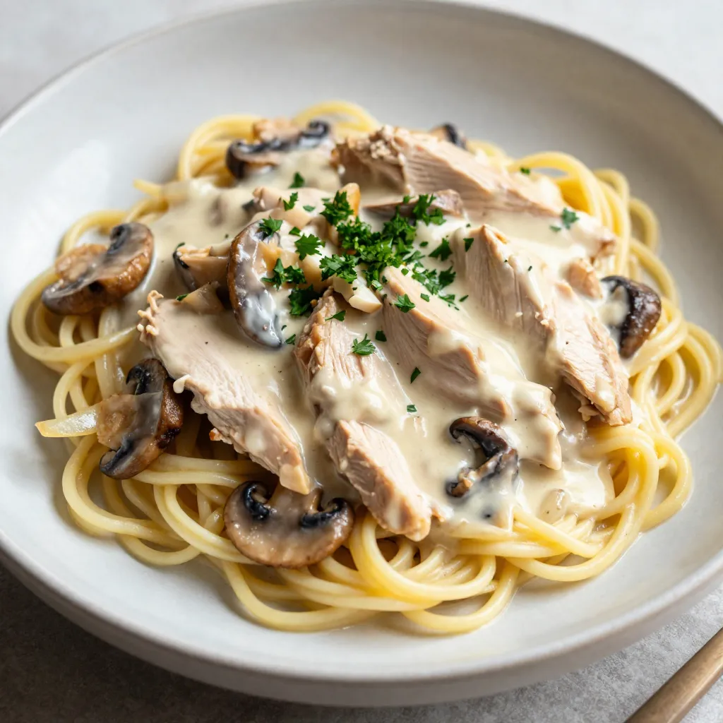 For creamy chicken stroganoff, you need: - 1 lb (450g) boneless, skinless chicken breasts, sliced thinly - 1 cup mushrooms, sliced (preferably cremini or button) - 1 medium onion, finely chopped - 2 cloves garlic, minced - 1 cup low-sodium chicken broth - 1 cup sour cream - 2 tablespoons flour - 2 tablespoons olive oil - 1 teaspoon Dijon mustard - Salt and black pepper to taste - Fresh parsley, chopped, for garnish - Cooked egg noodles or rice for serving If you lack any ingredients, don’t worry! Here are some easy swaps: - Use turkey instead of chicken for a leaner option. - Substitute any mushrooms with canned mushrooms or even spinach for a twist. - Swap sour cream with Greek yogurt for a healthier choice. - Use vegetable broth instead of chicken broth for a vegetarian version. - If you don't have Dijon mustard, try yellow mustard or omit it altogether. This dish serves about four people. Each serving has: - Calories: 450 - Protein: 30g - Carbohydrates: 35g - Fat: 20g - Fiber: 2g This creamy chicken stroganoff is not just tasty but also packed with protein. It’s perfect for a cozy dinner! {{ingredient_image_1}} First, gather your ingredients. You need 1 pound of boneless chicken breasts. Slice them thinly for even cooking. In a large skillet, heat 2 tablespoons of olive oil over medium heat. Add the chicken to the skillet. Season it with salt and black pepper. Cook the chicken for about 5 to 7 minutes. You want it to be lightly browned and cooked through. Once done, remove the chicken from the skillet and set it aside. Next, use the same skillet for your vegetables. Add 1 medium onion, finely chopped, and 2 cloves of minced garlic. Sauté them for about 2 to 3 minutes. You want the onions to become translucent. Then, add 1 cup of sliced mushrooms. I recommend using cremini or button mushrooms. Cook them for about 5 minutes. They should release moisture and turn golden brown. This adds great flavor to your dish. Now it’s time to make the sauce. Sprinkle 2 tablespoons of flour over the mushrooms. Mix well to coat them. Gradually stir in 1 cup of low-sodium chicken broth. Make sure to scrape any browned bits from the bottom of the skillet. This adds even more taste. Bring the mixture to a gentle simmer. Let it thicken for about 3 to 5 minutes. Now, reduce the heat to low. Stir in 1 cup of sour cream and 1 teaspoon of Dijon mustard. Mix until everything is combined. Return the cooked chicken to the skillet. Stir well and gently heat through for another 2 to 3 minutes. Do not let it boil. This ensures your sauce stays creamy and rich. To get a creamy sauce, use sour cream at room temperature. It will mix better. When adding it to the pan, do not let the sauce boil. Boiling can make it curdle. Stir gently and keep the heat low. If the sauce is too thick, add a splash of chicken broth. This will help you reach the perfect consistency. When cooking chicken, slice it thinly. Thin pieces cook faster and stay juicy. Season the chicken well with salt and pepper. This adds flavor right from the start. Cook the chicken over medium heat for about 5-7 minutes. Look for a light brown color. Once done, remove it from the heat to keep it tender. One common mistake is not sautéing the onions and garlic long enough. They should be soft and fragrant. Another mistake is skipping the flour. It helps thicken the sauce, giving it a nice texture. Do not rush the process! Take your time to let the flavors blend. Lastly, avoid overcooking the mushrooms. They should be golden brown, not mushy. Pro Tips Use Fresh Ingredients: Fresh chicken and mushrooms will enhance the flavor and texture of your stroganoff significantly. Adjust the Thickness: If you find the sauce too thick, simply add a splash of chicken broth to reach your preferred consistency. Flavor Boost: For an added depth of flavor, consider adding a splash of white wine to the sauce after sautéing the vegetables. Garnish Wisely: Fresh parsley not only adds color but also a fresh flavor that balances the richness of the dish. {{image_2}} You can switch up the protein in chicken stroganoff easily. If you prefer beef, use thinly sliced beef sirloin instead of chicken. Cook it the same way. For a lighter option, try turkey. Thinly slice turkey breast and follow the same steps. You can even use pork or shrimp for a unique twist. Each protein offers a different taste while still being creamy and delicious. You can enjoy a plant-based stroganoff too. Replace chicken with hearty vegetables like zucchini or bell peppers. Use mushrooms for that umami flavor. Instead of sour cream, try cashew cream or coconut cream for creaminess. Use vegetable broth in place of chicken broth. This vegan version tastes great and is still comforting. You won’t miss the meat at all. Want to boost the flavor? Add some spices like paprika or cayenne pepper for heat. Fresh herbs like thyme or rosemary add depth to the dish. You can also toss in some spinach or peas for added color and nutrition. A splash of white wine while cooking the mushrooms gives a lovely taste. Each tweak brings out new flavors, making your stroganoff special every time. To keep your creamy chicken stroganoff fresh, let it cool first. Then, place it in an airtight container. Store it in the fridge for up to three days. This dish tastes great even the next day! When you're ready to enjoy your leftovers, reheat them on the stove. Use low heat and stir often. If the sauce is too thick, add a little chicken broth. You can also microwave it in a bowl. Heat in short bursts, stirring in between. You can freeze creamy chicken stroganoff too! Just make sure it cools down fully. Use a freezer-safe container or bag. It will stay good for about two months. When you want to eat it, thaw it overnight in the fridge. Then, reheat it on the stove as mentioned above. Yes, you can use frozen chicken. Just make sure to thaw it first. You can do this overnight in the fridge or use the microwave if you're short on time. Once thawed, slice it thinly, as the recipe calls for. This ensures even cooking and flavor. Creamy chicken stroganoff pairs well with cooked egg noodles or rice. The sauce clings nicely to these carbs. You can also serve it with a fresh green salad or steamed vegetables. These sides add color and crunch to your meal. Yes, you can make a gluten-free version. Simply substitute the flour with gluten-free flour or cornstarch. Use gluten-free broth and ensure your sour cream is gluten-free too. This way, you can enjoy the same creamy goodness without the gluten. This blog post shared all you need for creamy chicken stroganoff. You learned the ingredients, step-by-step cooking tips, and ways to store leftovers. I highlighted tasty variations and answered common questions. Remember, the right ingredients and methods make a big difference. Enjoy experimenting with different proteins or flavors. With these tips and tricks, you can create a meal that everyone will love. Happy cooking!