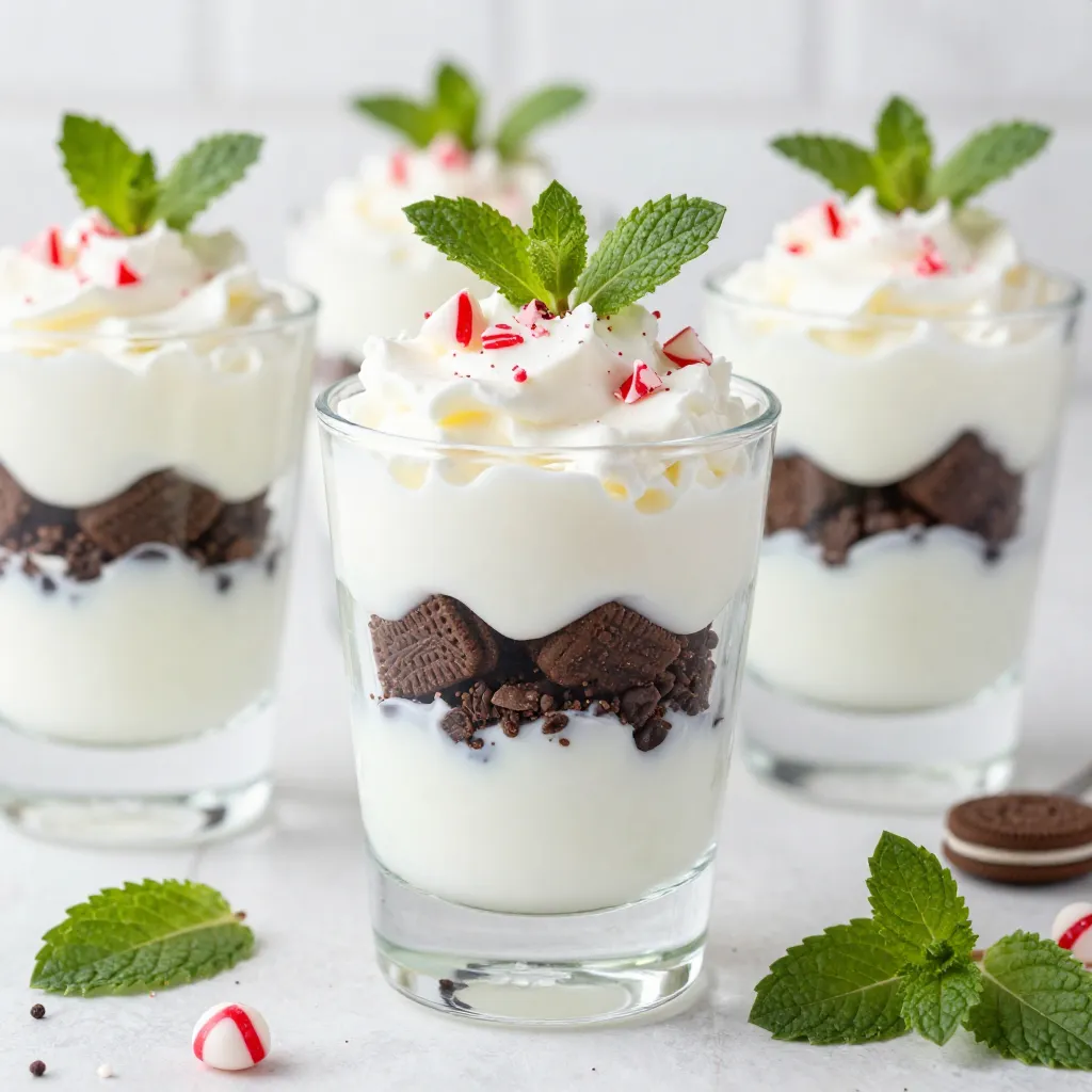 To make the perfect peppermint trifle cups, gather these ingredients: - 2 cups peppermint-flavored yogurt - 1 cup crushed chocolate sandwich cookies (like Oreos) - 1 cup whipped cream - 1/2 cup peppermint candy, crushed (plus extra for garnish) - 1 cup cooked vanilla pudding (store-bought or homemade) - Fresh mint leaves for garnish These simple ingredients create a delightful and festive dessert. The peppermint yogurt adds a refreshing flavor. The crushed cookies bring a rich, chocolatey taste. Whipped cream and vanilla pudding make everything light and creamy. Finally, the crushed peppermint candy gives a fun crunch. You can use fresh mint leaves for a nice touch. With these ingredients, you will create a treat everyone will love. {{ingredient_image_1}} Start by taking a large bowl. Add the peppermint-flavored yogurt to the bowl. Next, grab half of the crushed peppermint candy. Mix it gently with the yogurt. This step adds both flavor and festive spirit. In another bowl, fold together the whipped cream and cooked vanilla pudding. You want a fluffy texture here. Use a spatula to mix until it’s smooth. This mixture will give your trifle its creamy layer. Now, let’s build our trifle cups! Start with a scoop of the yogurt mixture. Place it at the bottom of each cup. Then, add a layer of the crushed chocolate sandwich cookies. This adds a nice crunch. Next, add the whipped cream and pudding mixture over the cookies. Repeat the layers: yogurt, cookies, and whipped cream. Keep going until the cups are nearly full. Finish with a dollop of whipped cream on top. Sprinkle the rest of the crushed peppermint candy over the whipped cream for that extra touch. Finally, chill the trifle cups in the fridge for at least 30 minutes. This allows all the flavors to mix. Before you serve, add fresh mint leaves for color and freshness. Enjoy your tasty creation! When you layer your trifle cups, start with your yogurt mixture. Use a spoon to scoop it gently into the cup. Be careful not to mash it down. This way, the layers stay nice and fluffy. Next, sprinkle on the crushed chocolate cookies. Make sure they cover the yogurt well. This adds crunch and flavor. After that, add the whipped cream and pudding mixture. Spread it evenly to create a smooth layer. Repeat this process until your cups are full. Always finish with whipped cream on top. This gives a lovely look! To get the best whipped cream, start with cold cream. Cold cream whips better and faster. Use a whisk or an electric mixer. Whip on medium speed until soft peaks form. This means the cream should hold a shape but still be smooth. Avoid over-whipping, as it can turn grainy. If that happens, you can add a little milk to fix it. Light and airy whipped cream makes your trifle taste great! You can change the flavors to make this dessert your own. Try using different yogurt, like vanilla or chocolate. For a fun twist, add a layer of fruit, like berries or bananas. You can also mix in flavored extracts, like vanilla or almond, into the whipped cream. Want it richer? Use chocolate pudding instead of vanilla. The options are endless! Just remember to keep the peppermint candy for that festive touch. Pro Tips Chill Your Ingredients: For a creamier texture, chill the yogurt, whipped cream, and pudding before assembling the trifle cups. Layering Technique: To create visually appealing layers, use a piping bag for the whipped cream and pudding mixture. Customizable Flavors: Feel free to substitute the peppermint yogurt with any other flavored yogurt for a different twist on the trifle. Serving Suggestions: These trifle cups can be made a day ahead and stored in the fridge; just add the mint leaves right before serving for freshness. {{image_2}} You can change the toppings to fit your taste. Try using fruit, like strawberries or blueberries, instead of peppermint candy. You can also use chocolate chips for a rich twist. Crushed nuts add a nice crunch. Just be sure to balance the sweetness with these toppings. If you need a gluten-free dessert, swap out the chocolate sandwich cookies. Use gluten-free cookies or make your own. You can find many recipes online. The rest of the ingredients, like yogurt and whipped cream, are often gluten-free, but check the labels to be sure. You can change this dessert for any holiday. For fall, add pumpkin spice to the yogurt. In summer, use fresh berries instead of mint. You can also use colored candies to match your party theme. This makes the trifle cups festive for any occasion. To keep your trifle cups fresh, cover them tightly with plastic wrap. This step prevents air from drying them out. You can also use an airtight container for better protection. Store the trifle cups in the refrigerator. This keeps the layers looking nice and fresh. Store peppermint-flavored yogurt in its original container in the fridge. Keep crushed chocolate cookies in a sealed bag to avoid moisture. Store whipped cream in an airtight container. If you made vanilla pudding, refrigerate it right after use. Crushed peppermint candy should stay in a cool, dry place. You can enjoy your trifle cups for up to three days. After that, the layers may start to lose their texture. The whipped cream can become watery, which is not ideal. Always check for any signs of spoilage before eating. Yes, you can make peppermint trifle cups a day ahead. Just keep them in the fridge. This helps the flavors blend well. The layers stay fresh and tasty. Just add the mint leaves right before serving. If you can't find peppermint yogurt, use plain yogurt instead. Add a few drops of peppermint extract for flavor. You can also mix in some crushed peppermint candy. This gives you that festive taste. Making homemade whipped cream is easy. Start with heavy cream. Pour one cup into a bowl. Use a mixer and beat it until soft peaks form. Add sugar and vanilla for sweetness. Keep mixing until you like the texture. Yes, you can use non-dairy yogurt and whipped cream. Look for coconut or almond-based options. They work well in this recipe. Just check the flavor to make sure it fits your taste. This blog post covered a delicious peppermint trifle cup recipe. You learned about the key ingredients and step-by-step instructions. We explored tips for perfect layers and cream. I shared fun ways to customize your treat and alternatives for special diets. Remember to store leftovers properly to keep them fresh. This dessert is easy to make and sure to impress. Enjoy your trifle cups at any gathering or treat yourself!