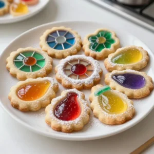 To make stained glass cookies, gather these simple ingredients: - 2 &frac34; cups all-purpose flour - 1 teaspoon baking powder - &frac12; teaspoon salt - 1 cup unsalted butter, softened - 1 cup granulated sugar - 1 large egg - 1 teaspoon vanilla extract - 1 cup assorted fruit-flavored hard candies, crushed - Optional: Colorful food coloring, powdered sugar for dusting Each ingredient plays a key role in creating these fun treats. The all-purpose flour gives the cookies structure. Baking powder helps them rise and become light. Salt balances the sweetness. Softened butter and granulated sugar blend together to form a rich base. The egg adds moisture and binds everything. Vanilla extract brings out the flavor, making each bite delightful. The crushed hard candies are the star of the show. They melt in the center, creating a beautiful stained glass look. You can choose your favorite flavors to make the cookies unique. Adding food coloring can make the dough even more festive. Dusting with powdered sugar after baking adds a sweet touch. These ingredients come together to craft a colorful and delicious treat that everyone will love. {{ingredient_image_1}} 1. Preheat your oven to 350&deg;F (175&deg;C). Line two baking sheets with parchment paper. 2. In a medium bowl, whisk together 2 &frac34; cups flour, 1 teaspoon baking powder, and &frac12; teaspoon salt. Set this mix aside. 3. In a large bowl, cream together 1 cup softened butter and 1 cup granulated sugar. Mix for about 3 minutes until it&rsquo;s light and fluffy. 1. Beat in 1 large egg and 1 teaspoon vanilla extract until smooth. 2. Gradually add the dry mix to the wet mix. You may need to use your hands to form the dough. 3. Divide the dough in half. You can add food coloring to one part for a fun effect. 4. Roll each piece of dough between two sheets of parchment paper to about &frac14; inch thick. Chill in the fridge for 30 minutes. 1. Once chilled, use cookie cutters to cut out shapes. Use a smaller cutter to cut a window in the center of each cookie. 2. Place the cookies on the lined baking sheets. 3. Crush the assorted hard candies and fill the center of each cut-out cookie with the candy pieces. 4. Bake for 8-10 minutes. Look for lightly golden edges and melted candy. 5. Let the cookies cool completely on the baking sheets. Transfer them to a wire rack. If you like, dust with powdered sugar for extra sweetness. To make your stained glass cookies shine, focus on cutting and filling. Use a sharp cookie cutter for clean shapes. After cutting, use a smaller cutter to make the window. This step is key for that glassy look. For bright colors, I recommend using fruit-flavored hard candies. Jolly Ranchers work great. They melt well and create vibrant hues. Crush the candies into small pieces. This ensures even melting and a nice fill. Chill the dough before cutting. This makes it easier to handle. Chilling keeps the shapes intact while baking. Aim for at least 30 minutes in the fridge. Add a fun touch with edible glitter or sprinkles. These can make your cookies sparkle. Just sprinkle them on before baking. It&rsquo;s an easy way to elevate your cookies. If you plan to gift these treats, try creative packaging. Use clear bags tied with ribbons. This gives a lovely view of the colorful cookies. You can also place them in decorative boxes. For displaying cookies, think outside the box. Arrange them on a bright platter. Add some sprinkles around them for extra flair. This makes your cookie display pop and grabs attention. Pro Tips Chill the Dough: Chilling the dough for at least 30 minutes helps the cookies maintain their shape while baking and makes them easier to roll out. Use Quality Candies: Select high-quality fruit-flavored hard candies for vibrant colors and flavors. Jolly Ranchers work great! Creative Shapes: Get creative with your cookie shapes! Use seasonal cookie cutters for holidays or fun designs for parties. Glaze for Shine: For an extra shiny finish, brush the cooled cookies with a light glaze made from powdered sugar and milk. {{image_2}} You can change the flavor of your stained glass cookies easily. Instead of vanilla extract, try using almond or lemon extract. These flavors add a nice twist to the cookies. You can also play with the hard candies. Use different fruit flavors like cherry, grape, or lime. Each candy adds its own color and taste. Mixing flavors can surprise your taste buds! The shapes of your cookies can be fun and festive. Use cookie cutters to create seasonal shapes for holidays. Think hearts for Valentine's Day or stars for the Fourth of July. You can also create themed cookie designs. For example, make snowflakes for winter or flowers for spring. Get creative and let your imagination guide you! To keep your stained glass cookies fresh, use an airtight container. It helps to keep moisture out. You can stack the cookies in layers, placing parchment paper between them. This prevents sticking. Store the cookies at room temperature for the best taste. They stay good for about 5 days. If you want them to last longer, consider freezing them. To freeze stained glass cookies, first let them cool completely. Place them in a single layer on a baking sheet. Freeze them for about an hour. Once frozen, transfer the cookies to an airtight freezer bag. Squeeze out as much air as you can. They can stay frozen for up to three months without losing flavor. When you are ready to enjoy them, thaw the cookies at room temperature. This keeps the texture soft and nice. Avoid using a microwave as it can make them too chewy. Enjoy your colorful treats later! Stained glass cookies are fun and colorful treats. They have a special window made of melted candy. When you bake them, the candy melts and looks like stained glass. You use cookie dough to create the cookie shape. The result is a sweet and eye-catching dessert. Kids and adults love them! Yes, you can use many types of candies for these cookies. Try hard candies like Life Savers, butterscotch, or even peppermint. Just crush them into small pieces first. Each candy gives a different color and taste. This way, your cookies can have many flavors and looks! To stop candy overflow, do not overfill the cookie cut-outs. Fill them about halfway with crushed candy. This lets the candy melt without spilling out. You can also chill the cookies before baking. This helps the dough stay firm and prevents too much melting. Making stained glass cookies is fun and rewarding. We explored the key ingredients, detailed steps, and creative tips to enhance your cookie-making experience. Remember, using vibrant candies and chilling your dough are essential for success. Don&rsquo;t be afraid to try different flavors or shapes to make these cookies your own. With the right techniques, you can impress friends and family with your beautiful creations. Now, gather your ingredients and start baking delicious stained glass cookies today!