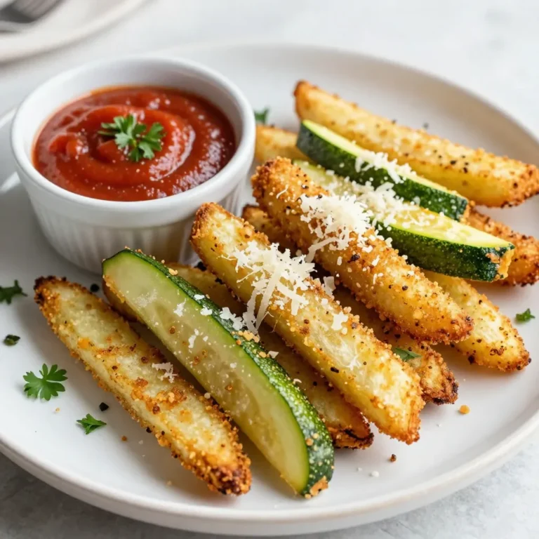 - Zucchinis: You’ll need 3 medium zucchinis. Choose firm ones for the best fries. - Breadcrumbs: Use 1 cup of panko breadcrumbs for extra crunch. They give a nice texture. - Parmesan Cheese: Grab 1/2 cup of grated Parmesan cheese. Freshly grated is best for flavor. - Eggs: You’ll want 2 large eggs. They help the coating stick to the zucchini. - Spices: Add 1 teaspoon of garlic powder and 1 teaspoon of onion powder. Also, include 1/2 teaspoon of paprika for a mild kick. - Seasoning: Use salt and pepper to taste. They enhance the overall flavor. - Cooking Spray: Lightly spray the fries before cooking. This helps them brown and crisp up nicely. Each ingredient plays a key role in making your zucchini fries tasty and crunchy. Choosing fresh ingredients makes a big difference in flavor. Happy cooking! {{ingredient_image_1}} Start by preheating your air fryer to 400°F (200°C). This step takes about 5 minutes. A hot fryer helps the zucchini fries cook evenly and become crispy. Wash 3 medium zucchinis well under cool water. Dry them with a towel. Cut each zucchini into fry-shaped strips, about 1/4 inch thick. Try to keep them the same size for even cooking. In a medium bowl, beat 2 large eggs until smooth. In another bowl, mix 1 cup of breadcrumbs, 1/2 cup of grated Parmesan cheese, 1 teaspoon of garlic powder, 1 teaspoon of onion powder, 1/2 teaspoon of paprika, salt, and pepper. Take each zucchini strip and dip it into the egg. Let any extra egg drip off. Next, coat it in the breadcrumb mix. Press down a bit to make sure the crumbs stick well. Place the coated zucchini fries in a single layer in the air fryer basket. Make sure they do not touch. Lightly spray the tops with cooking spray for better browning. Cook for about 10-12 minutes. Flip the fries halfway through cooking. They should be golden brown and crispy when done. Carefully take them out and let them rest for a few minutes before serving. To get the best crunch, I recommend using panko breadcrumbs. They create a light, airy texture. Regular breadcrumbs can work, but they might not give the same crispiness. Be sure to use cooking spray when air frying. A light spray helps the fries brown evenly and become extra crunchy. Cutting your zucchinis into even strips is key. Aim for about 1/4 inch thick. This size helps them cook uniformly. If the fries are too thick, they may not crisp up well. If they are too thin, they might burn. Take your time with this step for the best results. Serve these fries with your favorite dipping sauces. Marinara sauce is a classic choice and adds great flavor. Garlic aioli is another tasty option. For a fresh touch, sprinkle some chopped parsley on top before serving. It adds color and a burst of flavor! Pro Tips Choose the Right Zucchini: Opt for medium-sized zucchinis that are firm and have a vibrant green color for the best texture and flavor. Adjusting Crunch Level: If you prefer extra crunch, consider double-dipping your zucchini fries in the egg and breadcrumb mixture. Experiment with Seasonings: Feel free to customize the flavor by adding different spices like Italian seasoning or red pepper flakes to the breadcrumb mix. Resting Time: Allow the fries to rest for a few minutes after cooking to maintain their crispiness before serving. {{image_2}} You can easily change the taste of your zucchini fries. Try adding Italian herbs for a classic twist. Mix in chili powder for some heat. A sprinkle of lemon zest can also brighten the flavor. Feel free to get creative! Consider adding a pinch of cumin or smoked paprika for a different flair. These small changes can make a big difference in taste. If you're looking for vegetarian or vegan options, you have choices. Replace the eggs with a flaxseed or chia seed mix. Simply mix one tablespoon of seeds with three tablespoons of water. Let it sit for a few minutes to thicken. For cheese, use nutritional yeast or a vegan cheese alternative. These swaps keep the flavors while fitting your diet. Switching up the coating can add new textures. Instead of breadcrumbs, try crushed nuts like almonds or walnuts. They add a delicious crunch! You can also use crushed cornflakes for a different twist. For a gluten-free option, look for gluten-free breadcrumbs or ground oats. Experimenting with coatings can lead to exciting new flavors and textures in your fries. To keep your zucchini fries fresh, place them in an airtight container. Make sure they cool down first. Store them in the fridge for up to three days. This keeps the fries from getting soggy and helps maintain flavor. If you have a lot, consider dividing them into smaller portions. This makes it easier to grab a quick snack later. To reheat your zucchini fries while keeping them crispy, use the air fryer again. Set it to 375°F (190°C) and cook for about 5 minutes. This method helps regain that crunch you loved. You can also use an oven. Preheat it to 375°F (190°C) and place the fries on a baking sheet for about 10 minutes. Avoid using the microwave, as it makes them soft and chewy. If you want to freeze your zucchini fries, first let them cool completely. Arrange them in a single layer on a baking sheet and freeze until solid. Then, transfer them to a freezer-safe bag or container. They can last up to three months in the freezer. When you’re ready to enjoy them, just air fry them straight from the freezer at 400°F (200°C) for about 12-15 minutes. No need to thaw! Yes, you can! If you do not have an air fryer, use your oven. Preheat your oven to 425°F (220°C). Place the breaded zucchini fries on a baking sheet. Use parchment paper for easy cleanup. Bake for about 20-25 minutes. Flip them halfway to ensure even cooking. They will be crispy and tasty, just like in the air fryer. Look for a golden brown color. They should feel crispy on the outside. Use a fork to test one. The inside should be tender, not mushy. If they do not look done, air fry or bake for a few more minutes. Trust your eyes and your taste! Absolutely! You can use eggplant, sweet potatoes, or carrots. Cut them into fry shapes like the zucchini. Adjust the cooking time, as some vegetables may need more or less time. Be creative and try different veggies for fun flavors. In this blog post, we explored how to make crispy air-fried zucchini fries. We covered ingredients, step-by-step cooking instructions, and tips for perfect fries. You learned about seasoning options, preparing, and storing leftovers. Lastly, we discussed variations for flavor and dietary needs. With these methods, you can enjoy healthy, tasty snacks. Happy cooking with your air fryer!
