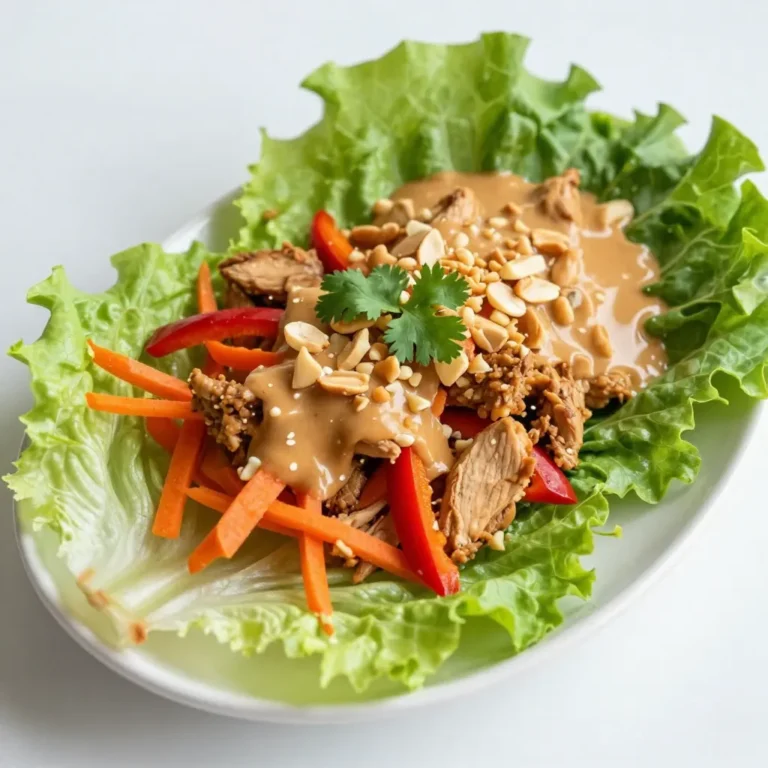 To make Thai Peanut Chicken Lettuce Wraps, gather these ingredients: - 1 lb ground chicken - 1 tablespoon vegetable oil - 2 cloves garlic, minced - 1 tablespoon fresh ginger, grated - 1 red bell pepper, finely chopped - 1 cup shredded carrots - 1/4 cup green onions, sliced - 1/2 cup unsalted peanut butter - 2 tablespoons soy sauce - 1 tablespoon lime juice - 1 tablespoon honey - 1 teaspoon chili garlic sauce (adjust to taste) - 1 head of butter lettuce or iceberg lettuce leaves, separated - Chopped peanuts and cilantro for garnish These ingredients come together to create a tasty, crunchy, and fresh meal. If you lack any ingredients, here are some simple swaps: - Use turkey or pork instead of ground chicken for a new flavor. - Swap vegetable oil with olive oil for a healthier fat. - If you don't have fresh ginger, use ground ginger (1/4 teaspoon). - For a different crunch, try using cucumbers instead of bell peppers. - Use almond butter instead of peanut butter for a nut-free version. These swaps keep the dish tasty while accommodating your pantry. For the best flavors, consider where to buy ingredients: - Find fresh ground chicken at local butcher shops or grocery stores. - Look for organic produce at farmer’s markets for the best quality. - Purchase high-quality peanut butter at health food stores for a richer taste. - Your local grocery store usually carries fresh herbs like cilantro. Sourcing quality ingredients will elevate your wraps and make them extra special. {{ingredient_image_1}} Start by gathering all your ingredients. You will need ground chicken, garlic, ginger, bell pepper, carrots, green onions, and peanut butter. Measure out the soy sauce, lime juice, honey, and chili garlic sauce. Have your lettuce ready too. Next, mince the garlic and grate the ginger. Chop the red bell pepper and slice the green onions. Shred the carrots if you haven't done so. This makes cooking easier and quicker. Heat a large skillet over medium heat. Add the vegetable oil and let it warm up. Once hot, add the minced garlic and ginger. Sauté them for about 1 minute until they smell great. Now, add the ground chicken to the skillet. Cook it for 5 to 7 minutes. Break it apart with a spoon as it cooks. When it's brown, stir in the chopped red bell pepper and shredded carrots. Cook for 3 to 4 more minutes until the veggies soften. While the chicken and veggies cook, make the peanut sauce. In a small bowl, whisk together the peanut butter, soy sauce, lime juice, honey, and chili garlic sauce. Mix until smooth and creamy. Pour this peanut sauce over the chicken mixture. Stir well to coat every piece. Cook for 2 more minutes to heat everything through. Finally, remove the skillet from the heat and stir in the sliced green onions. To serve, take a lettuce leaf and spoon some of the chicken mixture into it. You can top it with chopped peanuts and fresh cilantro. This adds extra flavor and crunch. Enjoy the wraps fresh for the best taste. To make your chicken great, use ground chicken. It cooks fast and stays juicy. Heat your skillet on medium. Add vegetable oil, garlic, and ginger first. This step builds flavor. Cook garlic and ginger for just one minute. Then, add your ground chicken. Break it apart as it cooks. Aim for a nice brown color, which takes about 5-7 minutes. When mixing in the veggies, keep them crunchy. This adds texture to your wraps. For the peanut sauce, use smooth peanut butter. It blends better into the mix. In a bowl, whisk peanut butter with soy sauce, lime juice, honey, and chili garlic sauce. This mix should be creamy and rich. Adjust the chili garlic sauce to your taste. If you want more heat, add a bit more. If you like it mild, use less. This sauce is key for flavor in your wraps. When you're ready to serve, pick fresh lettuce. Butter or iceberg lettuce works best. Lay out leaves on a plate. Spoon the chicken mix into the center of each leaf. Don’t overfill; you want to wrap them easily. Top with chopped peanuts and cilantro for extra crunch and flavor. To eat, fold the lettuce around the filling. Enjoy fresh, tasty bites that burst with flavor! Pro Tips Use Fresh Ingredients: Always opt for fresh vegetables and herbs to enhance the flavor of your wraps. Adjust Spice Level: Modify the amount of chili garlic sauce to suit your heat preference; start with less and add more if desired. Serve Immediately: For the best texture, serve the chicken mixture immediately in the lettuce leaves to keep them crisp. Store Separately: If making ahead, store the chicken mixture and lettuce leaves separately to maintain freshness. {{image_2}} You can easily make these wraps vegetarian or vegan. Replace the ground chicken with a mix of tofu and mushrooms. Use firm tofu for a good texture. Crumble it and cook it like the chicken. For a vegan sauce, swap honey for agave syrup. This change keeps the sweet flavor while keeping it plant-based. If you want to try different proteins, ground turkey or beef work well. Both give a nice taste and texture. You can also use shrimp for a seafood twist. Just cook them until they turn pink. Adjust the cooking time as needed, since shrimp cooks faster than chicken. These wraps taste great with fresh herbs. Try adding mint or basil for extra flavor. You can also mix in some sliced jalapeños for heat. For added crunch, sprinkle some chopped peanuts on top. A squeeze of lime juice brightens the dish and adds freshness. To store leftovers, let the chicken cool down. Place it in an airtight container. You can keep it in the fridge for up to three days. This helps keep the flavors fresh. When you're ready to eat, just take it out. If you want to freeze the chicken, use a freezer-safe bag. Make sure to remove as much air as you can. This helps prevent freezer burn. You can store it for up to three months. Just label the bag with the date. This way, you know when to use it. To reheat, use a skillet over low heat. Add a splash of water or broth to keep it moist. Stir it for about five minutes until warmed through. You can also use the microwave. Heat it in short bursts of 30 seconds. Stir in between to ensure even heating. Enjoy your tasty wraps again! You can use many other veggies for wraps. Try rice paper, cabbage leaves, or even large slices of cucumber. These options add crunch and are fun to eat. You can also use tortilla wraps for a different twist. Each choice gives a unique taste and texture. Yes, you can make the peanut sauce ahead of time. Just mix the peanut butter, soy sauce, lime juice, honey, and chili garlic sauce as instructed. Store it in an airtight container in the fridge. It stays fresh for about a week. This makes meal prep easy and quick. The spice level depends on how much chili garlic sauce you use. If you want it less spicy, use less sauce. For more heat, add extra sauce. You can also top the wraps with sliced fresh chilies for added heat. Adjust the spice to fit your taste. You can customize the filling to your liking. Swap ground chicken for turkey, beef, or tofu. Add more veggies like mushrooms, zucchini, or bean sprouts for crunch. You can also mix in herbs like mint or basil for fresh flavor. Make it your own! This blog post covered essential ingredients and the step-by-step process for making Thai peanut chicken lettuce wraps. You learned about ingredient substitutions and where to find the best sources. Cooking tips helped you perfect your chicken and peanut sauce. You also discovered vegetarian options and how to store leftovers. Remember, with these wraps, you can mix and match flavors as you like. Enjoy making this tasty dish for friends and family!