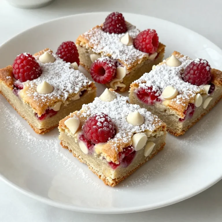- 1 cup unsalted butter, melted - 1 ½ cups brown sugar, packed - 2 large eggs - 2 teaspoons vanilla extract - 2 cups all-purpose flour - 1 teaspoon baking powder - ½ teaspoon salt - 1 cup white chocolate chips - 1 cup fresh raspberries (or frozen, thawed) Using unsalted butter is key. It gives you control over the salt in the blondies. Brown sugar adds a rich flavor and moisture. Fresh raspberries give a bright taste and pretty color. If you use frozen raspberries, thaw them first to avoid extra moisture in your batter. You can swap unsalted butter for coconut oil for a dairy-free option. Light brown sugar works best, but dark brown sugar is fine too. If you want a different flavor, try using dark chocolate chips instead of white. For a berry twist, you can use blueberries or chopped strawberries. {{ingredient_image_1}} First, gather your ingredients. You will need: - 1 cup unsalted butter, melted - 1 ½ cups brown sugar, packed - 2 large eggs - 2 teaspoons vanilla extract - 2 cups all-purpose flour - 1 teaspoon baking powder - ½ teaspoon salt - 1 cup white chocolate chips - 1 cup fresh raspberries (or frozen, thawed) Preheat your oven to 350°F (175°C). Grease a 9x13 inch baking dish. You can also line it with parchment paper. This makes it easy to remove the blondies later. In a large bowl, mix the melted butter and brown sugar. Whisk it until it looks smooth and glossy. Then, add the eggs one at a time. Mix well after each egg. Stir in the vanilla extract to add flavor. In another bowl, whisk the flour, baking powder, and salt. Gradually mix the dry ingredients into the wet mixture. Stop mixing as soon as they combine. This step keeps your blondies soft. Now, gently fold in the white chocolate chips and raspberries. Be careful not to crush the raspberries too much. This keeps the pieces whole and adds beautiful pops of color. Pour the batter into your prepared baking dish. Use a spatula to spread it out evenly. Place it in the oven and bake for 25-30 minutes. Check for doneness with a toothpick. It should come out clean, but a few moist crumbs are okay. When the blondies are done, take them out and let them cool in the pan for about 10 minutes. After that, transfer them to a cooling rack. Let them cool completely before cutting. Once cool, cut the blondies into squares. To make them look even nicer, dust with powdered sugar before serving. You can also add a few fresh raspberries on top for a pop of color and freshness. Enjoy your sweet creations! To bake perfect blondies, use room temperature ingredients. This helps the butter and sugar blend well. Make sure to mix the batter until it is just combined. Over-mixing can lead to tough blondies. Use good quality white chocolate chips for the best flavor. I recommend using fresh raspberries when possible. They add a nice burst of flavor. One common mistake is not greasing the pan well. This can make the blondies stick. You can also line the pan with parchment paper for easy removal. Another mistake is baking too long. Keep an eye on them. A toothpick should come out with a few moist crumbs, not clean. For a beautiful presentation, dust the blondies with powdered sugar before serving. Add a few fresh raspberries on top for color. You can serve them warm with a scoop of vanilla ice cream. This adds a nice touch. If you want to impress your guests, drizzle some melted white chocolate over them. It looks great and tastes even better! Pro Tips Use Room Temperature Eggs: For better incorporation, use eggs that are at room temperature; this helps create a smoother batter. Don’t Overmix the Batter: When combining dry and wet ingredients, mix just until combined to keep your blondies soft and chewy. Quality Chocolate Chips Matter: Use high-quality white chocolate chips for richer flavor and better melting. Let Them Cool Completely: Allowing the blondies to cool completely will help them set properly and make cutting easier. {{image_2}} You can change up the flavors for your blondies. Try adding nuts for crunch. Chopped pecans or walnuts pair well with white chocolate. You could also use different fruits. Blueberries or strawberries work great too. For a fun twist, mix in some coconut flakes. This adds a tropical feel to your treat. Want gluten-free blondies? Use almond flour or gluten-free flour. They will still taste amazing! If you're looking for vegan options, swap the eggs for flax eggs. To make a flax egg, mix one tablespoon of ground flaxseed with three tablespoons of water. Let it sit until it gets thick. Use coconut oil instead of butter for a vegan fat. Make your blondies seasonal! In fall, add pumpkin spice for a warm flavor. During winter, try peppermint extract for a festive touch. You can also mix in orange zest for a bright, citrus flavor in spring. Summer is perfect for adding fresh berries. Each season brings new ideas to keep your blondies exciting! Store your white chocolate raspberry blondies in an airtight container. This keeps them fresh and moist. You can stack them with parchment paper between layers to avoid sticking. If you have leftover blondies, keep them at room temperature for up to three days. If you want to store them longer, consider freezing. To freeze blondies, first let them cool completely. Then, cut them into squares. Wrap each square tightly in plastic wrap. Place the wrapped squares in a freezer-safe bag or container. This helps prevent freezer burn. You can freeze blondies for up to three months. When ready to enjoy, just thaw them at room temperature or heat them briefly in the microwave. The shelf life of your blondies depends on how you store them. At room temperature, they last up to three days. If stored in the fridge, they can last about a week. To keep the flavors fresh, avoid exposing them to heat or moisture. Always check for any signs of spoilage before eating. If they smell off or look different, it’s best to discard them. Enjoy your treats at their best! Blondies and brownies are both delicious treats, but they are not the same. Blondies use brown sugar and have a light color. They taste sweet and buttery. Brownies use cocoa powder and are darker with rich chocolate flavor. Blondies are often more cake-like, while brownies are fudgy. Yes, you can use frozen raspberries. Just remember to thaw them first. Drain any extra juice before adding them to the batter. This keeps your blondies from getting too soggy. Frozen raspberries are perfect when fresh ones are not in season. To check if your blondies are done, insert a toothpick in the center. If it comes out clean or with a few moist crumbs, they are ready. If there is wet batter on the toothpick, bake them a bit longer. Remember, blondies should not be overbaked; they need to stay soft and chewy. In this post, we covered the key ingredients, step-by-step baking process, and useful tips for making blondies. We explored variations for different diets and shared storage methods to keep them fresh. Remember, blondies are sweeter and have a unique texture compared to brownies. With this knowledge, you can create amazing treats. Enjoy baking, experimenting, and sharing your delicious blondies with family and friends. Happy baking!
