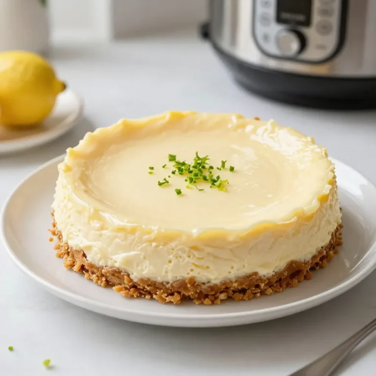 To make a delightful Instant Pot lemon cheesecake, gather these simple ingredients: - 1 ½ cups graham cracker crumbs - ½ cup unsalted butter, melted - 2 tablespoons sugar - 16 oz cream cheese, softened - 1 cup granulated sugar - 3 large eggs - 1/4 cup sour cream - 1/4 cup fresh lemon juice - Zest of 2 lemons - 1 teaspoon vanilla extract - Pinch of salt Each ingredient plays a key role. The graham cracker crumbs create a tasty base. The butter helps bind the crumbs together. Sugar sweetens the crust and filling. Cream cheese gives the cheesecake its creamy texture. Lemon juice and zest provide a bright, fresh flavor. Sour cream adds richness and tang. Eggs help set the cheesecake as it cooks. Vanilla extract rounds out the flavors, while salt enhances the sweetness. You can find these ingredients in most grocery stores. Keep them on hand for a quick and easy dessert that impresses! {{ingredient_image_1}} To make the crust, gather your ingredients first. In a medium bowl, mix 1 ½ cups of graham cracker crumbs, ½ cup of melted unsalted butter, and 2 tablespoons of sugar. Stir until it looks like wet sand. Press this mixture firmly into the bottom of a 7-inch springform pan. Make sure it forms an even layer. This crust will be the base for your creamy cheesecake. Now, let’s make the filling. In a large mixing bowl, beat 16 oz of softened cream cheese and 1 cup of granulated sugar together. Mix until it’s smooth and creamy. Next, add 3 large eggs one at a time, mixing well after each addition. This step ensures a fluffy texture. Then, mix in ¼ cup of sour cream, ¼ cup of fresh lemon juice, the zest of 2 lemons, 1 teaspoon of vanilla extract, and a pinch of salt. Beat until everything is well combined and smooth. After making the filling, pour it carefully over the prepared crust in the springform pan. Use a spatula to smooth the top. Next, prepare your Instant Pot by pouring 1 cup of water into the inner pot. Place a trivet in the pot and set the springform pan on top of it. Secure the lid and set the Instant Pot to high pressure for 30 minutes. After cooking, let the pressure release naturally for 10 minutes before doing a quick release. Once done, let the cheesecake cool to room temperature. Then, refrigerate for at least 4 hours or overnight. This chilling time helps set the cheesecake perfectly. To get a smooth cheesecake, use room temperature cream cheese. Cold cream cheese makes lumps. Beat the cream cheese and sugar well, until it is creamy. Add eggs one by one. Mix gently after each egg. This helps keep air in the batter. The air creates a light texture. After adding lemon juice and zest, mix just until smooth. Do not overmix; that can make it dense. One common mistake is not preparing the crust properly. Press the graham cracker mix firmly into the pan. A loose crust may crumble when you slice it. Another mistake is not letting the cheesecake cool. If you cut too soon, it may fall apart. Always chill the cheesecake for at least four hours. Lastly, avoid skipping the natural pressure release. This step helps prevent cracks on the surface. Serve your cheesecake chilled for the best taste. You can garnish it with lemon slices or fresh berries. Whipped cream adds a nice touch, too! For a twist, drizzle honey or a fruit sauce on top. Pair your cheesecake with a cup of tea or coffee for a delightful dessert experience. Pro Tips Use Room Temperature Cream Cheese: Ensure your cream cheese is at room temperature to achieve a smooth and creamy filling without lumps. Don’t Overmix: When adding eggs to the mixture, mix just until combined to avoid incorporating too much air, which can cause cracks during baking. Cool Gradually: Allow the cheesecake to cool to room temperature before refrigerating. This gradual cooling helps prevent cracks. Garnish Creatively: Enhance the presentation by garnishing with fresh berries, edible flowers, or a drizzle of lemon curd for a pop of color and flavor. {{image_2}} You can change the flavor of your cheesecake. Try using different citrus fruits like lime or orange. You can also add chocolate for a rich taste. Just mix in cocoa powder or melted chocolate with the filling. This gives a fun twist to the classic lemon cheesecake. If you have dairy issues, use a dairy-free cream cheese. You can find this in stores now. For a gluten-free crust, swap graham crackers for gluten-free cookies or nuts. These changes keep the cheesecake tasty while fitting your needs. Toppings can make your cheesecake shine. Fresh berries like strawberries or blueberries add color and flavor. You can also use a dollop of whipped cream or a drizzle of chocolate sauce. For a zesty kick, add more lemon zest on top. These garnishes will wow your guests and enhance every bite. After you slice your cheesecake, store leftovers in the fridge. Place the slices in an airtight container. This keeps the cheesecake fresh for up to 5 days. You can also cover it tightly with plastic wrap. This method helps keep moisture in and stops it from drying out. To freeze your cheesecake, first let it cool completely. Wrap it well in plastic wrap. Then, place it in a freezer bag or a tight container. This way, it can last up to 3 months in the freezer. When you want to enjoy it again, just thaw it overnight in the fridge. You can enjoy your cheesecake cold, but if you want it warm, reheat it gently. Use the microwave, but heat it in short bursts. Start with 10 seconds, then check if it’s warm enough. Avoid heating too long, as it can make the cheesecake lose its creamy texture. Yes, you can make this cheesecake in a traditional oven. To do this, preheat your oven to 325°F (163°C). Prepare the crust and filling as described above. Pour the filling over the crust in your springform pan. Then, bake for 45-55 minutes or until the edges set. The center may still be jiggly, which is okay. Let it cool before chilling in the fridge. This cheesecake stays fresh for about 5-7 days when stored properly. Keep it covered with plastic wrap or in an airtight container. If you want to enjoy it later, remember to check for any signs of spoilage before serving. If you need a swap for cream cheese, try using mascarpone cheese or ricotta cheese. Both offer a creamy texture and a mild flavor. You can also use vegan cream cheese as a dairy-free option. Adjust the sweetness if needed, as some alternatives may be sweeter. This blog post covered the key parts of making a delicious cheesecake. We explored the simple ingredients needed, from graham crackers to fresh lemons. I shared clear steps for making and cooking your cheesecake, along with tips for perfect texture. We also discussed fun variations and how to store leftovers. Cheesecake is easy to make and enjoy in many ways. With these steps, you'll impress anyone who tastes your treat. Grab your ingredients and get started; your cheesecake awaits!