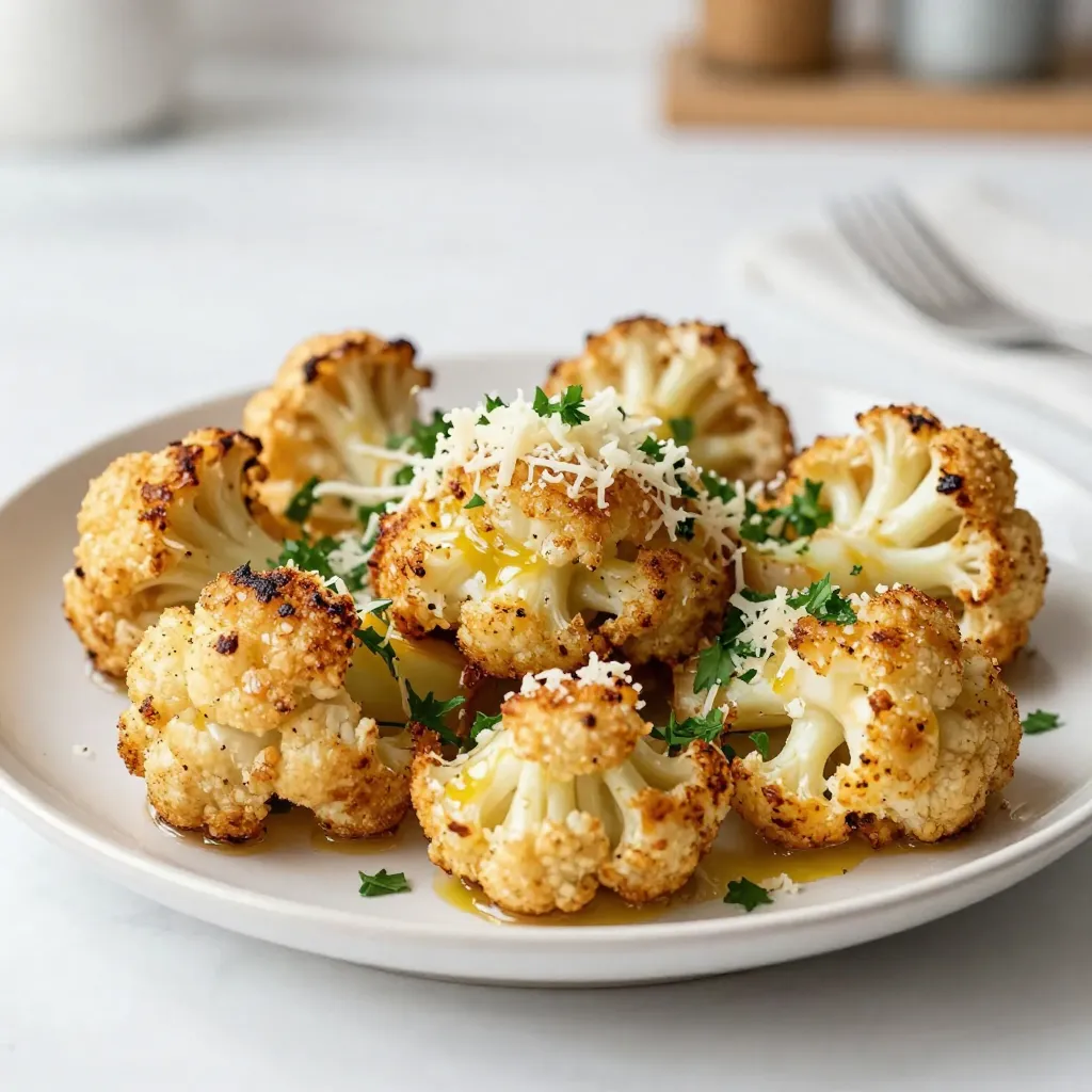 - 1 large head of cauliflower, cut into florets - 4 tablespoons olive oil - 4 cloves garlic, minced - 1/2 cup grated Parmesan cheese - 1 teaspoon garlic powder - 1 teaspoon onion powder - 1/2 teaspoon paprika - Salt and pepper to taste - Fresh parsley, chopped (for garnish) Measuring ingredients right helps your dish taste great. Use dry measuring cups for solids and liquid cups for liquids. Make sure your measuring spoons are level for dry spices. If you need substitutes, use coconut oil instead of olive oil. You can swap Parmesan for nutritional yeast for a dairy-free option. Cauliflower is low in calories and high in nutrients. It is a great source of vitamins C and K. One serving has about 100 calories, 7 grams of carbohydrates, and 4 grams of protein. This dish is rich in fiber, which aids digestion and keeps you full. Plus, it’s a great way to enjoy veggies while getting essential nutrients. {{ingredient_image_1}} 1. Preheat your oven to 425°F (220°C). This high heat helps the cauliflower get crispy. 2. Cut a large head of cauliflower into florets. Try to make them even in size. This helps them cook evenly. 1. In a big bowl, mix the cauliflower florets with 4 tablespoons of olive oil. 2. Add 4 minced cloves of garlic, 1 teaspoon of garlic powder, 1 teaspoon of onion powder, and 1/2 teaspoon of paprika. 3. Sprinkle with salt and pepper. Toss everything well until the cauliflower is coated. 1. Spread the seasoned cauliflower on a baking sheet lined with parchment paper. 2. Roast in the oven for about 25 minutes. Stir halfway through to ensure even cooking. The cauliflower should be tender and golden brown. 3. Take the baking sheet out and sprinkle 1/2 cup of grated Parmesan cheese over the florets. 4. Put it back in the oven for another 5-7 minutes. The cheese should melt and get crispy. Now, your Garlic Parmesan Roasted Cauliflower is almost ready! Enjoy the rich flavors and great texture. To achieve the perfect roast texture, start by cutting the cauliflower into even florets. This helps them cook at the same rate. Toss the florets well with olive oil and seasonings. Make sure each piece is coated. This step helps create a crispy outside while keeping the inside tender. Roast at 425°F (220°C). This high heat gives the best results. To avoid soggy cauliflower, do not crowd the baking sheet. Spread the florets evenly. If they touch, steam will form, making them mushy. Stir halfway through cooking to ensure even roasting. Adding spices can give your dish more depth. Try some smoked paprika for a nice twist. A pinch of cayenne can add heat. Mix in herbs like thyme or rosemary for extra flavor. Balsamic glaze or lemon juice can brighten the dish. Drizzle some on before serving. This adds a fresh note that complements the melt-in-your-mouth cheese. Pair your roasted cauliflower with proteins like grilled chicken or fish. It also works well with grains like quinoa or rice. Serve alongside a crisp salad for a balanced meal. For a beautiful presentation, use a vibrant dish. Garnish with fresh parsley for a pop of color. Drizzle a bit of olive oil on top for extra shine. This makes it look even more appetizing. Pro Tips Choose Fresh Cauliflower: Select a firm and compact head of cauliflower for the best flavor and texture. Enhance Flavor with Herbs: Consider adding dried herbs like oregano or thyme for an aromatic twist. Monitor Roasting Time: Keep an eye on the cauliflower to prevent burning; every oven is different. Serve Immediately: For the best taste and texture, serve the roasted cauliflower right after it comes out of the oven. {{image_2}} If you want to change the cheese, try mozzarella. Mozzarella melts well and adds a nice stretch. For a vegan option, use nutritional yeast. It gives a cheesy flavor without dairy. You can spice things up with red pepper flakes. This adds heat and makes the dish lively. Try mixing in Herbs de Provence or Italian seasoning for a fresh twist. These herbs bring a fragrant taste that pairs well with the garlic. Garlic Parmesan roasted cauliflower can shine as a main dish. Just add a grain like quinoa or rice. You can also toss it in a salad for a crunchy boost. It works great in wraps, bringing flavor to your lunch. Want to elevate your pizza? Use it as a topping, and watch your friends ask for more! To store leftovers properly, let the Garlic Parmesan Roasted Cauliflower cool first. Place it in an airtight container. This keeps the flavor fresh. You can store it in the fridge for up to three days. Glass containers work well, as they do not stain or hold odors. For the best reheating method, use the oven. Preheat your oven to 350°F (175°C). Spread the cauliflower on a baking sheet. This helps it stay crispy. Heat for about 10-15 minutes. If you're in a hurry, you can use a microwave, but it may become soggy. To avoid drying out, cover the dish with a damp paper towel while reheating. Yes, you can freeze Garlic Parmesan Roasted Cauliflower! To do this, let it cool completely. Place it in a freezer-safe bag or container. Remove as much air as possible before sealing. It can last up to three months in the freezer. When ready to eat, thaw it in the fridge overnight. Reheat it in the oven to regain its crispy texture. How long does it take to roast cauliflower? It takes about 25 minutes to roast cauliflower until it's tender and golden. For the best taste, stir it halfway through. Can I use frozen cauliflower for this recipe? Yes, you can use frozen cauliflower. Just make sure to thaw it and drain excess moisture before roasting. Is this dish gluten-free? Yes, Garlic Parmesan Roasted Cauliflower is naturally gluten-free. It uses no gluten-containing ingredients. Can it be made dairy-free? Yes, you can make it dairy-free. Substitute the Parmesan with a dairy-free cheese or nutritional yeast. What to do if my cauliflower is too mushy? If your cauliflower is mushy, it likely roasted too long. Next time, check it at 20 minutes. Why didn't my cheese get crispy? If the cheese didn’t get crispy, it might need more time. Ensure your oven is hot enough and check it after 5 minutes. This blog post guides you through making Garlic Parmesan Roasted Cauliflower. We covered the simple ingredients, clear measurements, and step-by-step instructions to ensure success. I shared tips for perfect roasting and variations to suit your taste. Plus, I included storage advice and answers to common questions. Now, you can enjoy this tasty dish in many ways. Try it tonight for a healthy and satisfying meal! Your friends and family will love it.