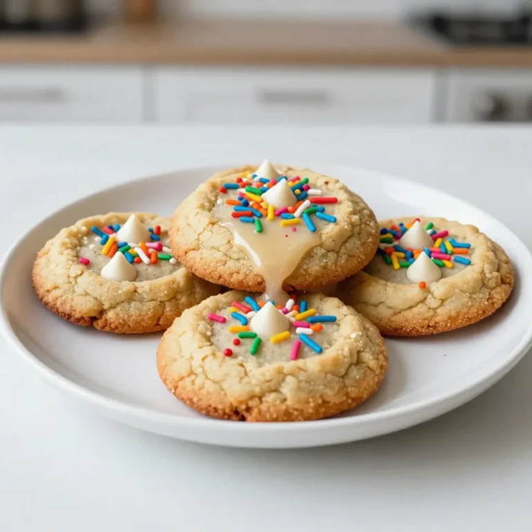 To make Funfetti Birthday Cake Cookies, you need to gather some key ingredients. These items create a soft and sweet cookie that will brighten any celebration. - 1 cup unsalted butter, softened - 1 cup granulated sugar - 1 cup brown sugar, packed - 2 large eggs - 2 teaspoons vanilla extract - 3 cups all-purpose flour - 1 teaspoon baking soda - 1/2 teaspoon salt - 1 cup rainbow sprinkles (plus extra for topping) - 1/2 cup white chocolate chips (optional) Each ingredient plays an important role. The unsalted butter gives the cookies a rich base. Both sugars add sweetness and help with texture. Eggs bind the dough and create a soft center. Vanilla extract adds a lovely flavor that complements the sprinkles. All-purpose flour provides the structure needed for cookies. Baking soda helps them rise and gives a nice texture. Salt balances the sweetness and enhances flavor. Rainbow sprinkles are the star of the show, making your cookies fun and festive. Adding white chocolate chips is optional, but they add another layer of sweetness. Gather these ingredients, and you will be ready to bake some joyful treats! {{ingredient_image_1}} First, set your oven to 350°F (175°C). This heat helps the cookies bake evenly. While the oven warms up, line two baking sheets with parchment paper. This will keep the cookies from sticking. In a large bowl, add the softened butter, granulated sugar, and brown sugar. Use a mixer to cream these together. Mix until the blend is light and fluffy. Next, add the eggs one at a time. Make sure to mix well after each egg. Then, stir in the vanilla extract. This gives your cookies a rich flavor. Grab another bowl and whisk together the flour, baking soda, and salt. Mixing these dry ingredients first ensures even distribution. Once mixed, slowly add the dry ingredients to the wet mixture. Stir until just combined. Be careful not to over-mix, or your cookies may be tough. Now it’s time to add the fun! Fold in the rainbow sprinkles and white chocolate chips, if you're using them. These add great color and sweetness. Using a cookie scoop or a tablespoon, drop rounded balls of dough onto the prepared sheets. Make sure to space them about 2 inches apart. Top each cookie with extra sprinkles for a festive touch. Place the baking sheets in the preheated oven. Bake for 10-12 minutes. Watch closely as the edges turn lightly golden. The centers may look soft, but they will firm up as they cool. After baking, take the cookies out and let them cool on the sheet for about 5 minutes. Then, transfer them to a wire rack to cool completely. For a fun presentation, serve the cookies on a colorful platter. You can use birthday-themed decorations or candles to make it extra special. Enjoy your sweet treats! To get the perfect cookie, start with softened butter. It blends well with sugars. Cream them together until fluffy. This step makes your cookies light. Don't overmix the dough after adding flour. Mix just until combined. This keeps your cookies soft. For chewy cookies, slightly underbake them. The edges should be golden, and centers soft. They will firm up as they cool. Not all sprinkles are the same. I love using rainbow sprinkles for a festive look. They add color and fun to your cookies. Look for high-quality sprinkles that won’t bleed color. You can also use nonpareils or confetti sprinkles. Just remember, the more, the merrier! Add extra sprinkles on top before baking. This makes the cookies look extra special. If you have extra dough, it’s easy to store. Shape the dough into balls and place them on a tray. Freeze them for about an hour. Once firm, transfer to a zip-top bag. Label the bag with the date. You can keep it in the freezer for up to three months. When you're ready, bake straight from the freezer. Just add a minute or two to the baking time. Pro Tips Chill the Dough: For thicker cookies, chill the dough for at least 30 minutes before baking. This helps them maintain their shape and prevents spreading. Use Fresh Sprinkles: Ensure your rainbow sprinkles are fresh for the brightest colors and best texture in your cookies. Old sprinkles can lose their vibrancy. Customize Your Add-Ins: Feel free to swap out white chocolate chips for milk or dark chocolate, or add nuts or dried fruits for a different flavor profile. Perfect Baking Time: Keep an eye on your cookies in the oven; every oven is different. Remove them when the edges are golden, and the centers look slightly underbaked for the best texture. {{image_2}} You can make gluten-free funfetti cookies easily. Just swap the all-purpose flour for a gluten-free blend. Look for a mix that has xanthan gum. This helps the cookies hold their shape. The taste stays yummy, and the texture remains soft. To make these cookies vegan, replace eggs with flax eggs. Mix 1 tablespoon of flaxseed meal with 2.5 tablespoons of water. Let it sit for five minutes. Use dairy-free butter and a plant-based milk too. The cookies will still taste great and be perfect for any celebration. Feel free to get creative with mix-ins. You can add nuts like walnuts or pecans for a crunchy twist. Or try adding mini marshmallows for a fun, chewy bite. Experiment with different flavors of chips, like peanut butter or dark chocolate. Each mix-in will give a new taste to your cookies. To keep your Funfetti Birthday Cake Cookies fresh, place them in an airtight container. This helps to keep moisture in and air out. Line the bottom of the container with parchment paper. Add a layer of cookies, then another piece of parchment. Continue layering until you fill the container. This method prevents cookies from sticking together. You can freeze these cookies for later enjoyment. Cool them completely before freezing. Place the cookies in a single layer on a baking sheet and freeze for about an hour. Once frozen, transfer them to a freezer bag. Squeeze out as much air as possible before sealing. You can freeze them for up to three months. To keep your cookies fresh longer, store them in a cool, dry place. Avoid direct sunlight, as heat can cause them to dry out. If you want to keep them soft, add a slice of bread to the container. The bread will help keep the cookies moist. Remember to change the bread every few days for best results. Yes, you can use margarine instead of butter. Margarine works well, but the taste may change slightly. Butter gives a richer flavor, while margarine is often lighter. If you decide to use margarine, choose a stick variety. This helps keep the texture similar to butter. To make the cookies more colorful, add extra rainbow sprinkles. You can mix in different colors for a fun look. You can also use colored sugar or edible glitter. These toppings add a festive touch and make the cookies pop. The best way to soften butter quickly is to cut it into small cubes. Place the cubes in a bowl at room temperature for about 10 minutes. You can also microwave it for 5 to 10 seconds on low power. Keep an eye on it to avoid melting. You can store Funfetti Birthday Cake Cookies in an airtight container. They stay fresh for about one week at room temperature. If you want to keep them longer, store them in the fridge for up to two weeks. You can also freeze them for up to three months. Yes, you can use chocolate chips instead of white chocolate. Dark or milk chocolate chips also work well. This swap adds a different flavor to the cookies. Feel free to mix and match different types of chips for a fun twist. We covered all the essential steps to make perfect Funfetti Birthday Cake Cookies. Start with simple ingredients and follow the clear instructions. Don't forget the tips for texture and storage. You can even try fun variations tailored to your needs. Baking should be enjoyable and easy! So grab your ingredients and get baking. You'll create tasty cookies that everyone will love!
