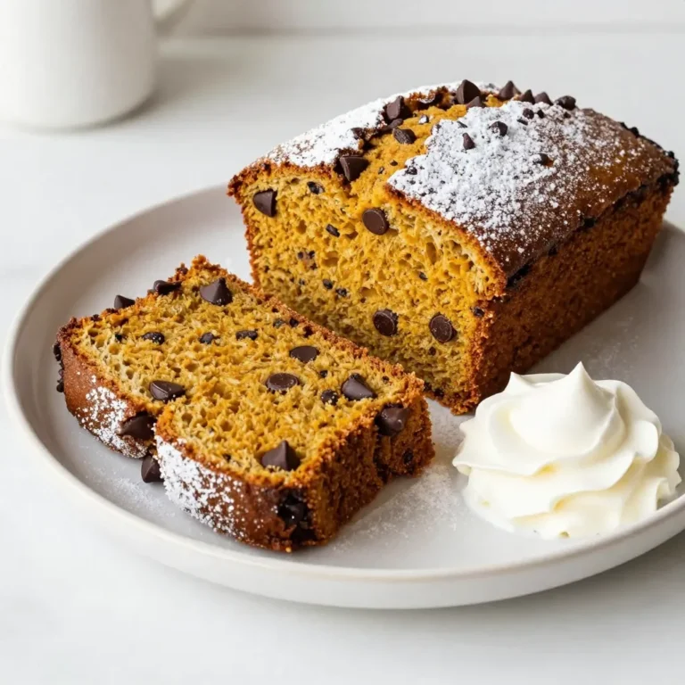 To make Chocolate Chip Pumpkin Bread, you need these key items: - 1 cup canned pumpkin puree - 1/2 cup unsweetened applesauce - 1/2 cup brown sugar, packed - 1/4 cup granulated sugar - 1/2 cup vegetable oil - 2 large eggs - 1 teaspoon vanilla extract - 1 1/2 cups all-purpose flour - 1 teaspoon baking soda - 1/2 teaspoon baking powder - 1 teaspoon ground cinnamon - 1/2 teaspoon ground nutmeg - 1/4 teaspoon ground ginger - 1/4 teaspoon salt - 1 cup semi-sweet chocolate chips These ingredients create a moist and rich bread that captures fall flavors. You can add a few fun twists to your bread. Consider these options: - 1/2 cup chopped nuts, like walnuts or pecans - 1/2 cup dried fruit, like raisins or cranberries - 1/2 teaspoon of vanilla or almond extract for more flavor Using these extras can make your bread unique and exciting. If you have allergies or dietary needs, here are some swaps: - Use coconut oil instead of vegetable oil for a different taste. - Replace eggs with flaxseed meal mixed with water for a vegan option. - Use gluten-free flour for a gluten-free version. Each substitution can help you enjoy this delicious recipe without worry. {{ingredient_image_1}} First, preheat your oven to 350°F (175°C). Grease a 9x5 inch loaf pan. You can also line it with parchment paper for easy removal. In a large mixing bowl, combine 1 cup of canned pumpkin puree, 1/2 cup of unsweetened applesauce, 1/2 cup of brown sugar, and 1/4 cup of granulated sugar. Add 1/2 cup of vegetable oil, 2 large eggs, and 1 teaspoon of vanilla extract. Whisk until the mix is smooth and creamy. In another bowl, sift together 1 1/2 cups of all-purpose flour, 1 teaspoon of baking soda, 1/2 teaspoon of baking powder, 1 teaspoon of ground cinnamon, 1/2 teaspoon of ground nutmeg, 1/4 teaspoon of ground ginger, and 1/4 teaspoon of salt. Gradually add this dry mix to the wet mix. Use a spatula to fold gently until just combined. Be careful not to overmix; this keeps the bread light. Now, gently fold in 1 cup of semi-sweet chocolate chips. Make sure they are evenly spread through the batter. Pour the batter into your prepared loaf pan and smooth the top with a spatula. Place the loaf pan in the preheated oven. Bake for 55-60 minutes. To check if it is done, insert a toothpick into the center. If it comes out clean, the bread is ready. If it has batter on it, bake a little longer. Keep an eye on it to prevent burning. After baking, let the bread cool in the pan for about 10 minutes. Then, carefully transfer it to a wire rack to cool completely. To serve, slice the bread and place it on a wooden board. A dusting of powdered sugar adds a nice touch. You can also add a few chocolate chips and a dollop of whipped cream on the side for extra flair. Enjoy your delicious Chocolate Chip Pumpkin Bread! To get the best texture in your chocolate chip pumpkin bread, follow these tips: - Use room temperature eggs. This helps the batter mix well. - Don't overmix the batter. Mix just until combined for softness. - Adding semi-sweet chocolate chips makes each bite rich and sweet. - Make sure to measure flour correctly. Too much can make it dense. Here are some common mistakes to avoid: - Skipping the sifting step can lead to lumps. Sift your dry ingredients well. - Using too much baking soda can make the bread rise too fast. Stick to the recipe! - Not checking for doneness can lead to doughy bread. Use a toothpick to test. - Forgetting to grease the pan can make it stick. Always grease or line with parchment. To boost the flavor of your pumpkin bread, try these spices: - Ground cinnamon adds warmth and sweetness. It's a must-have! - Ground nutmeg brings a cozy, nutty taste. Use it sparingly for balance. - Ground ginger gives a spicy kick. Just a bit enhances the flavor profile. - You can also add a pinch of allspice for extra depth. Experiment and find your favorite blend! Pro Tips Use Fresh Spices: For the best flavor, opt for freshly ground spices instead of pre-ground ones. They pack a more potent punch and enhance the overall taste of the bread. Check Your Baking Powder: Ensure your baking powder is fresh and active for the bread to rise properly. An expired baking powder can lead to dense bread. Cool Completely Before Slicing: Allow the bread to cool completely on a wire rack before slicing to achieve cleaner cuts and avoid a gummy texture. Experiment with Mix-Ins: Feel free to add nuts, dried cranberries, or even white chocolate chips for a unique twist on this classic recipe. {{image_2}} Add nuts for a crunch! I love using walnuts or pecans. They give a great texture. Just chop them into small pieces. Mix in about half a cup with your chocolate chips. This adds a nice nutty flavor that pairs well with pumpkin. Want a gluten-free version? It’s simple! Swap out all-purpose flour for a gluten-free flour blend. Look for one that has xanthan gum in it. This helps with the bread's structure and texture. It will taste just as good! You can make this bread healthier too. To go sugar-free, use a sugar substitute like stevia or monk fruit. For a dairy-free option, replace chocolate chips with dairy-free chips. You can also use almond milk in place of any dairy. These swaps keep the bread tasty while fitting your diet. To keep your chocolate chip pumpkin bread fresh, wrap it well. Use plastic wrap or aluminum foil. You can also place it in an airtight container. Store it at room temperature for up to three days. If you want it to last longer, refrigerate it. This helps keep the moisture in. You can freeze this pumpkin bread for later. First, let it cool completely. Then, wrap it tightly in plastic wrap. After that, place it in a freezer bag. Be sure to remove as much air as possible. Label the bag with the date. It can last up to three months in the freezer. When ready to eat, thaw it in the fridge overnight. To reheat your chocolate chip pumpkin bread, slice it first. Place the slices in a toaster or oven. Heat at 350°F for about 10 minutes. You can also use the microwave for quick heating. Just heat for about 15-20 seconds. This keeps the bread soft and warm. Enjoy it fresh with a little butter or whipped cream. To check if the bread is done, insert a toothpick into the center. If it comes out clean, your bread is ready. This usually takes about 55 to 60 minutes in the oven. Trust your nose, too; if it smells sweet and warm, it's likely done! Yes, you can make this bread without eggs. Use 1/4 cup of unsweetened applesauce for each egg. This keeps the texture moist and soft. You can also try a flaxseed meal. Mix 1 tablespoon of flaxseed meal with 2.5 tablespoons of water. Let it sit for a few minutes before adding. You can add many tasty things to your bread! Here are a few ideas: - 1/2 cup chopped nuts like walnuts or pecans - 1/2 cup dried fruits like cranberries or raisins - 1/2 teaspoon of instant coffee for a mocha twist - Pumpkin seeds sprinkled on top before baking for crunch Chocolate Chip Pumpkin Bread stays fresh for about 3 to 4 days at room temperature. Keep it wrapped in plastic wrap or in an airtight container. If you want it to last longer, freeze it! It will keep well for about 3 months in the freezer. Just slice it before freezing for easy serving later. You learned how to make delicious Chocolate Chip Pumpkin Bread with ease. We covered key ingredients, step-by-step instructions, and helpful tips. You can even try fun variations and store your bread properly. Remember to avoid common mistakes for the best texture. With these insights, you can make this treat perfectly every time. Enjoy baking and sharing your tasty creation!