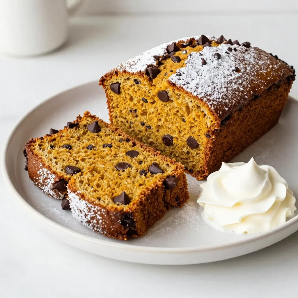 To make Chocolate Chip Pumpkin Bread, you need these key items: - 1 cup canned pumpkin puree - 1/2 cup unsweetened applesauce - 1/2 cup brown sugar, packed - 1/4 cup granulated sugar - 1/2 cup vegetable oil - 2 large eggs - 1 teaspoon vanilla extract - 1 1/2 cups all-purpose flour - 1 teaspoon baking soda - 1/2 teaspoon baking powder - 1 teaspoon ground cinnamon - 1/2 teaspoon ground nutmeg - 1/4 teaspoon ground ginger - 1/4 teaspoon salt - 1 cup semi-sweet chocolate chips These ingredients create a moist and rich bread that captures fall flavors. You can add a few fun twists to your bread. Consider these options: - 1/2 cup chopped nuts, like walnuts or pecans - 1/2 cup dried fruit, like raisins or cranberries - 1/2 teaspoon of vanilla or almond extract for more flavor Using these extras can make your bread unique and exciting. If you have allergies or dietary needs, here are some swaps: - Use coconut oil instead of vegetable oil for a different taste. - Replace eggs with flaxseed meal mixed with water for a vegan option. - Use gluten-free flour for a gluten-free version. Each substitution can help you enjoy this delicious recipe without worry. {{ingredient_image_1}} First, preheat your oven to 350°F (175°C). Grease a 9x5 inch loaf pan. You can also line it with parchment paper for easy removal. In a large mixing bowl, combine 1 cup of canned pumpkin puree, 1/2 cup of unsweetened applesauce, 1/2 cup of brown sugar, and 1/4 cup of granulated sugar. Add 1/2 cup of vegetable oil, 2 large eggs, and 1 teaspoon of vanilla extract. Whisk until the mix is smooth and creamy. In another bowl, sift together 1 1/2 cups of all-purpose flour, 1 teaspoon of baking soda, 1/2 teaspoon of baking powder, 1 teaspoon of ground cinnamon, 1/2 teaspoon of ground nutmeg, 1/4 teaspoon of ground ginger, and 1/4 teaspoon of salt. Gradually add this dry mix to the wet mix. Use a spatula to fold gently until just combined. Be careful not to overmix; this keeps the bread light. Now, gently fold in 1 cup of semi-sweet chocolate chips. Make sure they are evenly spread through the batter. Pour the batter into your prepared loaf pan and smooth the top with a spatula. Place the loaf pan in the preheated oven. Bake for 55-60 minutes. To check if it is done, insert a toothpick into the center. If it comes out clean, the bread is ready. If it has batter on it, bake a little longer. Keep an eye on it to prevent burning. After baking, let the bread cool in the pan for about 10 minutes. Then, carefully transfer it to a wire rack to cool completely. To serve, slice the bread and place it on a wooden board. A dusting of powdered sugar adds a nice touch. You can also add a few chocolate chips and a dollop of whipped cream on the side for extra flair. Enjoy your delicious Chocolate Chip Pumpkin Bread! To get the best texture in your chocolate chip pumpkin bread, follow these tips: - Use room temperature eggs. This helps the batter mix well. - Don't overmix the batter. Mix just until combined for softness. - Adding semi-sweet chocolate chips makes each bite rich and sweet. - Make sure to measure flour correctly. Too much can make it dense. Here are some common mistakes to avoid: - Skipping the sifting step can lead to lumps. Sift your dry ingredients well. - Using too much baking soda can make the bread rise too fast. Stick to the recipe! - Not checking for doneness can lead to doughy bread. Use a toothpick to test. - Forgetting to grease the pan can make it stick. Always grease or line with parchment. To boost the flavor of your pumpkin bread, try these spices: - Ground cinnamon adds warmth and sweetness. It's a must-have! - Ground nutmeg brings a cozy, nutty taste. Use it sparingly for balance. - Ground ginger gives a spicy kick. Just a bit enhances the flavor profile. - You can also add a pinch of allspice for extra depth. Experiment and find your favorite blend! Pro Tips Use Fresh Spices: For the best flavor, opt for freshly ground spices instead of pre-ground ones. They pack a more potent punch and enhance the overall taste of the bread. Check Your Baking Powder: Ensure your baking powder is fresh and active for the bread to rise properly. An expired baking powder can lead to dense bread. Cool Completely Before Slicing: Allow the bread to cool completely on a wire rack before slicing to achieve cleaner cuts and avoid a gummy texture. Experiment with Mix-Ins: Feel free to add nuts, dried cranberries, or even white chocolate chips for a unique twist on this classic recipe. {{image_2}} Add nuts for a crunch! I love using walnuts or pecans. They give a great texture. Just chop them into small pieces. Mix in about half a cup with your chocolate chips. This adds a nice nutty flavor that pairs well with pumpkin. Want a gluten-free version? It’s simple! Swap out all-purpose flour for a gluten-free flour blend. Look for one that has xanthan gum in it. This helps with the bread's structure and texture. It will taste just as good! You can make this bread healthier too. To go sugar-free, use a sugar substitute like stevia or monk fruit. For a dairy-free option, replace chocolate chips with dairy-free chips. You can also use almond milk in place of any dairy. These swaps keep the bread tasty while fitting your diet. To keep your chocolate chip pumpkin bread fresh, wrap it well. Use plastic wrap or aluminum foil. You can also place it in an airtight container. Store it at room temperature for up to three days. If you want it to last longer, refrigerate it. This helps keep the moisture in. You can freeze this pumpkin bread for later. First, let it cool completely. Then, wrap it tightly in plastic wrap. After that, place it in a freezer bag. Be sure to remove as much air as possible. Label the bag with the date. It can last up to three months in the freezer. When ready to eat, thaw it in the fridge overnight. To reheat your chocolate chip pumpkin bread, slice it first. Place the slices in a toaster or oven. Heat at 350°F for about 10 minutes. You can also use the microwave for quick heating. Just heat for about 15-20 seconds. This keeps the bread soft and warm. Enjoy it fresh with a little butter or whipped cream. To check if the bread is done, insert a toothpick into the center. If it comes out clean, your bread is ready. This usually takes about 55 to 60 minutes in the oven. Trust your nose, too; if it smells sweet and warm, it's likely done! Yes, you can make this bread without eggs. Use 1/4 cup of unsweetened applesauce for each egg. This keeps the texture moist and soft. You can also try a flaxseed meal. Mix 1 tablespoon of flaxseed meal with 2.5 tablespoons of water. Let it sit for a few minutes before adding. You can add many tasty things to your bread! Here are a few ideas: - 1/2 cup chopped nuts like walnuts or pecans - 1/2 cup dried fruits like cranberries or raisins - 1/2 teaspoon of instant coffee for a mocha twist - Pumpkin seeds sprinkled on top before baking for crunch Chocolate Chip Pumpkin Bread stays fresh for about 3 to 4 days at room temperature. Keep it wrapped in plastic wrap or in an airtight container. If you want it to last longer, freeze it! It will keep well for about 3 months in the freezer. Just slice it before freezing for easy serving later. You learned how to make delicious Chocolate Chip Pumpkin Bread with ease. We covered key ingredients, step-by-step instructions, and helpful tips. You can even try fun variations and store your bread properly. Remember to avoid common mistakes for the best texture. With these insights, you can make this treat perfectly every time. Enjoy baking and sharing your tasty creation!