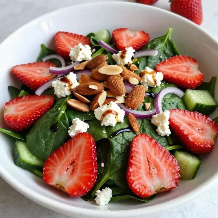 - 6 cups fresh baby spinach, washed and dried - 1 ½ cups strawberries, hulled and sliced - ½ cup cucumber, diced - ¼ cup red onion, finely sliced - ½ cup feta cheese, crumbled - ¼ cup sliced almonds, toasted - ¼ cup balsamic vinegar - 3 tablespoons olive oil - 1 tablespoon honey - Salt and pepper to taste When I think about a summer salad, I think of fresh and bright flavors. This salad starts with baby spinach. It offers a crisp, green base. You want to wash and dry it well. Next, we add strawberries. They bring a sweet burst of flavor. Slice them up, and watch the color pop! Next, we have cucumber. Diced cucumber adds a cool crunch. Then, there’s red onion, finely sliced. It brings a sharp taste that balances the sweetness of the fruit. Now, let’s talk about the toppings. Feta cheese adds creaminess. Crumble it over the salad to create little bursts of flavor. Toasted sliced almonds give a nutty crunch. They add a great texture that you will love. For the dressing, we use balsamic vinegar, olive oil, and honey. This mix creates a sweet and tangy sauce. It ties all the ingredients together. Don't forget salt and pepper for extra flavor. Gather these simple ingredients, and you will create a beautiful, colorful salad. Enjoy the freshness in every bite! {{ingredient_image_1}} To start, grab a small bowl. Add the balsamic vinegar, olive oil, honey, salt, and pepper. Use a whisk to mix these ingredients well. It should blend smoothly. Once done, set the dressing aside. This lets the flavors develop while you prepare the salad. Now, take a large mixing bowl. Add the fresh baby spinach, sliced strawberries, diced cucumber, and finely sliced red onion. These ingredients create a colorful and tasty mix. Next, drizzle the dressing over the salad ingredients. Gently toss everything together, making sure each piece gets some dressing. Be careful not to break the spinach. Now for the fun part! Sprinkle the crumbled feta cheese and toasted sliced almonds on top of the salad. This adds a nice crunch and creaminess. Give it one last gentle toss to blend in the toppings. Serve immediately for the best taste. If you want, you can refrigerate it for up to 30 minutes. This helps the flavors meld together. Enjoy your fresh and vibrant Strawberry Spinach Summer Salad! - Selecting ripe strawberries: Look for bright red strawberries. They should feel firm and have a sweet scent. Avoid any with brown spots or mushy areas. - Ensuring spinach is crisp: Choose baby spinach with vibrant green leaves. The leaves should be fresh and free from yellowing or wilting. Store it in a cool place to keep it crisp. - Suggested seasonings: For more taste, add a pinch of garlic powder or a squeeze of lemon juice. These will lift the flavors in the salad without overpowering them. - Additional toppings: Consider adding sliced avocado or grilled chicken for more texture and protein. You can also sprinkle some herbs like basil or cilantro for extra freshness. - Serving in a salad bowl: Use a large, clear salad bowl to show off the bright colors of the salad. This makes it look more inviting. - Garnishing with mint leaves: Adding fresh mint leaves on top gives a pop of color. It also adds a refreshing flavor that pairs well with the strawberries. Pro Tips Fresh Ingredients: Always use fresh, high-quality ingredients for the best flavor in your salad. Toast Your Nuts: Toasting the sliced almonds enhances their flavor and adds a nice crunch to the salad. Chill Before Serving: Letting the salad sit in the refrigerator for 30 minutes before serving allows the flavors to meld beautifully. Variations: Feel free to add other fruits like blueberries or peaches for a delicious twist on this summer salad. {{image_2}} You can make your salad even better with extra fruits. Try adding blueberries or raspberries for a fun twist. These berries not only taste great, but they also add color. You can also add protein for more energy. Grilled chicken is a classic option. If you want a plant-based choice, chickpeas work well too. They add a nice crunch and fill you up. The dressing can change the whole salad. You can make your own at home. Mix olive oil, lemon juice, and a bit of mustard for a zesty flavor. Or, you can use store-bought dressings. Look for balsamic vinaigrettes or honey mustard dressings. These options can save time while still adding great taste. If you need vegan or dairy-free options, skip the feta cheese. Try using avocado instead for creaminess. For gluten-free eaters, ensure your dressing is gluten-free. Most oils and vinegars are safe. Just check the labels to be sure. You can enjoy this salad no matter your diet! Store any leftover salad in the fridge. Use an airtight container to keep it fresh. Avoid using metal containers, as they can react with the salad. Glass or plastic containers work best. The salad stays fresh for about one day in the fridge. To keep the ingredients crisp, store the dressing separately. This way, the spinach and strawberries won’t get soggy. If you plan to eat it later, add the toppings just before serving. You won't need to reheat this salad. It is meant to be enjoyed cold. If you want to use leftovers, consider adding them to a wrap or sandwich. Mix the salad into a grain bowl for a hearty meal. Yes, you can make this salad ahead of time. To prepare it in advance, follow these tips: - Prep the ingredients: Wash and slice the strawberries and cucumber. - Store separately: Keep the salad dressing and salad ingredients separate. - Mix before serving: Toss everything together just before you eat. This keeps the spinach fresh and crisp. If you need a substitute for feta cheese, here are some options: - Goat cheese: It has a similar texture and tangy flavor. - Cottage cheese: This is a lighter option, but it works well. - Vegan cheese: Look for dairy-free options made from nuts or soy. You can easily change the serving size. Here’s how: - For more people: Simply double or triple each ingredient. - For fewer people: Cut the ingredients in half. - Use your own judgment: Adjust based on your guests' appetite. This blog post explored fresh and tasty salad ideas. We talked about key ingredients, like baby spinach, strawberries, and feta cheese. I shared easy steps for making your dressing and tossing the salad. You learned tips for choosing ripe produce and ways to make your salad stand out. Remember, you can mix it up with different fruits or dressings. Keep leftovers fresh, or use them in new meals. Enjoy your salad journey!