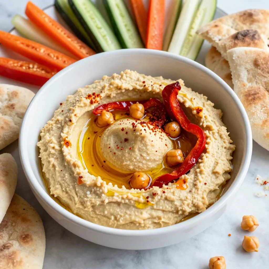 To make a great roasted red pepper hummus, you need some key ingredients. These include: - 1 cup canned chickpeas, drained and rinsed - 1 large roasted red pepper - 2 tablespoons tahini - 2 tablespoons fresh lemon juice - 1-2 cloves garlic, minced - 2 tablespoons olive oil - 1/2 teaspoon ground cumin - Salt to taste - Water as needed These items form the base of your hummus. The roasted red pepper adds a nice sweetness and depth of flavor. Tahini gives it a creamy texture and a nutty taste. Lemon juice brightens the dish, while garlic adds a kick. For best results, I like to use canned chickpeas. They are easy and quick to use. Some of my favorite brands are Goya and Eden Foods. Both brands offer quality chickpeas that are tender and flavorful. If you prefer, you can also cook dried chickpeas. Just soak them overnight and then boil until soft. You can boost the flavor of your hummus even more with a few optional ingredients: - A pinch of smoked paprika - A dash of cayenne pepper for heat - Fresh herbs like parsley or cilantro Adding these will give your hummus a unique twist. Smoked paprika adds a warm, smoky flavor. Cayenne pepper gives it a spicy kick. Fresh herbs add brightness and freshness. Feel free to mix and match these options based on your taste! {{ingredient_image_1}} To make roasted red pepper hummus, start by gathering your ingredients. You need: - 1 cup canned chickpeas, drained and rinsed - 1 large roasted red pepper - 2 tablespoons tahini - 2 tablespoons fresh lemon juice - 1-2 cloves garlic, minced - 2 tablespoons olive oil - 1/2 teaspoon ground cumin - Salt to taste - Water as needed for consistency Make sure your chickpeas are rinsed well to remove any can taste. Use a roasted red pepper from a jar or roast your own. If you roast your own, you can control the flavor better. Cut the pepper into smaller pieces to help the blender. Now that you have your ingredients ready, it is time to blend. In a food processor, add the chickpeas, roasted red pepper, tahini, lemon juice, and minced garlic. Blend on high until smooth. Scrape down the sides if needed. This ensures everything mixes well. While the food processor runs, slowly pour in the olive oil. This step helps the hummus become creamy. Next, add the ground cumin and salt. Blend again to mix. If the hummus seems too thick, add a few tablespoons of water. Blend again until you reach your desired texture. Taste your hummus during the process. You can adjust the flavor to your liking. If you want more zing, add a bit more lemon juice. If you need more salt, sprinkle it in and blend again. For a thinner hummus, add more water in small amounts. Blend until you see the right smoothness. If you want a bit of spice, consider adding a pinch of cayenne pepper. This can give your hummus a nice kick. Enjoy creating the perfect hummus dip! Roasting red peppers adds a sweet, smoky flavor to your hummus. You can buy them pre-roasted or roast them yourself. To roast at home, place whole peppers on a baking sheet. Set your oven to 450°F (230°C). Roast them for about 20-25 minutes, turning halfway. You'll know they are done when the skin is blackened and blistered. After roasting, place peppers in a bowl and cover with plastic wrap for about 10 minutes. This step helps loosen the skin. Then, peel off the skin under cool water. Remove the seeds and stems, and you’re ready to blend! Many people make the hummus too thick. This happens when you don’t add enough liquid. Always start with the base ingredients first. Then, blend and add water little by little until you reach the right texture. Over-blending can make it gummy. Blend just until smooth. Also, don't skip the salt! It enhances all the flavors. Taste your hummus as you go, and adjust the seasoning. The perfect hummus should be creamy and smooth. If yours feels gritty, use a food processor instead of a blender. It makes a big difference! Start with the chickpeas, red pepper, tahini, lemon juice, and garlic. Blend until smooth. Drizzle in olive oil while blending. If it’s too thick, add cold water, one tablespoon at a time. Keep blending until you reach a silky texture. Remember, the flavors will develop more as it sits. So let it rest in the fridge before serving. Pro Tips Use Fresh Ingredients: Ensure your lemon juice is freshly squeezed for the best flavor. Fresh ingredients significantly enhance the taste of your hummus. Adjust the Garlic: Depending on your preference, you can adjust the amount of garlic. For a milder flavor, use only 1 clove, or for a bolder taste, add more. Chill Before Serving: For the best taste and texture, let your hummus chill in the refrigerator for at least 30 minutes before serving. This allows the flavors to meld beautifully. Experiment with Toppings: Don’t hesitate to get creative with toppings! Try adding roasted pine nuts, fresh herbs, or a sprinkle of chili flakes for extra flavor and visual appeal. {{image_2}} To make your hummus spicy, add jalapeño or red pepper flakes. Start with a small amount. Blend it in when you mix the other ingredients. Taste it and add more if you want more heat. This kick adds a fun twist to the smooth, creamy dip. Fresh herbs can make your hummus even better. Try adding cilantro, parsley, or basil. Chop them finely and mix them in. You can also use dried herbs like oregano or thyme. These will bring a fresh taste that pairs well with the roasted red pepper. You can change some ingredients to fit your diet. For a nut-free option, skip the tahini or use sunflower seed butter. If you want a lower-sodium version, rinse your chickpeas well. You can also use lemon zest instead of juice for a bright flavor without the acidity. These swaps keep the dish tasty while meeting your needs. To keep your hummus fresh, place it in an airtight container. Seal it tightly to avoid air getting in. Store it in the fridge right after serving. It will stay good for about four to five days. Before serving again, check for any changes in smell or color. You can freeze leftover hummus for later use. To do this, scoop the hummus into a freezer-safe container. Leave some space at the top for expansion. Hummus can last up to three months in the freezer. When you’re ready to eat it, thaw it overnight in the fridge. Stir well before serving. Use glass or BPA-free plastic containers for storing hummus. Glass containers are great because they do not hold odors. They are also easy to clean. If you use plastic, make sure it is food-safe. Choose containers with tight lids to keep your hummus fresh and tasty. Chickpeas are packed with protein. This makes them great for muscle health. They also have fiber, which helps with digestion. Eating chickpeas may lower cholesterol levels. They contain vitamins and minerals, too. These include iron, magnesium, and folate. All of these support overall health. Plus, chickpeas can help you feel full longer. This may aid in weight management. Yes, you can make hummus without tahini. Some people use yogurt or nut butter as a substitute. This keeps the dip creamy and rich. You can skip tahini and still enjoy great flavor. Just add more olive oil or lemon juice. This helps balance the taste. Feel free to experiment with your favorite ingredients. Homemade hummus lasts about five to seven days in the fridge. Store it in an airtight container. This keeps it fresh longer. If you see any change in color or smell, it's best to toss it. Always check your hummus before eating. Enjoy it fresh for the best taste! Roasted red pepper hummus offers rich flavor and healthy benefits. We covered essential and optional ingredients that enhance taste. The step-by-step guide makes preparation easy, and tips help avoid common issues. Variations let you customize recipes for your tastes and dietary needs. Proper storage ensures your hummus stays fresh longer. Remember, with a few tweaks, you can create the perfect hummus every time. Enjoy your culinary adventure with this delicious snack!