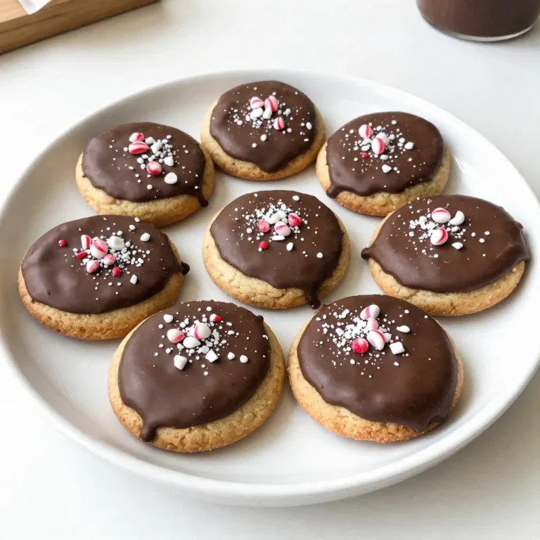 To make these delightful chocolate dipped peppermint cookies, gather these main ingredients: - 1 cup unsalted butter, softened - 1 cup granulated sugar - 1/2 cup brown sugar, packed - 1 large egg - 1 teaspoon vanilla extract - 2 1/2 cups all-purpose flour - 1 teaspoon baking soda - 1/2 teaspoon salt - 1 teaspoon peppermint extract - 1/2 cup crushed peppermint candies or candy canes For the chocolate dipping, you will need: - 1 cup semi-sweet chocolate chips - 1 tablespoon coconut oil (optional, for smooth chocolate) Lastly, consider these optional ingredients for customization: - Extra crushed peppermint for garnish - A pinch of sea salt for a sweet-salty touch - Different flavored extracts for unique twists {{ingredient_image_1}} Mixing the wet ingredients Start by softening 1 cup of unsalted butter. Use a large bowl to mix the butter, 1 cup of granulated sugar, and 1/2 cup of brown sugar. Cream these together until the mix is smooth and fluffy. Next, add 1 large egg and 1 teaspoon of vanilla extract. Beat until everything is well blended. Combining dry ingredients In a separate bowl, mix together 2 1/2 cups of all-purpose flour, 1 teaspoon of baking soda, and 1/2 teaspoon of salt. Gradually add this dry mix to the wet ingredients. Also, stir in 1 teaspoon of peppermint extract. Mix until just combined. Incorporating peppermint candies Finally, fold in 1/2 cup of crushed peppermint candies. Make sure the candies are evenly spread throughout the dough. This gives your cookies that festive crunch. Prepping the baking sheets Preheat your oven to 350°F (175°C). Line two baking sheets with parchment paper. This helps prevent the cookies from sticking and makes cleanup easy. Portioning the dough Use a spoon or cookie scoop to drop tablespoon-sized portions of dough onto the sheets. Make sure to leave space between each cookie. They will spread while baking. Baking time and temperature Bake in the preheated oven for 10-12 minutes. Look for lightly golden edges. Once done, take the sheets out and let the cookies cool for a few minutes. Then, transfer them to a wire rack to cool completely. Proper melting techniques While the cookies cool, melt 1 cup of semi-sweet chocolate chips. You can add 1 tablespoon of coconut oil if you want a smoother texture. Use a microwave-safe bowl and heat in 30-second increments, stirring until smooth. Dipping guidelines for even coverage Once the cookies are cool, dip half of each cookie into the melted chocolate. Allow any excess chocolate to drip off. This keeps your cookies neat and tasty. Adding crushed peppermint garnish Before the chocolate sets, sprinkle additional crushed peppermint on top. This adds a festive touch and extra flavor. Place the dipped cookies back on the parchment-lined baking sheet. Baking time is key for the perfect cookie. I suggest checking them at 10 minutes. If they look slightly soft, that’s great! They will firm up as they cool. For a softer cookie, you can reduce the baking time by one or two minutes. Using room temperature ingredients makes a big difference. When butter and eggs are warm, they blend better. This helps the cookies rise nicely and stay tender. To get smooth chocolate, I like to use coconut oil. It helps the chocolate melt evenly. Mix one tablespoon of coconut oil with your chocolate chips. Melt them together in the microwave. Stir after every 30 seconds until smooth. For a nice finish, dip each cookie halfway into the chocolate. Let excess chocolate drip off before placing them on parchment paper. This gives a clean look. Serving these cookies can be fun! You can arrange them on a festive plate or in a decorative tin. Add a sprig of fresh mint for color. It makes a lovely gift too! You can also layer the cookies with parchment paper for extra flair. Sprinkling more crushed peppermint on top right after dipping adds a cheerful touch. These small details make your cookies stand out. Pro Tips Use Room Temperature Butter: Ensure your butter is softened to room temperature for easier creaming and a fluffy texture in your cookies. Chill the Dough: For thicker cookies, chill the dough for 30 minutes before baking to prevent spreading. Quality Chocolate Matters: Use high-quality chocolate chips for dipping to enhance the flavor of your cookies. Customize the Peppermint: Adjust the amount of crushed peppermint to your taste—more for a stronger mint flavor or less for a subtle hint. {{image_2}} To make these cookies gluten-free, swap all-purpose flour for a gluten-free blend. Use a blend that includes xanthan gum for proper texture. You can find gluten-free flour at most grocery stores or online. This way, everyone can enjoy these festive treats! Want to mix things up? Try different extracts like almond or orange. Each extract adds a unique twist to your cookies. You can also add in other mix-ins like mini chocolate chips, dried cranberries, or chopped nuts. These options create fun flavors and textures. While peppermint shines during the holidays, other toppings can work too. Consider using colored sprinkles, crushed nuts, or even coconut flakes. You could also make themed cookies for other holidays. For Easter, use pastel colors or for Halloween, add orange and black sprinkles. The options are endless! To keep your chocolate dipped peppermint cookies fresh, store them in airtight containers. This prevents air from making them hard. You can stack the cookies in a single layer with parchment paper between layers. Avoid direct sunlight, as it can affect the taste. For added freshness, place a slice of bread in the container. The bread helps keep the cookies soft. You can freeze these cookies if you want to enjoy them later. To freeze, place the cooled cookies in a single layer on a baking sheet. Once frozen, transfer them to a freezer bag. Remove as much air as possible before sealing. When you want to eat them, thaw the cookies in the fridge overnight. Reheat in a warm oven for a few minutes to restore their texture. These cookies can last about a week at room temperature. If stored properly in the fridge, they can last up to two weeks. Signs of spoilage include a change in smell or texture. If you see any mold, it's best to toss the cookies. Always check before indulging! Yes, you can! Dark chocolate has a richer taste. It also has less sugar than semi-sweet chocolate. The cookies will have a deeper flavor, which many people love. Just remember, dark chocolate can be more bitter, so adjust your taste if needed. If you enjoy a strong chocolate flavor, dark chocolate is a great choice. If you don't have peppermint extract, try using vanilla extract. It gives a warm flavor. You can also use almond extract for a nutty twist. For a different mint flavor, spearmint extract works well too. Just use the same amount as you would for peppermint extract. Each option gives a unique taste to your cookies. To make these cookies vegan, swap the butter for coconut oil or vegan butter. Use a flax egg instead of a large egg. To make a flax egg, mix 1 tablespoon of ground flaxseed with 2.5 tablespoons of water. Let it sit until it thickens. For chocolate, choose dairy-free chocolate chips. These swaps keep the cookies tasty and plant-based! You now have a complete guide for making delicious cookies. We covered ingredients, step-by-step instructions, tips, and creative ideas. You can customize these cookies to fit your taste. Whether you want them gluten-free or vegan, options are available. Remember to store them properly for freshness. Enjoy baking these treats with family and friends. Each bite will bring joy and flavor to your gatherings. Get ready to impress everyone with your new cookie skills!