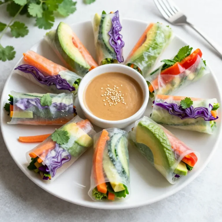 For these rainbow veggie spring rolls, you will need: - 1 cup purple cabbage, thinly sliced - 1 cup carrots, julienned - 1 cup cucumber, julienned - 1 ripe avocado, sliced - 1 red bell pepper, thinly sliced - 1 cup bean sprouts - Fresh cilantro leaves - Fresh mint leaves These veggies add color and crunch. They also pack in nutrients. You will need 8 rice paper wrappers. These are thin and soft. They hold the veggies well. Soak them in warm water to make them pliable. This makes wrapping easier. For a tasty dipping sauce, gather: - ½ cup peanut butter - 2 tablespoons soy sauce (or tamari for gluten-free) - 1 tablespoon lime juice - 1 tablespoon honey or agave syrup This sauce is creamy and tangy. It pairs perfectly with the fresh rolls. {{ingredient_image_1}} Start by washing all your veggies. Use a peeler for the carrots. Cut them into thin strips. Slice the purple cabbage and cucumber into small pieces. Cut the avocado and red bell pepper into thin slices. Gather these colorful veggies on a big platter. This makes it easy to grab what you need. Grab a small bowl for the sauce. Add the peanut butter, soy sauce, lime juice, and honey. Mix them well until the sauce is smooth. If the sauce feels thick, add a bit of warm water. This helps to reach the right texture. Taste it and adjust if needed. Get a large shallow dish and fill it with warm water. Take a rice paper wrapper and dip it in the water for about 10-15 seconds. It should be soft but not mushy. Lay the wet wrapper flat on a clean surface. On the bottom center, add a small amount of each veggie. Include a few cilantro and mint leaves. Sprinkle some sesame seeds on top for extra crunch. Start rolling by folding the bottom edge of the wrapper over the filling. Tuck it in tightly. Next, fold in the sides and keep rolling upward. Make sure the spring roll is sealed well. Repeat this with all the wrappers and filling. Arrange your finished rolls on a serving platter. If you like, you can cut them in half to show off the colors inside. To keep your spring rolls fresh, store them in a single layer. Use a damp paper towel on top to keep them from drying out. Place them in an airtight container. If you stack them, use parchment paper between layers. This helps avoid sticking. For a vibrant display, arrange your spring rolls in a spiral on a large platter. This colorful layout draws the eye. Serve your dipping sauce in a small bowl at the center. Sprinkle some sesame seeds and fresh herbs on top for extra flair. One mistake is soaking rice paper too long. It should be pliable but not mushy. Another is overfilling the rolls. Less is more when it comes to ingredients. Lastly, don’t forget the herbs! Cilantro and mint add great flavor and freshness to each bite. Pro Tips Keep It Fresh: Use fresh vegetables for the best flavor and crunch. Take care to prepare them just before assembling the spring rolls to maintain their crispness. Perfect Soaking: Soak the rice paper wrappers just until they are pliable. Over-soaking can make them too soft and difficult to handle. Layer Smart: When assembling, layer your ingredients in a way that allows them to be tucked in tightly. This prevents filling from spilling out when rolling. Customize Your Fillings: Feel free to swap out any of the veggies for your favorites, or add protein like shrimp or tofu for a more filling option. {{image_2}} You can mix and match veggies in your spring rolls. Here are some tasty options: - Bell peppers (any color) - Zucchini, thinly sliced - Radishes, julienned - Spinach or kale for a green boost - Fresh herbs like basil or dill These choices add flavor and crunch. Feel free to get creative with what you like. To keep your spring rolls vegan, use agave syrup instead of honey. For gluten-free, choose tamari instead of soy sauce. Most rice paper wrappers are gluten-free, but always check the label. You can also add tofu or tempeh for protein. The right sauce can make your spring rolls shine. Try these ideas: - Mix hoisin sauce with a splash of lime juice - Combine sriracha with peanut butter for heat - Use a sweet chili sauce for a sweet and spicy kick - Blend sesame oil with rice vinegar for a tangy dip These sauces can elevate your snack and keep things interesting. Enjoy experimenting! After making your rainbow veggie spring rolls, you may have some left. To keep them fresh, wrap each roll in a damp paper towel. Then, place them in an airtight container. This method helps prevent drying out. Store the container in the fridge. They stay good for about two days. If you want to save spring rolls for later, freezing works well. First, make sure they are fully cooled. Place them in a single layer on a baking sheet. Freeze them until solid, about an hour. Then, transfer the rolls to a freezer bag. Remove as much air as possible before sealing. They can last up to two months in the freezer. To reheat your spring rolls, avoid the microwave. It makes them soggy. Instead, preheat your oven to 350°F (175°C). Place the rolls on a baking sheet. Heat them for about 10 minutes or until warm. You can also use a skillet. Just warm them over medium heat for a few minutes on each side. Enjoy them crispy and fresh! You want the rice paper to feel soft and pliable. Soak it in warm water for about 10-15 seconds. It should not be too hard or too mushy. If it feels sticky and bends easily, it is ready for use. Yes, you can make spring rolls ahead of time. To keep them fresh, store them in an airtight container. Place a damp paper towel between layers to prevent sticking. They are best eaten within a few hours of making. The best vegetables are colorful and crunchy. I love using: - Purple cabbage - Carrots - Cucumber - Avocado - Red bell pepper - Bean sprouts Feel free to mix and match your favorites. To make spring rolls gluten-free, use tamari instead of soy sauce. Rice paper wrappers are usually gluten-free too. Just check the label to be safe. Enjoy your tasty, safe snack! Making spring rolls is simple and fun. You learned about key ingredients like vegetables, rice paper, and tasty sauces. I provided step-by-step instructions to create them correctly. You now have tips for freshness and presentation, plus ways to avoid common mistakes. Variations let you explore new flavors while storage info ensures your rolls last. With this guide, you can make delicious, fresh spring rolls anytime! Enjoy sharing your creations with friends and family.
