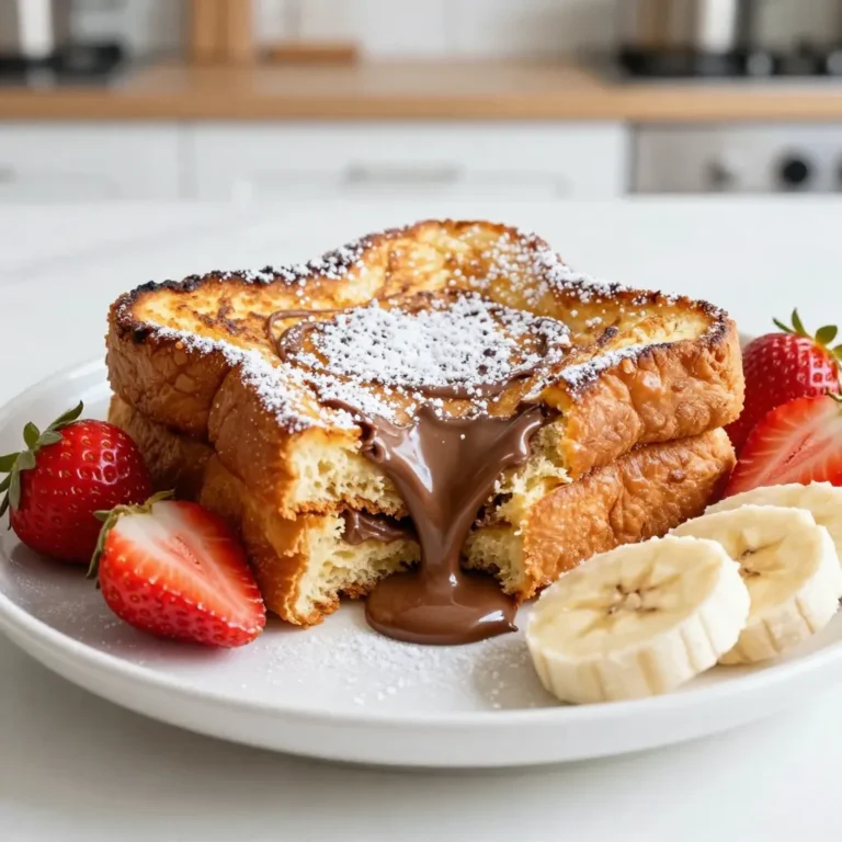 To make Nutella stuffed French toast, you will need: - 4 slices of thick bread (challah or brioche works best) - 1/2 cup Nutella - 2 large eggs - 1/2 cup milk - 1 teaspoon vanilla extract - 1 teaspoon ground cinnamon - 2 tablespoons butter (for frying) - Powdered sugar (for dusting) Each ingredient plays a key role. The bread needs to be thick to hold the filling. Nutella brings creamy sweetness. Eggs, milk, and vanilla create a rich custard. Cinnamon adds warmth, while butter gives a golden finish. You can add fun toppings to your French toast: - Fresh strawberries - Sliced bananas - Whipped cream - Chocolate syrup These add flavor and color. Fresh fruit brightens the dish. Whipped cream adds a light touch. Chocolate syrup makes it extra indulgent. For the best French toast, I suggest using: - Challah - Brioche - Texas toast Challah and brioche are soft and slightly sweet. They soak up the egg mixture well. Texas toast is thick and sturdy, perfect for a hearty bite. Each choice gives you a unique taste and texture. {{ingredient_image_1}} Start by taking four slices of thick bread. I recommend using challah or brioche for the best taste. Next, spread a generous layer of Nutella on one side of two slices. Make sure you cover it well. Place the other two slices on top to form two sandwiches. This step is key to creating that delicious, gooey center. In a shallow bowl, whisk together two large eggs, half a cup of milk, one teaspoon of vanilla extract, and one teaspoon of ground cinnamon. Mix it well until it looks smooth. This egg mixture will coat your sandwiches and give them that rich flavor and texture. Heat a large skillet over medium heat. Add one tablespoon of butter to the skillet and let it melt. Make sure the butter coats the bottom to prevent sticking. Carefully dip each sandwich into the egg mixture. Coat both sides, but don’t soak them too long. Place the sandwiches in the hot skillet. Cook them for about 2-3 minutes on each side. Look for a golden brown and crisp finish. If needed, add more butter when cooking the second sandwich. When done, take the stuffed French toast out. Let them sit on a paper towel for a minute to soak up any extra oil. Slice the sandwiches diagonally, dust them with powdered sugar, and serve warm with fresh strawberries and bananas on the side. Enjoy your creation! To get that golden brown color, use thick bread. I like challah or brioche. These types hold the filling well. Dip the bread quickly in the egg mix. Don’t soak it too long. This keeps the toast crispy. Cook on medium heat. If it’s too high, the outside burns, but the inside stays cold. Flip the toast when you see a nice golden hue. If you have a gas stove, you can adjust the heat easily. Start on medium and watch closely. Electric stoves take longer to heat up. Preheat your skillet well, then reduce the heat. This helps avoid burning. Use a non-stick skillet for easy flipping. If you notice smoke, your heat is too high. Lower it for better control. One mistake is using too much filling. If you overstuff, the bread may tear. Make sure to spread Nutella thinly and evenly. Another mistake is not letting the toast rest. After cooking, let them sit on a paper towel. This helps remove extra oil. Lastly, don’t skip the powdered sugar! It adds a sweet touch that makes every bite special. Pro Tips Choose the Right Bread: Opt for thick, enriched bread like challah or brioche to ensure your French toast is fluffy and holds the Nutella well. Control the Temperature: Cook on medium heat to avoid burning the outside while ensuring the inside is warm and gooey. Let the Egg Mixture Soak: Allow the bread to soak in the egg mixture for a few seconds on each side for a richer flavor and custard-like texture. Garnish Creatively: Don’t just stick to strawberries and bananas; try adding a drizzle of caramel sauce or a sprinkle of chopped nuts for added flavor and texture. {{image_2}} You can add fresh fruit to your Nutella stuffed French toast. Slices of strawberries or bananas work best. The fruity taste balances the rich Nutella. To make this, just place the fruit inside the sandwich before you cook it. This adds a juicy burst of flavor with each bite. Do you want to mix it up? You can add peanut butter to your Nutella. The combo gives a creamy twist. Just spread a layer of peanut butter on one slice before adding Nutella. You can also use berries, like blueberries or raspberries. They add a tart taste that complements the sweetness of Nutella. If you need gluten-free or dairy-free options, you can still enjoy this treat. Use gluten-free bread for the base. For the egg mixture, replace milk with almond or oat milk. You can also use a flax egg instead of regular eggs. This keeps the dish light yet still tasty. To store leftover Nutella stuffed French toast, let it cool first. Place the slices in an airtight container. You can keep them in the fridge for up to three days. If you want to keep them longer, consider freezing. When you're ready to eat, reheat your French toast in a skillet. Heat it over medium-low heat for about three to four minutes on each side. This method keeps the toast crispy. You can also use a toaster oven for a quick reheat. Avoid using a microwave, as it can make the toast soggy. To freeze Nutella stuffed French toast, wrap each slice in plastic wrap. Then, place them in a freezer bag. You can freeze them for up to two months. When you want to enjoy them, thaw overnight in the fridge before reheating. This way, you get a tasty treat ready for a quick breakfast! Yes, you can use other spreads! Peanut butter, almond butter, or chocolate spread work well. Each spread adds its own flavor. Try fruit jams for a fruity twist. You can mix Nutella with other spreads too. Just be sure to keep the filling thick enough to hold well in the bread. Thick bread is best for French toast. I recommend challah or brioche. These breads soak up the egg mixture nicely. They also give a rich, soft texture. If you want a healthier option, use whole grain bread. Just make sure it’s still thick enough to hold the filling. To make it ahead, prepare the sandwiches first. Spread Nutella on the bread and assemble them. Place the sandwiches in an airtight container. You can refrigerate them for up to 24 hours. When ready, dip them in the egg mixture and cook. This way, you save time in the morning. You learned how to make Nutella Stuffed French Toast. We covered essential ingredients, preparation steps, and serving tips. You now know how to select the best bread and avoid common mistakes. Plus, explore tasty variations to mix things up. This dish is fun and easy to make, and it’s perfect for breakfast or brunch. Enjoy your cooking and impress your friends with this sweet treat!