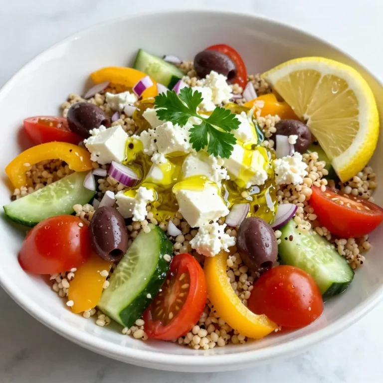 To make a tasty Mediterranean quinoa salad, gather these items: - 1 cup quinoa, rinsed - 2 cups water or vegetable broth - 1 cucumber, diced - 1 cup cherry tomatoes, halved - 1 bell pepper (red or yellow), diced - 1/2 red onion, finely chopped - 1/2 cup Kalamata olives, pitted and sliced - 1/2 cup feta cheese, crumbled - 1/4 cup fresh parsley, chopped - 1/4 cup olive oil - 2 tablespoons lemon juice - 1 teaspoon dried oregano - Salt and pepper to taste This salad is not just delicious; it's also good for you. Here’s why: - Quinoa is a great source of protein and fiber. It helps fill you up. - Cucumbers are hydrating and low in calories. They add crunch. - Cherry tomatoes provide vitamins A and C. They offer a sweet burst of flavor. - Bell peppers are rich in antioxidants. They add color and taste. - Kalamata olives offer healthy fats. They give a briny kick. - Feta cheese adds creaminess and calcium. It enhances the flavor profile. - Olive oil is heart-healthy. It helps the salad taste rich and smooth. - Lemon juice brings brightness. It balances the flavors perfectly. If you have dietary needs, here are some simple swaps: - Quinoa can be replaced with brown rice for a gluten-free option. - Feta cheese may be swapped with avocado for a vegan version. - Olives can be left out if you dislike them, adding more veggies instead. - Dressing can use apple cider vinegar instead of lemon juice for a twist. - Herbs like basil or mint can replace parsley for different flavors. These substitutions keep your salad fresh and tasty while fitting your needs. Enjoy making this vibrant dish! {{ingredient_image_1}} To start, take 1 cup of quinoa and rinse it in a strainer. Rinsing removes bitter flavors. Next, pour the rinsed quinoa into a medium saucepan. Add 2 cups of water or vegetable broth to the pot. Bring the mixture to a boil over medium heat. Once it boils, reduce the heat to low. Cover the saucepan and let it simmer for 15 minutes. The quinoa is done when it absorbs all the liquid and looks fluffy. After cooking, remove the pot from heat and let it cool. Fluff the quinoa with a fork before adding it to the salad. This step keeps it light and airy. While the quinoa cools, wash and chop your veggies. Take a cucumber and dice it into small pieces. This adds crunch and freshness. Next, halve 1 cup of cherry tomatoes. Their sweetness brightens the salad. Then, dice a bell pepper, either red or yellow, for color and flavor. Finely chop half a red onion for a bit of bite. Slice half a cup of Kalamata olives for a salty kick. Finally, crumble half a cup of feta cheese for creaminess. These ingredients will mix well and create a vibrant salad. Now, grab a large mixing bowl. Add all the prepared veggies: cucumbers, tomatoes, bell pepper, onion, olives, and feta cheese. Once the quinoa is cool, add it to the bowl too. Next, make the dressing. In a small bowl, whisk together 1/4 cup of olive oil, 2 tablespoons of lemon juice, and 1 teaspoon of dried oregano. Add salt and pepper to taste. Pour this dressing over the quinoa and vegetables. Gently toss everything until well combined. You can serve the salad right away, or let it chill in the fridge for at least 30 minutes. Chilling helps the flavors blend together. Before serving, give it a good toss. Enjoy your fresh and healthy Mediterranean quinoa salad! To fluff quinoa well, let it cool first. After cooking, remove the pot from heat. Let it sit for 5 minutes, covered. This helps steam escape and keeps the grains from clumping. Then, use a fork to gently stir. This separates the grains and makes them light and fluffy. Fluffed quinoa works great in salads! For serving, use a large, colorful bowl. This adds visual appeal to your dish. Top the salad with extra parsley and a lemon slice. This makes it look fresh and inviting. You can serve it chilled or at room temperature. Both ways, the flavors shine. Pairing it with crusty bread or grilled chicken makes it a complete meal. Meal prep can make your week easier. Cook a big batch of quinoa ahead of time. Store it in the fridge for up to five days. You can chop the veggies a day before. Keep them in an airtight container. This way, when you’re ready to eat, just combine everything. Making this salad is quick and simple when you prep ahead. Pro Tips Tip Title: Rinse the Quinoa: Always rinse quinoa thoroughly before cooking to remove its natural coating, called saponin, which can taste bitter. Tip Title: Use Broth for Flavor: Cooking quinoa in vegetable or chicken broth instead of water will enhance its flavor and add depth to your salad. Tip Title: Chill Before Serving: Allowing your salad to chill in the refrigerator for at least 30 minutes helps the flavors meld and improves the overall taste. Tip Title: Customize Your Veggies: Feel free to add or substitute vegetables based on your preference or seasonal availability for a personalized touch. {{image_2}} You can make your Mediterranean quinoa salad more filling by adding proteins. Consider adding grilled chicken or shrimp for a tasty twist. Both options bring extra flavor and texture. For a vegetarian choice, chickpeas or black beans work great. They add protein and make the dish heartier. Simply mix in one cup of your chosen protein after combining the vegetables. This small change turns your salad into a main course. If you want a vegetarian or vegan salad, it’s easy to adapt. For a vegetarian option, keep the feta cheese for creaminess. If you prefer vegan, just leave out the cheese or use a plant-based alternative. You can also add avocado for a creamy texture. It pairs well with the other fresh ingredients. Try adding nuts or seeds for crunch as well. Sunflower seeds or sliced almonds can add a nice touch. Herbs and spices can elevate your salad's flavor even more. Fresh herbs like basil or mint add a bright taste. You can mix them in with the parsley for a delightful twist. For a spicier kick, add a pinch of red pepper flakes. This small addition can bring warmth without overpowering the salad. You can also experiment with different spices like cumin or smoked paprika. Each will change the flavor profile in fun ways. You can store leftover Mediterranean Quinoa Salad in an airtight container. Make sure the salad is cool before sealing it. This helps keep the flavors fresh. If you don't have a container, use plastic wrap. Be sure to cover the bowl tightly. To refresh the salad, add a splash of olive oil or lemon juice. This adds moisture and brightens the flavors. If you want to reheat it, warm it gently on the stove. Heat in a pan for a few minutes. Avoid using the microwave, as it can make the salad soggy. This quinoa salad lasts about 3 to 5 days in the fridge. After that, the veggies may lose their crunch. Always check for any off smells or colors before eating. If you see any signs of spoilage, it is best to toss it out. Enjoy your salad while it’s fresh! You can store Mediterranean Quinoa Salad in the fridge for up to five days. Make sure to keep it in an airtight container. This helps keep the flavors fresh. The salad might get better as it sits, too! Yes, you can make this salad ahead of time! It's great for meal prep. I suggest making it a day before you serve it. This gives the flavors time to mix well. Just remember to toss it again before serving. This salad pairs well with many dishes! You can serve it with grilled chicken or fish. It also works great as a side for wraps or pita. For a light meal, enjoy it with a warm bowl of soup. This salad adds a fresh touch to any plate. In this blog post, we explored the key ingredients, cooking steps, and tips for a delicious Mediterranean Quinoa Salad. Each section offered insights on nutrition, substitutions, and variations to suit your taste. Remember, you can customize your salad easily while considering storage and meal prep tips. This versatile dish is perfect for any occasion. Enjoy making it your own while keeping health in mind. Now, go ahead and create a vibrant salad that fits your needs!