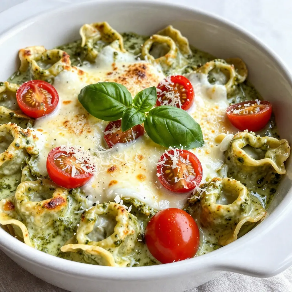 - Cheese Tortellini: You need 12 oz of cheese tortellini. You can use fresh or frozen. - Pesto Sauce: Use 1 cup of pesto. Homemade works great, but store-bought is fine too. - Heavy Cream: One cup of heavy cream adds richness and creaminess. - Cherry Tomatoes: Add 1 cup of halved cherry tomatoes for a burst of flavor and color. - Shredded Mozzarella Cheese: One cup of shredded mozzarella cheese gives a gooey texture. - Grated Parmesan Cheese: Use ½ cup of grated Parmesan cheese for a salty kick. - Garlic: Two cloves of minced garlic bring aroma and depth to the dish. - Olive Oil: One tablespoon of olive oil helps sauté the garlic. - Fresh Basil Leaves: Use fresh basil leaves for a fragrant and bright garnish. {{ingredient_image_1}} - Preheat oven to 375°F (190°C). - Grease a medium-sized baking dish with olive oil. - Boil water in a large pot. - Add 12 oz of cheese tortellini. - Cook according to package instructions. - Drain the tortellini and set aside. - Heat 1 tablespoon of olive oil in a large skillet over medium heat. - Add 2 cloves of minced garlic and sauté for about 1 minute until fragrant. - Pour in 1 cup of heavy cream and 1 cup of pesto sauce. - Stir gently to mix, cooking for 2-3 minutes until heated through. - Add the cooked tortellini and 1 cup of halved cherry tomatoes. - Mix well and season with salt and pepper to taste. - Transfer the tortellini mixture into the greased baking dish. - Top with 1 cup of shredded mozzarella and ½ cup of grated Parmesan cheese. - Bake in the preheated oven for 20-25 minutes, until the cheese is bubbly and golden. - Remove from oven and let cool for a few minutes. - Garnish with fresh basil leaves before serving. Perfecting Tortellini Texture Cook the tortellini until al dente. This keeps them firm during baking. Follow the package instructions for the best results. Fresh tortellini usually takes less time than frozen. Drain them well to avoid a watery bake. Adjusting Sauce Consistency If your sauce is too thick, add a splash of water or broth. Stir it in slowly until it reaches the desired creaminess. For a thicker sauce, simmer it a bit longer. This helps the flavors meld nicely. Garnishing with Basil Fresh basil adds a pop of color and flavor. Tear the leaves and sprinkle them on top just before serving. This makes your dish look restaurant-quality and tastes great too! Serving Suggestions Serve this bake with a side salad for a full meal. Garlic bread pairs well and soaks up the creamy sauce. You can also offer a sprinkle of extra cheese at the table for those who love it. Adding Additional Vegetables Consider adding spinach, zucchini, or bell peppers. Sauté them with the garlic for added flavor. This boosts nutrition and adds color to your dish. Spice Variations If you like heat, try adding red pepper flakes. Mix them into the sauce for a spicy kick. You can also use Italian seasoning for extra flavor without the heat. Pro Tips Use Fresh Pesto: For the best flavor, opt for fresh homemade pesto instead of store-bought. It elevates the dish with vibrant taste and aroma. Don’t Overcook Tortellini: Make sure to cook the tortellini just until al dente. It will continue to cook while baking, ensuring a perfect texture. Add Extra Veggies: Feel free to mix in additional vegetables like spinach or bell peppers for added nutrition and flavor. Let It Rest: After baking, allow the dish to cool for a few minutes before serving. This helps the sauce thicken slightly and makes for easier serving. {{image_2}} Gluten-Free Options You can easily make this dish gluten-free. Use gluten-free tortellini instead of regular ones. Many stores offer good brands. Check the package for cooking times, as they may vary. Dairy-Free Alternatives For a dairy-free version, swap heavy cream with coconut cream. Use dairy-free cheese for the topping. There are great options made from nuts or soy. Alternative Pesto Options If you want a different taste, try sun-dried tomato pesto. It adds a rich flavor. You can also use spinach or arugula instead of basil for a fresh twist. Cheese Substitutes Need a cheese swap? Use nutritional yeast for a savory flavor. It’s great for a dairy-free option. You could also try vegan mozzarella if you need a meltable cheese. Adding Protein (Chicken, Shrimp) Want to boost the protein? Add cooked chicken or shrimp. Just toss them in when mixing the tortellini and sauce. They will add a nice texture and flavor. Spicy Versions (Red Pepper Flakes) If you like heat, add red pepper flakes to the sauce. Start with a pinch and adjust to your taste. This adds a nice kick to the creamy dish. Refrigeration Guidelines After you enjoy your creamy pesto tortellini bake, store leftovers in an airtight container. Keep it in the fridge for up to three days. Make sure to let it cool to room temperature before sealing. Freezing Instructions If you want to save some for later, you can freeze it! Just place the cooled dish in a freezer-safe container. It can last for up to three months in the freezer. When you're ready to eat, thaw it in the fridge overnight. Oven vs. Microwave For the best taste and texture, reheat in the oven. Preheat it to 350°F (175°C) and bake for about 15 minutes. If you use a microwave, heat in short bursts. Stir between each burst to heat evenly. Tips for Retaining Texture To keep the creamy texture, add a splash of cream or milk when reheating. This helps prevent it from drying out. Covering the dish with foil in the oven also helps keep moisture in. How Long it Lasts In the fridge, your creamy pesto tortellini bake will stay good for about three days. In the freezer, it can last up to three months. Signs of Spoilage Before eating, always check for changes. If you see mold or notice an off smell, it’s best to discard it. Trust your senses; they will guide you. Cooking tortellini takes about 2 to 4 minutes for fresh tortellini. For frozen tortellini, it takes around 5 to 7 minutes. Always check the package for exact times. Fresh tortellini cooks faster and has a softer texture. Frozen tortellini is convenient but can be slightly chewier. Yes, you can make Creamy Pesto Tortellini Bake a day ahead. Prepare the dish up to the baking step. Cover it tightly with plastic wrap and store it in the fridge. When ready to bake, remove the wrap and pop it in the oven. You might need to add a few extra minutes to the cooking time. You can create a vegan version easily. Use vegan tortellini or make your own from scratch. Swap heavy cream for coconut cream or cashew cream. Choose a dairy-free pesto and replace mozzarella and Parmesan with vegan cheese or nutritional yeast. This version stays creamy and tasty. This blog post covered how to make a creamy pesto tortellini bake. We explored the main and additional ingredients, along with seasoning and garnishing options. The step-by-step instructions made it easy to follow, from cooking the tortellini to baking the dish. I shared tips to enhance flavor and presentation, and offered variations for dietary needs. In closing, this dish is simple and tasty. With a few tweaks, it can fit any diet. Enjoy cooking and sharing this meal with others!
