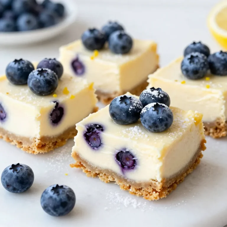 To make these tasty Blueberry Lemon Cheesecake Bars, gather the following items: - 1 &frac12; cups graham cracker crumbs - &frac12; cup unsalted butter, melted - 1 tablespoon sugar - 2 (8 oz) packages cream cheese, softened - 1 cup granulated sugar - 2 large eggs - 1 teaspoon vanilla extract - Zest of 1 lemon - &frac12; cup fresh lemon juice - 1 &frac12; cups fresh blueberries (plus extra for topping) - Powdered sugar for dusting (optional) Measuring your ingredients accurately is key. Use a dry measuring cup for the graham cracker crumbs. For liquids like lemon juice, a liquid measuring cup works best. If you run out of graham crackers, you can use any plain cookie for the crust. Just make sure to crush them well. If you want less sugar, reduce the granulated sugar by a quarter cup. You can also swap the cream cheese with mascarpone for a richer taste. Just keep in mind that it may change the texture a bit. Fresh blueberries give the best flavor and texture in these bars. They burst when baked, creating a lovely swirl. However, frozen blueberries can also work well. Just be sure to thaw and drain them first. This keeps the filling from becoming too watery. If using frozen berries, expect a slightly different texture. Both options will still taste great, so choose what you have on hand! {{ingredient_image_1}} Start by preheating your oven to 325&deg;F (160&deg;C). This step is key for a good bake. Line an 8x8-inch baking dish with parchment paper. Leave some overhang. This helps later when you lift the bars out. In a medium bowl, mix 1 &frac12; cups of graham cracker crumbs, &frac12; cup of melted unsalted butter, and 1 tablespoon of sugar. Stir until crumbly and coated. Press this mixture firmly into the bottom of the dish to form the crust. Bake for 10 minutes. Let it cool slightly before adding the filling. In a large bowl, beat 2 packages of softened cream cheese until smooth. Gradually add in 1 cup of granulated sugar. Mix well. Then, add 2 large eggs, one at a time, mixing well after each. Stir in 1 teaspoon of vanilla extract, the zest of 1 lemon, and &frac12; cup of fresh lemon juice. Mix until everything is combined and creamy. Gently fold in 1 &frac12; cups of fresh blueberries. Make sure they are evenly mixed in. Pour the cheesecake batter over the cooled crust. Use a spatula to spread it evenly. Bake in the preheated oven for 30-35 minutes. Look for edges that are set and a center with a slight jiggle. Once done, remove it from the oven. Let it cool completely at room temperature. Then, refrigerate for at least 4 hours or overnight. This helps the bars set properly. When ready, lift the cheesecake out using the parchment overhang. Cut into bars and dust with powdered sugar if you like. Top with extra blueberries for a lovely touch. Enjoy! To get the best texture in your cheesecake bars, start with softened cream cheese. Cold cream cheese can cause lumps. Use a mixer to beat the cream cheese until it's very smooth. This will give you a creamy filling. When you add eggs, do it one at a time. Mix well after each egg. This helps the mixture blend nicely. Finally, don't overmix once you add the blueberries. Gently fold them in to keep some whole. One common mistake is baking at the wrong temperature. Make sure your oven is set to 325&deg;F. Another mistake is not letting the bars cool fully. Cheesecake needs time to set in the fridge. If you cut them too soon, they can crumble. Also, skip the powdered sugar if you want a less sweet taste. It&rsquo;s all about your preference! These bars are great on their own, but you can make them even better. Serve them chilled for a refreshing treat. Top with whipped cream for added richness. You can also sprinkle extra blueberries on top for color. For a nice touch, add mint leaves. They add a fresh look and taste. Enjoy them at parties or as a sweet snack! Pro Tips Use Room Temperature Ingredients: Make sure your cream cheese is at room temperature before mixing to achieve a smooth and creamy texture. Don't Overmix: When adding the eggs, mix just until combined. Overmixing can lead to cracks in your cheesecake bars. Chill Overnight: For the best flavor and texture, refrigerate the cheesecake bars overnight before serving. Fresh Blueberries: Use fresh blueberries for the best flavor and texture, but if out of season, you can substitute with frozen ones. Just ensure they are thawed and drained. {{image_2}} You can mix up the flavors of your cheesecake bars. Instead of blueberries, try other fruits. Raspberries add a tart twist. Strawberries bring a sweet taste. Cherries give a rich flavor. You can even use peaches for a summer vibe. Simply replace the blueberries with 1 &frac12; cups of your fruit of choice. If you need a gluten-free option, use gluten-free graham crackers. You can crush them just like regular crumbs. Another option is to use almond flour or crushed nuts mixed with melted butter. This gives your crust a nice nutty taste. Just make sure to press it down well in your baking dish. Want to skip the oven? You can make a no-bake version! Start with the same crust, but chill it instead of baking. For the filling, mix cream cheese, sugar, lemon juice, and zest. Fold in blueberries and pour over the crust. Chill in the fridge for at least 4 hours. This gives you a creamy, cool treat perfect for warm days. To store your leftover blueberry lemon cheesecake bars, first let them cool completely. Once cooled, cover the bars tightly with plastic wrap or foil. You can also place them in an airtight container. This keeps them fresh and prevents them from drying out. Store them in the fridge for the best taste and texture. If stored correctly, they can last up to a week. You can freeze these cheesecake bars for longer storage. Start by cutting the bars into squares. Wrap each square in plastic wrap, then place them in a freezer-safe bag or container. Make sure to remove as much air as possible. They can stay frozen for up to three months. When ready to enjoy, thaw them in the fridge overnight. These cheesecake bars can last up to a week in the fridge. Watch for signs of spoilage. If you see any discoloration, mold, or an off smell, it&rsquo;s best to throw them away. If they feel dry or crumbly, they may not taste as good. Always use your senses to check if your cheesecake bars are still fresh! Yes, you can make these bars ahead of time. In fact, chilling them overnight improves their flavor and texture. After baking, let them cool completely. Then, cover and refrigerate. They stay fresh for up to five days. Just remember to add extra blueberries and powdered sugar before serving. You can tell when the cheesecake is done by checking the edges. They should be set and firm. The center may still jiggle slightly. This means it will set as it cools. Make sure to keep an eye on the time. Baking should take about 30 to 35 minutes. While cream cheese gives the best taste and texture, you can try alternatives. Mascarpone or ricotta can work as substitutes. However, the taste and creaminess will change. If using ricotta, blend it well to avoid graininess. Always taste and adjust sugars if needed. You learned about making Blueberry Lemon Cheesecake Bars from start to finish. We covered ingredients, baking steps, and storage tips. You now know how to avoid common mistakes and choose great fruit options. Remember, a well-made cheesecake has a creamy texture and balanced flavor. Don't worry if you make a mistake; practice helps! With these tips, you can make bars everyone will love. Enjoy your baking and savor each bite of your delicious dessert!