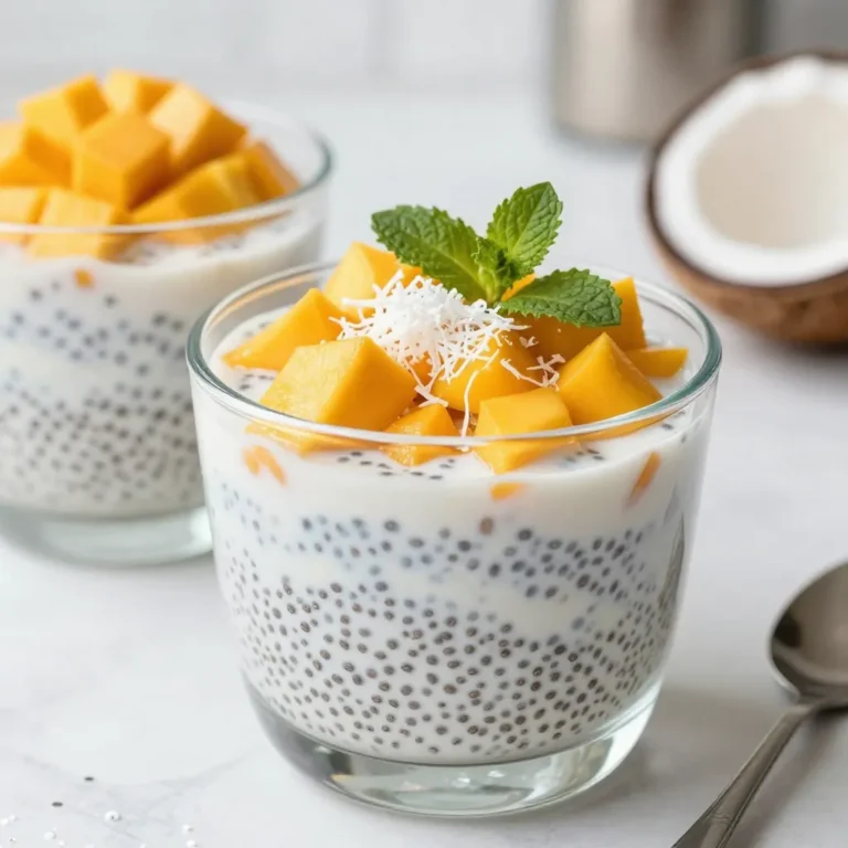 To make the best mango coconut chia pudding, gather these key ingredients: - 1 cup coconut milk (canned or carton) - 1/2 cup almond milk (or any plant-based milk) - 1/4 cup chia seeds - 2 tablespoons maple syrup (or honey) - 1 teaspoon vanilla extract - 1 ripe mango, diced - 1/4 teaspoon sea salt These ingredients work together to create a creamy and sweet pudding. The coconut milk adds richness, while almond milk keeps it light. Chia seeds provide texture and boost nutrition. You can make your pudding even more special with these garnishes: - Fresh mint leaves - Extra mango slices - Shredded coconut These garnishes add color and flavor. Fresh mint gives a nice touch and enhances the taste. Feel free to change things up based on what you like. Here are some ideas: - Use coconut cream for a richer pudding. - Try honey instead of maple syrup for sweetness. - Swap mango for other fruits like berries or bananas. These substitutions help you personalize the pudding. You can create your favorite flavor while still keeping it healthy. {{ingredient_image_1}} To start, grab a mixing bowl and add your coconut milk and almond milk. These two milks blend well and add a nice creamy texture. Next, mix in the maple syrup and vanilla extract. This gives your pudding a sweet and tasty flavor. Don't forget to add a pinch of sea salt. It may seem small, but it enhances the taste. Once everything is in the bowl, whisk it well. You want it fully mixed. After that, slowly add the chia seeds. Stir them in carefully. You want to make sure they are evenly mixed in the liquid. This step is crucial for a smooth pudding. Now, it's time for the waiting game. Cover your bowl with plastic wrap or a lid. Place it in the fridge for at least four hours. If you can wait overnight, do it! This chilling time helps the chia seeds absorb the liquid. They will swell and thicken the mixture into a pudding-like texture. After the chilling period, take the bowl out. Give it a good stir. This breaks up any clumps of chia seeds. Your pudding should look thick and creamy now. When you’re ready to serve, take small glasses or bowls. Layer the chia pudding into each one. Then, add a layer of diced mango on top. This makes it pretty and adds some fresh flavor. For a fun touch, you can garnish with fresh mint leaves. They add a pop of color and a hint of freshness. If you like, sprinkle some shredded coconut on top too. It looks great and adds a nice crunch. Enjoy your delicious mango coconut chia pudding! To get the best texture, use a good ratio of chia seeds to liquid. I suggest mixing 1/4 cup of chia seeds with 1.5 cups of liquid. Stir well to coat the seeds. This helps them absorb the liquid evenly. After refrigerating, stir the mixture again. This breaks up any clumps and gives you that nice, smooth pudding feel. Keep your chia pudding in airtight containers. This keeps it fresh for 3 to 5 days in the fridge. If you want to make it ahead, prepare it the night before. This way, you have a quick treat ready in the morning. Just remember to keep any toppings separate until you serve. You can make this pudding even tastier by adding a few extras. Consider mixing in some shredded coconut for texture. A dollop of yogurt can add creaminess. You might also try spices like cinnamon or nutmeg for warmth. For a tropical twist, add pineapple or passion fruit. These small changes can really boost the flavor and make it your own. Pro Tips Use Fresh Mango: For the best flavor, use a ripe, fresh mango. If mangoes are out of season, frozen mango can also work well. Experiment with Sweeteners: Feel free to adjust the sweetness by using different sweeteners like agave syrup or coconut nectar according to your taste. Chill for Best Texture: Allow the chia pudding to chill overnight for a thicker texture and better flavor infusion. Garnish Creatively: Add layers of different fruits or a sprinkle of nuts for additional texture and visual appeal. {{image_2}} Chia seeds are tiny but mighty. They pack a lot of good stuff. They are high in fiber, which helps with digestion. Fiber keeps you full, so you might eat less. Chia seeds also have omega-3 fatty acids. These fats are great for your heart. They can help reduce bad cholesterol levels. Plus, chia seeds are a good source of protein. This helps you build and repair muscles. Let’s look at the calories in our Mango Coconut Chia Pudding. Here’s a simple breakdown per serving: - Coconut milk: 150 calories - Almond milk: 15 calories - Chia seeds: 140 calories - Maple syrup: 30 calories - Mango: 60 calories In total, each serving has about 395 calories. This pudding is filling but light. It’s a great option for a snack or dessert. This recipe fits many diets. It is vegan since it uses plant-based milk and maple syrup. There are no animal products here. It is also gluten-free, so those with gluten issues can enjoy it. You can feel good about serving this pudding to friends with different diets. It’s a treat everyone can love. You can make this mango coconut chia pudding even more fun by adding other fruits. Think about using pineapple, kiwi, or passion fruit. These fruits add extra sweetness and a burst of color. Simply layer them between the pudding and diced mango. This way, every bite is a tropical delight. Want to change the flavor? Try adding cocoa powder or spices like cinnamon. A tablespoon of cocoa gives a chocolatey twist. Cinnamon adds warmth and depth. Just mix these into the pudding base before chilling. It’s an easy way to impress your guests with new flavors. You can swap out the milk for whatever you like. Almond milk is a great choice, but oat milk or soy milk works too. Each type of milk gives a different taste and texture. Experiment to find your favorite. This way, your pudding fits your dietary needs without losing taste. You can store Mango Coconut Chia Pudding for up to five days in the fridge. Just keep it in an airtight container. The pudding stays fresh and tasty, making it a great make-ahead treat. If you want to enjoy it longer, you can freeze it. But remember, thawing may change the texture a bit. Yes, you can use many fruits! Berries, kiwi, or bananas work well. Just chop them up and add them in layers. This way, you can try new flavors each time. Mixing fruits can make the pudding even more fun and colorful. If your pudding doesn’t thicken, try these steps. First, give it a good stir to break any clumps. Then, let it chill longer in the fridge. If it still seems runny, add a bit more chia seeds. Let it sit for another hour. Chia seeds absorb liquid and help thicken the mixture. Mango Coconut Chia Pudding is simple and fun to make. We explored the main ingredients, optional garnishes, and substitutions to suit your taste. I shared step-by-step instructions to prepare and layer your pudding. You learned tips for perfecting the texture and storing it fresh. We also covered the health benefits of chia seeds and variations you can try. Experiment with flavors and enjoy this tasty treat. You’ll impress your friends and family with easy, healthy desserts. Keep creating and have fun with your dishes!