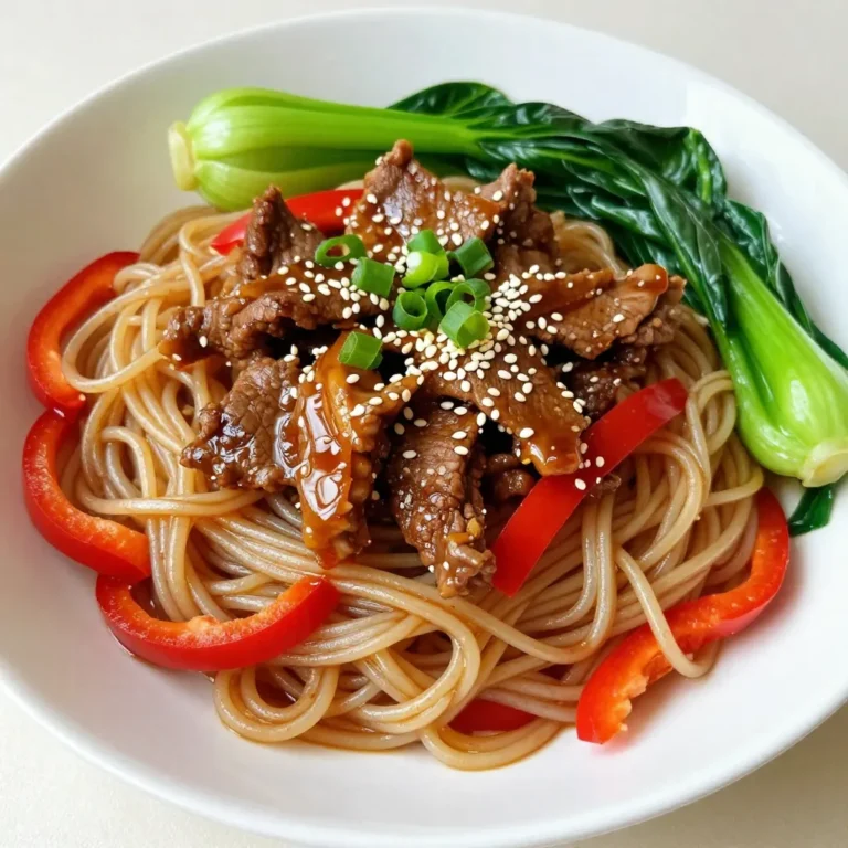 - 8 oz. rice noodles - 1 lb. flank steak, thinly sliced - 2 tablespoons sesame oil - 2 tablespoons fresh ginger, minced - 3 cloves garlic, minced - 1/4 cup low sodium soy sauce - 2 tablespoons honey - 1 tablespoon rice vinegar - 1 red bell pepper, sliced - 2 cups bok choy, chopped - 2 green onions, sliced - 1 tablespoon sesame seeds When choosing your ingredients, pick fresh and high-quality items. Use ripe bell peppers for sweetness and crispness. Select bok choy that feels firm and has vibrant green leaves. For beef, flank steak is ideal because it is tender and flavorful. Fresh ginger gives a bright taste, while low sodium soy sauce helps control salt levels. Always choose organic honey and rice vinegar when possible. This ensures the best flavor and supports quality farming practices. {{ingredient_image_1}} Start by boiling water in a large pot. Add the rice noodles once the water is boiling. Cook the noodles according to the package instructions, usually around 4-6 minutes. Stir occasionally to prevent sticking. When they are tender but firm, drain them in a colander. Rinse with cold water. Toss the noodles with a little sesame oil to keep them from sticking. In a medium bowl, mix together the soy sauce, honey, rice vinegar, minced ginger, and minced garlic. This mix gives the beef its tasty flavor. Add the thinly sliced flank steak to the bowl. Make sure the beef is well-coated with the marinade. Let it sit for at least 15 minutes for the best flavor. In a large skillet or wok, heat the remaining sesame oil over medium-high heat. Add the sliced red bell pepper and chopped bok choy. Stir-fry for about 3-4 minutes. Watch for the vibrant colors and slight tenderness of the veggies. When done, remove them from the skillet and set aside. In the same skillet, add the marinated flank steak, leaving out any extra marinade. Cook the beef for 3-4 minutes. You want it browned and cooked through. Make sure to season with salt and pepper to taste. This step brings out the beef's rich flavor. Now, return the saut&eacute;ed vegetables to the skillet with the cooked beef. Add the rice noodles to the mix. Toss everything gently so the flavors combine well. You want each bite to taste amazing. Divide your sesame ginger beef noodles among plates. Garnish each plate with sliced green onions and a sprinkle of sesame seeds. This adds a nice crunch and extra flavor. Enjoy your meal! To cook your rice noodles just right, follow these steps. First, boil water in a large pot. Add the rice noodles and cook them for about 4-6 minutes. Stir the noodles often to prevent sticking. When they are soft, drain and rinse them under cold water. This stops the cooking and keeps them from clumping together. Toss them in a bit of sesame oil. This adds flavor and keeps them separate. Marinating your flank steak is key to great taste. I recommend marinating for at least 15 minutes. This gives the beef time to soak in the flavors. If you have more time, let it marinate for up to an hour in the fridge. Just cover the bowl with plastic wrap. The longer it sits, the better the flavor will be. If you want to change the spice level, it's easy to do. For a milder dish, use less ginger and garlic. If you like heat, add crushed red pepper flakes or a splash of sriracha. You can also serve extra chili sauce on the side. Just remember, you can always add more, but it&rsquo;s hard to take spice away! Pro Tips Marinate Longer for Flavor: For an even deeper flavor, consider marinating the flank steak for 30 minutes to an hour instead of the minimum 15 minutes. Use Fresh Ingredients: Fresh ginger and garlic will give your dish a vibrant flavor. Avoid using pre-minced versions for the best taste. Customize Your Veggies: Feel free to add or substitute other vegetables like snap peas or broccoli based on your preference or what you have on hand. Perfecting Noodle Texture: Rinse the cooked rice noodles with cold water to stop the cooking process and achieve the perfect chewy texture. {{image_2}} If you want a vegetarian meal, try using tofu or tempeh instead of beef. Both are great at soaking up flavors. For tofu, use firm or extra-firm. Press it to remove extra water. Cut it into cubes and marinate like the beef. For tempeh, slice it thinly. Cook it just like the beef. This keeps your dish tasty and meat-free. Rice noodles are great, but you have options! You can swap them for whole wheat noodles for more fiber. If you're gluten-free, try zucchini noodles or shirataki noodles. These choices keep your meal light and fun. Just remember to adjust cooking times to make sure everything is perfect. Want to pack in more veggies? Go for it! You can add snap peas, carrots, or mushrooms. Just slice them thinly for even cooking. Toss them in the skillet when you saut&eacute; the red bell pepper and bok choy. This will give your dish more color, flavor, and nutrition. Plus, it's a great way to use up any veggies you have left! For short-term storage, let your sesame ginger beef noodles cool down first. Place the noodles in an airtight container. They stay fresh in the fridge for up to three days. To keep the flavors, store the beef and noodles separate from the veggies if possible. This way, the vegetables won't get soggy. You can freeze sesame ginger beef noodles for a quick meal later. First, let them cool completely. Then, pack them in a freezer-safe container. They can last for up to three months in the freezer. Remember to mark the date on the container. For best results, freeze without the greens to keep them fresh. When ready to eat, thaw the noodles overnight in the fridge. To reheat, place them in a skillet over medium heat. Add a splash of water or broth to keep them moist. Stir until they're heated through. You can also microwave them for quick reheating. Just cover the dish to trap steam. Enjoy your noodles again with great flavor! You can use rice noodles for this dish. They cook fast and soak up flavor well. Other options include egg noodles or udon. These noodles add a unique taste and texture, making your meal special. Yes, you can prepare parts of this recipe ahead. Cook the noodles and store them in the fridge. You can also marinate the beef a day early. Just keep it in an airtight container. However, I recommend cooking the veggies fresh for the best taste. To serve more people, simply double the ingredients. Use 16 oz. of noodles and 2 lbs. of beef. Adjust the sauce as well. You can mix it in a bowl before adding to the skillet. This way, you ensure every bite is tasty. If you need a soy sauce substitute, use tamari for a gluten-free option. Coconut aminos is another great choice. Both alternatives keep the flavor close to soy sauce without losing the essence of the dish. This post covered the key ingredients for Sesame Ginger Beef Noodles and offered tips. We discussed cooking rice noodles, preparing a flavorful marinade, and saut&eacute;ing fresh veggies. You learned storage tips and answered common FAQs. Try different variations, like using tofu or extra veggies, to mix things up. Cooking can be fun and easy when you know what to do. Enjoy making this dish, and feel free to personalize it to fit your taste!