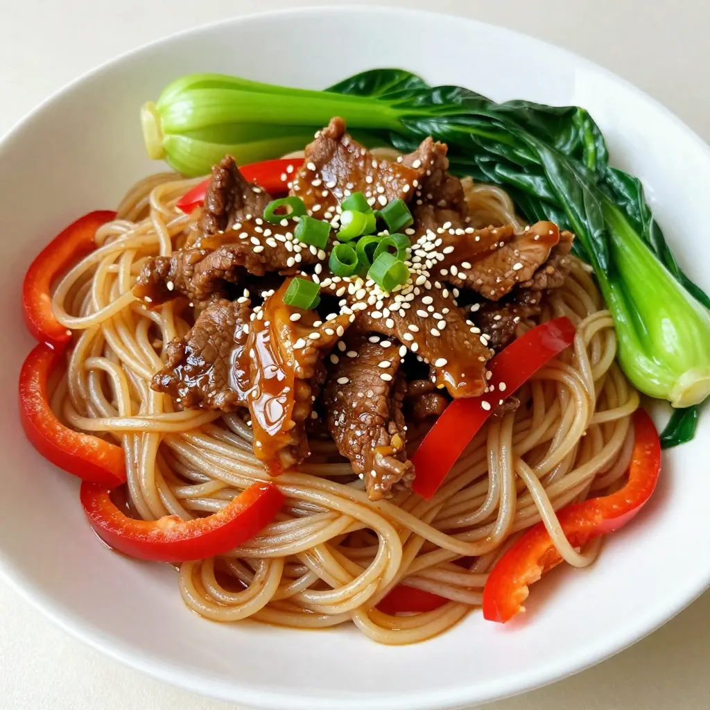 - 8 oz. rice noodles - 1 lb. flank steak, thinly sliced - 2 tablespoons sesame oil - 2 tablespoons fresh ginger, minced - 3 cloves garlic, minced - 1/4 cup low sodium soy sauce - 2 tablespoons honey - 1 tablespoon rice vinegar - 1 red bell pepper, sliced - 2 cups bok choy, chopped - 2 green onions, sliced - 1 tablespoon sesame seeds When choosing your ingredients, pick fresh and high-quality items. Use ripe bell peppers for sweetness and crispness. Select bok choy that feels firm and has vibrant green leaves. For beef, flank steak is ideal because it is tender and flavorful. Fresh ginger gives a bright taste, while low sodium soy sauce helps control salt levels. Always choose organic honey and rice vinegar when possible. This ensures the best flavor and supports quality farming practices. {{ingredient_image_1}} Start by boiling water in a large pot. Add the rice noodles once the water is boiling. Cook the noodles according to the package instructions, usually around 4-6 minutes. Stir occasionally to prevent sticking. When they are tender but firm, drain them in a colander. Rinse with cold water. Toss the noodles with a little sesame oil to keep them from sticking. In a medium bowl, mix together the soy sauce, honey, rice vinegar, minced ginger, and minced garlic. This mix gives the beef its tasty flavor. Add the thinly sliced flank steak to the bowl. Make sure the beef is well-coated with the marinade. Let it sit for at least 15 minutes for the best flavor. In a large skillet or wok, heat the remaining sesame oil over medium-high heat. Add the sliced red bell pepper and chopped bok choy. Stir-fry for about 3-4 minutes. Watch for the vibrant colors and slight tenderness of the veggies. When done, remove them from the skillet and set aside. In the same skillet, add the marinated flank steak, leaving out any extra marinade. Cook the beef for 3-4 minutes. You want it browned and cooked through. Make sure to season with salt and pepper to taste. This step brings out the beef's rich flavor. Now, return the sautéed vegetables to the skillet with the cooked beef. Add the rice noodles to the mix. Toss everything gently so the flavors combine well. You want each bite to taste amazing. Divide your sesame ginger beef noodles among plates. Garnish each plate with sliced green onions and a sprinkle of sesame seeds. This adds a nice crunch and extra flavor. Enjoy your meal! To cook your rice noodles just right, follow these steps. First, boil water in a large pot. Add the rice noodles and cook them for about 4-6 minutes. Stir the noodles often to prevent sticking. When they are soft, drain and rinse them under cold water. This stops the cooking and keeps them from clumping together. Toss them in a bit of sesame oil. This adds flavor and keeps them separate. Marinating your flank steak is key to great taste. I recommend marinating for at least 15 minutes. This gives the beef time to soak in the flavors. If you have more time, let it marinate for up to an hour in the fridge. Just cover the bowl with plastic wrap. The longer it sits, the better the flavor will be. If you want to change the spice level, it's easy to do. For a milder dish, use less ginger and garlic. If you like heat, add crushed red pepper flakes or a splash of sriracha. You can also serve extra chili sauce on the side. Just remember, you can always add more, but it’s hard to take spice away! Pro Tips Marinate Longer for Flavor: For an even deeper flavor, consider marinating the flank steak for 30 minutes to an hour instead of the minimum 15 minutes. Use Fresh Ingredients: Fresh ginger and garlic will give your dish a vibrant flavor. Avoid using pre-minced versions for the best taste. Customize Your Veggies: Feel free to add or substitute other vegetables like snap peas or broccoli based on your preference or what you have on hand. Perfecting Noodle Texture: Rinse the cooked rice noodles with cold water to stop the cooking process and achieve the perfect chewy texture. {{image_2}} If you want a vegetarian meal, try using tofu or tempeh instead of beef. Both are great at soaking up flavors. For tofu, use firm or extra-firm. Press it to remove extra water. Cut it into cubes and marinate like the beef. For tempeh, slice it thinly. Cook it just like the beef. This keeps your dish tasty and meat-free. Rice noodles are great, but you have options! You can swap them for whole wheat noodles for more fiber. If you're gluten-free, try zucchini noodles or shirataki noodles. These choices keep your meal light and fun. Just remember to adjust cooking times to make sure everything is perfect. Want to pack in more veggies? Go for it! You can add snap peas, carrots, or mushrooms. Just slice them thinly for even cooking. Toss them in the skillet when you sauté the red bell pepper and bok choy. This will give your dish more color, flavor, and nutrition. Plus, it's a great way to use up any veggies you have left! For short-term storage, let your sesame ginger beef noodles cool down first. Place the noodles in an airtight container. They stay fresh in the fridge for up to three days. To keep the flavors, store the beef and noodles separate from the veggies if possible. This way, the vegetables won't get soggy. You can freeze sesame ginger beef noodles for a quick meal later. First, let them cool completely. Then, pack them in a freezer-safe container. They can last for up to three months in the freezer. Remember to mark the date on the container. For best results, freeze without the greens to keep them fresh. When ready to eat, thaw the noodles overnight in the fridge. To reheat, place them in a skillet over medium heat. Add a splash of water or broth to keep them moist. Stir until they're heated through. You can also microwave them for quick reheating. Just cover the dish to trap steam. Enjoy your noodles again with great flavor! You can use rice noodles for this dish. They cook fast and soak up flavor well. Other options include egg noodles or udon. These noodles add a unique taste and texture, making your meal special. Yes, you can prepare parts of this recipe ahead. Cook the noodles and store them in the fridge. You can also marinate the beef a day early. Just keep it in an airtight container. However, I recommend cooking the veggies fresh for the best taste. To serve more people, simply double the ingredients. Use 16 oz. of noodles and 2 lbs. of beef. Adjust the sauce as well. You can mix it in a bowl before adding to the skillet. This way, you ensure every bite is tasty. If you need a soy sauce substitute, use tamari for a gluten-free option. Coconut aminos is another great choice. Both alternatives keep the flavor close to soy sauce without losing the essence of the dish. This post covered the key ingredients for Sesame Ginger Beef Noodles and offered tips. We discussed cooking rice noodles, preparing a flavorful marinade, and sautéing fresh veggies. You learned storage tips and answered common FAQs. Try different variations, like using tofu or extra veggies, to mix things up. Cooking can be fun and easy when you know what to do. Enjoy making this dish, and feel free to personalize it to fit your taste!