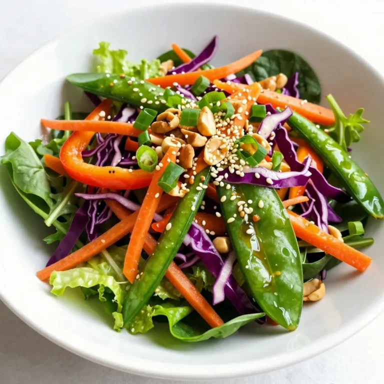 - 4 cups mixed greens (romaine, spinach, arugula) - 1 cup shredded carrots - 1 cup red cabbage, finely shredded - 1 cup snap peas, trimmed and halved - 1/2 cup bell peppers, thinly sliced (red or yellow) The mixed greens create a great base. They add a nice crunch and flavor. Romaine, spinach, and arugula each bring different tastes. Shredded carrots add sweetness and color. The red cabbage gives a vibrant look and a bite. Snap peas add a fresh crunch, while bell peppers bring a sweet and crisp taste. - 1/3 cup sesame oil - 3 tablespoons soy sauce (or tamari for gluten-free) - 2 tablespoons rice vinegar - 1 tablespoon fresh ginger, grated - 1 tablespoon honey (or agave syrup) The dressing is key to this salad. Sesame oil gives a nutty flavor. Soy sauce adds a salty umami taste. Rice vinegar brings brightness and tang. Fresh ginger adds warmth and spice. Honey or agave syrup balances the flavors with sweetness. This mix creates a dressing that is both rich and refreshing. - 1/4 cup green onions, chopped - 1/4 cup toasted sesame seeds - 1/4 cup roasted peanuts, roughly chopped Toppings make this salad special. Green onions add a fresh bite and color. Toasted sesame seeds give a nutty crunch. Roasted peanuts add a hearty texture. Together, these toppings enhance the salad’s taste and presentation. Sprinkle them on top for a beautiful finish. Enjoy this Crunchy Asian Sesame Salad as a great side dish or a light meal! {{ingredient_image_1}} To start, grab a large mixing bowl. In this bowl, combine 4 cups of mixed greens, 1 cup of shredded carrots, 1 cup of finely shredded red cabbage, 1 cup of trimmed and halved snap peas, and 1/2 cup of thinly sliced bell peppers. These veggies add great color and crunch! Toss them gently to mix. This step helps blend the flavors and textures. Next, take a smaller bowl and whisk together the dressing ingredients. You will need 1/3 cup of sesame oil, 3 tablespoons of soy sauce, 2 tablespoons of rice vinegar, 1 tablespoon of grated fresh ginger, and 1 tablespoon of honey. Whisk them well until they blend smoothly. A good tip: make sure to whisk fast enough to help the oil and vinegar mix well. This is called emulsification. Now, pour the dressing over your salad mixture. Toss everything together to coat the veggies evenly. You want each bite to be full of flavor! After that, add 1/4 cup of chopped green onions, 1/4 cup of toasted sesame seeds, and 1/4 cup of roughly chopped roasted peanuts. Toss again to mix everything. This adds an extra crunch! Season the salad with salt and pepper to taste. Let it sit for about 10 minutes. This waiting time allows the flavors to meld, making your salad taste even better. Let the salad sit for 10 minutes before serving. This waiting time helps the flavors blend well. If you want a stronger taste, add a bit more soy sauce or honey. Adjust the salt and pepper to suit your taste. Serve this salad in a large bowl for family-style meals. For individual servings, use small plates. To make it pretty, sprinkle extra sesame seeds on top. You can also add chopped peanuts for extra crunch. Slices of avocado on top make it look fancy and tasty. Prepare your ingredients ahead of time. Wash and chop the mixed greens and veggies one day before. Store them in the fridge for easy access. When you’re ready to eat, just toss everything together. This way, you can enjoy your salad in no time. Pro Tips Fresh Ingredients: Always use the freshest vegetables for the best flavor and crunch. Visit your local farmers' market for the best selection. Dress Just Before Serving: To maintain the salad's crispness, dress the salad just before you’re ready to serve it. This prevents wilting. Customize Your Crunch: Feel free to substitute or add different nuts or seeds like cashews or sunflower seeds for a unique twist on texture. Flavor Enhancement: For an extra flavor boost, consider adding a splash of lime juice or a sprinkle of chili flakes to the dressing. {{image_2}} You can change the mixed greens to suit your taste. Try kale or spinach. These greens add different flavors and textures. If you want a gluten-free dressing, swap soy sauce with tamari. You can also use coconut aminos. These options taste great and keep your salad safe for gluten-free diets. To make the salad heartier, consider adding grilled chicken or tofu. Grilled chicken adds a nice smoky flavor. Tofu is a great choice for a vegetarian meal. For toppings, try adding chickpeas or edamame. Both options boost protein and add fun textures. This salad can take on flavors from different cuisines. Try adding some mango for a tropical twist. It brings sweetness and freshness to each bite. You can also add sriracha for a spicy kick. This adds heat and balances the salad's flavors. To keep your Crunchy Asian Sesame Salad fresh, store it in an airtight container. This method helps prevent wilting and keeps the veggies crisp. You can store the salad in the fridge for up to three days. Just remember to keep the dressing separate until you're ready to eat. This keeps everything fresh and tasty. You should not freeze the entire salad. Freezing can ruin the texture of fresh veggies. However, you can freeze some components like shredded carrots and red cabbage. Pack them tightly in freezer bags and remove as much air as possible. They can last up to three months in the freezer. When you're ready to use them, just thaw in the fridge overnight. For meal prep, you can make the salad a day ahead. Chop and mix the vegetables, then store them in the fridge. Keep the dressing in a separate jar. This way, you can shake it up and pour it on just before serving. It ensures all the flavors stay bright and fresh. For Asian salad dressings, sesame oil is the best choice. It has a rich, nutty flavor that enhances the salad's taste. You can also use rice bran oil or avocado oil for a lighter touch. These oils blend well with the other ingredients. Each oil adds its unique flavor to your dish, giving you options. Yes, you can easily make this salad gluten-free. Use tamari instead of soy sauce. Tamari has a similar taste but is made without wheat. Check labels on sesame oil and other sauces to ensure they are gluten-free. This way, everyone can enjoy the salad without worry. To turn this salad vegan, swap honey for agave syrup or maple syrup. Both options work well and keep the sweetness. Make sure your soy sauce is vegan, as some brands may use animal products. This way, you can enjoy a tasty and plant-based version of the salad. This blog post covers how to create a Crunchy Asian Sesame Salad. We discussed main ingredients like mixed greens, snap peas, and bell peppers. I shared how to make a simple dressing with sesame oil and ginger. You learned tips for enhancing flavor and presentation. There are tasty protein options for variation and meal prep advice for storage. Now, you can enjoy a vibrant and healthy salad that's easy to make. Happy salad making!