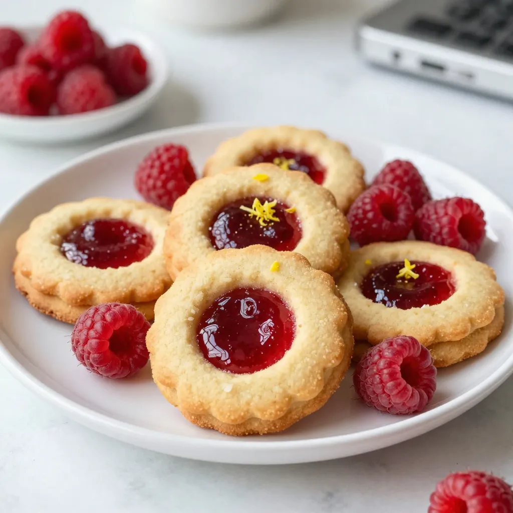 To make delicious Raspberry Lemonade Thumbprint Cookies, you will need the following items: - 1 cup unsalted butter, softened - 1 cup granulated sugar - 1 large egg yolk - 2 teaspoons vanilla extract - Zest of 1 lemon - 2 cups all-purpose flour - 1/2 teaspoon baking powder - Pinch of salt - 1/2 cup raspberry preserves - Fresh raspberries and lemon zest for garnish You will need a few basic tools to create these tasty cookies: - Mixing bowls - Measuring cups and spoons - Baking sheet - Parchment paper - Mixer or whisk - Spoon or thumb for making indents - Wire rack for cooling If you need to swap some ingredients, here are a few ideas: - Use salted butter instead of unsalted but reduce salt in the recipe. - Substitute the granulated sugar with brown sugar for a richer taste. - You can use lemon juice instead of lemon zest, but the zest gives more flavor. - For a different jam, try strawberry or blueberry preserves. - Use gluten-free flour if you want a gluten-free option. These ingredients and tools help you create a bright and tasty treat. Enjoy the process! {{ingredient_image_1}} Start by preheating your oven to 350°F (175°C). This step is key for even baking. Next, line a baking sheet with parchment paper. This helps prevent sticking and makes cleanup easy. Set the baking sheet aside for later use. In a large mixing bowl, add 1 cup of softened unsalted butter and 1 cup of granulated sugar. Use a hand mixer or a sturdy spoon to cream them together. Mix until the mixture is light and fluffy. This process adds air, which makes your cookies soft and tender. Now, add 1 large egg yolk, 2 teaspoons of vanilla extract, and the zest from 1 lemon into the bowl. Mix until everything is well combined. This step adds rich flavors that will shine in your cookies. In a separate bowl, whisk together 2 cups of all-purpose flour, 1/2 teaspoon of baking powder, and a pinch of salt. Gradually add this dry mix to the butter mixture. Stir until just combined. Be careful not to overmix, as this can lead to tough cookies. Once your dough is ready, shape it into small balls, about 1 inch in diameter. Place them on your prepared baking sheet, making sure to space them about 2 inches apart. Using your thumb, press down in the center of each ball to create a small indent. This is where the raspberry preserves will go. Take about 1/2 teaspoon of raspberry preserves and spoon it into each cookie’s indent. The preserves will melt slightly while baking, creating a delicious filling. Bake the cookies in your preheated oven for 12-15 minutes. Watch for the edges to turn lightly golden. Once done, remove them from the oven and let them cool on the baking sheet for 5 minutes. After that, transfer them to a wire rack to cool completely. Enjoy the wonderful aroma as they cool! To get the right texture for your Raspberry Lemonade Thumbprint Cookies, start with softened butter. It should feel like a cool pillow. Cream the butter and sugar until it looks fluffy and light. This step adds air and helps cookies rise. Also, don’t over-mix your dough after adding flour. Mix just enough for everything to blend. The dough should feel soft but not sticky. Chill the dough for 10-15 minutes if it feels too warm. This helps keep the shape while baking. Avoid using cold butter. It will not cream well and can make your cookies dense. Watch the baking time closely. Cookies can go from perfect to burnt quickly. Always check the edges for a light golden color. If you forget to make the thumbprint, the filling will spill over. Be sure to create a nice indentation before baking. Lastly, don’t skip the salt. It enhances the flavors and balances the sweetness. For a fun touch, add fresh raspberries on top after baking. Their bright color makes the cookies pop. You can also sprinkle extra lemon zest for added flavor. If you want some sparkle, use edible glitter or coarse sugar. Drizzling a simple lemon glaze can also add sweetness and shine. Arrange your cookies on a pretty plate and serve at gatherings. These tips will make your cookies look as good as they taste! Pro Tips Chill the Dough: For a firmer dough that’s easier to work with, consider chilling the cookie dough for 30 minutes before shaping into balls. Customize the Jam: Feel free to experiment with different fruit preserves, such as strawberry or apricot, for a unique twist on the classic thumbprint cookie. Perfect Indentation: Use a small round measuring spoon if your thumb doesn’t create a deep enough indentation for the filling. Storage Tips: Store the cookies in an airtight container at room temperature, and they will stay fresh for up to a week. {{image_2}} You can switch the raspberry preserves for other tasty choices. Consider using strawberry, blueberry, or apricot preserves. Each option gives a unique flavor to the cookies. For a tropical twist, mango or passion fruit preserves work well too. These swaps create fun new tastes while keeping the same cookie base. You can add different flavorings to your dough. Try almond extract instead of vanilla for a nutty taste. You can also mix in a bit of lemon or orange juice for extra citrus zing. If you want a spice note, add a pinch of cinnamon or nutmeg. These small changes can elevate your cookies to new heights. To make these cookies gluten-free, replace all-purpose flour with a gluten-free flour blend. Look for a blend that contains xanthan gum or add it separately. This helps mimic the texture of regular flour. Check the labels of your preserves to ensure they are gluten-free too. Enjoy these cookies without worry about gluten! To keep your Raspberry Lemonade Thumbprint Cookies fresh, store them in an airtight container. Use a cookie tin or a plastic container with a tight lid. Place parchment paper between layers to avoid sticking. Keep your cookies at room temperature, away from direct sunlight or heat. This method helps maintain their soft texture and bright flavor. When stored properly, these cookies can last for about five days. After that, they may start to lose their freshness. If you notice any changes in texture or flavor, it is best to toss them. Enjoy them while they are still soft and delicious! You can freeze these cookies for later enjoyment. First, let the cookies cool completely. Then, place them in a single layer on a baking sheet. Freeze for about an hour until firm. After that, transfer them to a freezer-safe bag or container. They can last for up to three months in the freezer. When you're ready to eat them, simply thaw at room temperature or warm them in the oven for a few minutes. Yes, you can make these cookies ahead of time. You can bake them a day in advance. Just store them in an airtight container. They will stay fresh and tasty. To make the dough ahead of time, mix all the ingredients as usual. After mixing, wrap the dough tightly in plastic wrap. Then, store it in the fridge for up to three days. You can also freeze the dough for up to three months. When ready to bake, let it thaw in the fridge overnight. You can use other fruit preserves instead of raspberry. Strawberry or blueberry preserves work great. You can even try lemon curd for a zesty twist. Just keep in mind that the flavor will change a bit. Yes, these cookies freeze well. After baking, let them cool completely. Then, place them in a single layer in an airtight container. You can freeze them for up to three months. To enjoy, just thaw them at room temperature. You can use other citrus zests if you prefer. Orange zest adds a sweet note. Lime zest gives a nice tart flavor. Feel free to mix and match to find your favorite flavor! In this blog post, we explored cookie making from start to finish. We covered ingredients, equipment, and substitutions. I shared step-by-step instructions for baking and cooling. Plenty of tips helped you avoid common mistakes. We discussed exciting variations, storage, and answered frequently asked questions. With these insights, you can create delicious cookies that fit your needs. Happy baking!