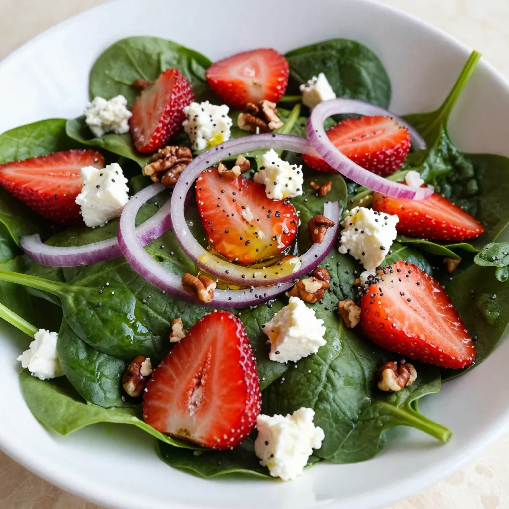 - Spinach: Use 4 cups of fresh spinach. Make sure it is washed and dried. Spinach is full of vitamins and adds a nice green color. - Strawberries: You will need 2 cups of strawberries. Hull and slice them for the best taste. Strawberries bring a sweet flavor that brightens the salad. - Red onion: Use 1/4 cup of thinly sliced red onion. This adds a bit of crunch and sharpness to the mix. - Feta cheese: Crumble 1/2 cup of feta cheese. It gives a creamy texture and salty flavor. Feta pairs well with the sweetness of the strawberries. - Pecans: Roughly chop 1/4 cup of pecans. They add a nice crunch and nutty taste. This makes the salad more satisfying. - Olive oil: Use 1/3 cup of olive oil. It acts as a base for the dressing. Olive oil adds richness and helps blend flavors. - Apple cider vinegar: Add 2 tablespoons of apple cider vinegar. This gives a tangy kick. It balances the sweetness of the fruit. - Honey: Use 2 tablespoons of honey for sweetness. Honey helps tie the flavors together. It adds a nice glaze to the salad. - Poppy seeds: Add 3 tablespoons of poppy seeds. They give a slight crunch and a unique flavor. Plus, they look great in the salad. - Salt and pepper: Season with salt and pepper to taste. These are key for enhancing all the flavors. Adjust them to fit your liking. {{ingredient_image_1}} Start by washing your spinach well. Use about 4 cups of fresh spinach. Place it in a large bowl. Next, take 2 cups of strawberries. Hull and slice them. Add these strawberries to the bowl with the spinach. Now, crumble 1/2 cup of feta cheese and sprinkle it in. Thinly slice a 1/4 cup of red onion. Toss this into your bowl. Grab a small bowl for the dressing. Whisk together 1/3 cup of olive oil, 2 tablespoons of apple cider vinegar, and 2 tablespoons of honey. Add 3 tablespoons of poppy seeds, salt, and pepper to taste. Keep whisking until it looks smooth. You want a nice, creamy dressing that coats well. Now, drizzle the dressing over your salad base. Make sure to cover everything. Next, toss the salad gently. Be careful not to crush the strawberries. Once combined, top the salad with 1/4 cup of roughly chopped pecans. This adds a nice crunch. Serve right away for the best flavor or chill for a bit if you prefer it cold. Enjoy your fresh and tasty Strawberry Spinach Poppy Seed Salad! How to avoid crushing strawberries To keep your strawberries whole, use a sharp knife. Slice them carefully and avoid pressing down hard. Let's keep them pretty and fresh for your salad. Mixing techniques for even coating When you add the dressing, drizzle it slowly. Use a large spoon to fold the salad gently. This way, every bite gets flavor without squishing the berries. Recommended salt and pepper amounts Start with a pinch of salt and a dash of pepper. You can always add more if you need it. Tasting as you go helps you find the right balance. Tips for the best honey choice Use pure honey for the best taste. Local honey can add unique flavors. It’s sweeter and richer than processed honey, which makes your salad shine. Serving style ideas You can serve this salad in a big bowl for sharing or on individual plates. Either way, it looks great and invites everyone to dig in. Garnishing tips for visual appeal Top the salad with extra strawberry slices and a sprinkle of poppy seeds. This adds color and makes your dish look extra fancy. You want people to enjoy the salad with their eyes first! Pro Tips Fresh Ingredients: Always use fresh spinach and strawberries for the best flavor and texture in your salad. Customize Your Nuts: Feel free to swap pecans for walnuts or almonds based on your personal preference or what you have on hand. Make Ahead Dressing: Prepare the dressing a day in advance and store it in the refrigerator for a quick assembly when you're ready to serve. Chill for Flavor: Allow the salad to chill for 10-15 minutes before serving; it enhances the flavors and allows the ingredients to meld together. {{image_2}} You can make this salad even better by adding seasonal fruits. Try ripe peaches in summer or crisp apples in fall. Each fruit adds a unique flavor. You can also mix in seasonal veggies. Consider adding cucumber for crunch in summer or roasted sweet potatoes in winter. These changes keep the salad fresh and exciting. If you need gluten-free options, this salad is perfect! All the ingredients are naturally gluten-free. Just check your honey and make sure it is pure. For nut-free substitutions, you can swap pecans for pumpkin seeds. This keeps the crunch without the nuts. Always make sure to read labels to avoid hidden gluten or nuts. To boost flavor, add herbs like mint or basil. They pair well with strawberries. You can also experiment with different cheese types. Try goat cheese for a tangy taste or cheddar for a bold twist. Each cheese brings its own character, making the salad yours. To keep your Strawberry Spinach Poppy Seed Salad fresh, store it in the fridge. Place it in an airtight container. This helps keep the ingredients crisp and tasty. You can enjoy the salad for up to three days. If you notice any wilting or browning, remove those parts. You cannot freeze this salad. Freezing will ruin the texture of the spinach and strawberries. Instead, focus on keeping each ingredient fresh. Here are some tips: - Store strawberries in their original container or a paper towel. - Keep feta cheese in its brine or a sealed container. - Store pecans in a cool, dark place to avoid rancidity. You can prep some parts ahead of time without losing quality. Wash and dry the spinach and store it in a bag. Slice strawberries a few hours before serving. Keep them in a separate container to avoid sogginess. Mix the dressing and store it in the fridge for up to a week. Combine everything just before serving for the best flavor! The best way to wash spinach is to fill a bowl with cold water. Submerge the spinach leaves and swish them around gently. This helps remove dirt and grit. Then lift the spinach out of the water, leaving dirt at the bottom. Rinse the leaves under cold running water for a final clean. Dry the spinach with a salad spinner or a clean kitchen towel. This method keeps the leaves fresh and crisp. Yes, you can use other types of vinegar for the dressing. Options like red wine vinegar or balsamic vinegar work well. Each vinegar brings a unique flavor. Experiment with different kinds to find your favorite taste. Just keep in mind that the flavor of the vinegar can change the salad's overall taste. The salad lasts about one to two days in the refrigerator. Keep it in an airtight container to help it stay fresh. However, the strawberries may become mushy over time. If you want the best taste, eat the salad soon after making it. - Is it safe to prepare the salad a day in advance? Yes, you can prepare the salad a day in advance. Just be careful about adding the strawberries and dressing. Add these right before serving. This keeps the salad crisp and tasty. If you prep ahead, store the salad base and dressing separately. This blog post covered a delicious salad recipe, combining fresh produce like spinach and strawberries with feta cheese and pecans. You learned how to make a simple dressing using olive oil and honey. I shared tips to improve texture and flavor, plus ideas for different variations. Salad storage advice ensures your dish stays fresh. Enjoy experimenting with these ideas. This salad is great for any meal. Stay creative and make it your own!