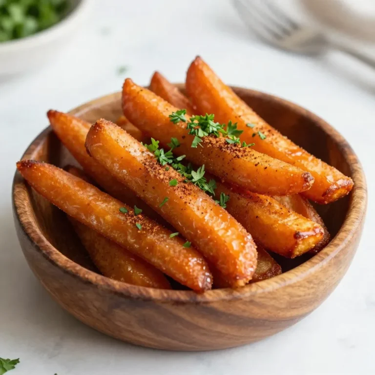 - 2 large carrots, cut into fry shapes - 2 tablespoons olive oil - 2 tablespoons pure maple syrup - 1 teaspoon ground cinnamon - 1 teaspoon smoked paprika - Salt and pepper to taste - Fresh parsley, finely chopped for garnish - Calories per serving: About 150 calories - Macronutrients breakdown: - Carbohydrates: 25g - Fats: 7g - Proteins: 1g - Alternative sweeteners for maple syrup: You can use honey or agave syrup. - Options for oil if avoiding olive oil: Try avocado oil or coconut oil instead. {{ingredient_image_1}} To start, grab two large carrots. Cut them into fry shapes. Aim for about the same size. This helps them cook evenly. Use a sharp knife for accuracy. If you want, peel the carrots first. This gives a smoother texture, but it is not necessary. In a small bowl, mix together 2 tablespoons of pure maple syrup, 1 teaspoon of ground cinnamon, and 1 teaspoon of smoked paprika. Add salt and pepper to taste. Stir well until combined. The glaze should be smooth and a bit runny. If it seems thick, add a tiny splash of olive oil. This keeps the glaze easy to drizzle. Preheat your oven to 425°F (220°C). Line a baking sheet with parchment paper. Spread the carrot fries on the sheet in a single layer. This helps them brown nicely. Bake for 20-25 minutes. Halfway through, flip the fries for even cooking. They should be golden and tender when done. Let them cool for a couple of minutes before serving. To make your maple glazed carrot fries even tastier, try adding more spices. - Cumin adds warmth and depth. - Ginger gives a zesty kick. - Chili powder can spice things up. Pair your fries with dips or sauces for extra flavor. A creamy yogurt dip or a spicy ketchup goes well. You can also try a tangy ranch dressing or a simple hummus. Each adds a new taste to your fries. To get that perfect crunch, focus on how you bake or air fry the fries. - Air frying gives a great crisp. Set it to 400°F (200°C) and check often. - For baking, use high heat and flip the fries halfway for even cooking. Using parchment paper helps too. It prevents sticking and makes clean-up easier. A good baking sheet allows heat to circulate, ensuring a crispy texture. How you serve these fries matters! Get creative! - Serve them in a rustic wooden bowl or on a slate platter. - Drizzle extra maple syrup on top for a sweet touch. These fries pair well with many dishes. They make a great side for grilled chicken or fish. For a fun meal, enjoy them with a hearty burger or a fresh salad. Pro Tips Cut Evenly: Make sure all carrot pieces are of uniform size to ensure even cooking and crispiness. Use Fresh Ingredients: Fresh carrots and high-quality maple syrup will enhance the flavor of your fries significantly. Experiment with Spices: Feel free to add other spices like garlic powder or cayenne pepper for an extra kick! Check for Doneness: Keep an eye on the fries during the last few minutes of baking to avoid burning and ensure they reach your desired level of crispiness. {{image_2}} To add some heat, try chili powder or cayenne. Start with a pinch, then taste. You want a good balance of sweet and spicy. Adjust the amount of maple syrup if needed. This twist gives your carrot fries a fun kick! Fresh herbs like thyme or rosemary can boost flavor. Chop the herbs finely before mixing them in. Add them to the glaze or sprinkle them on top. This adds a fresh taste and makes the fries smell amazing! Check your ingredients to keep this recipe friendly for all diets. Use maple syrup and olive oil, which are naturally vegan and gluten-free. Ensure you choose a gluten-free seasoning mix if needed. This way, everyone can enjoy delicious carrot fries! To keep your maple glazed carrot fries fresh, use airtight containers. Glass containers work great, as they do not absorb smells. You can also use plastic containers, but ensure they seal tightly. Store them in the fridge for up to three days. After that, they may lose their taste and texture. When it comes to reheating, the oven is best. Preheat it to 350°F (175°C). Place the fries on a baking sheet for about 10 minutes. This keeps them crispy. If you're short on time, you can use a microwave. Heat them in short bursts, but note they won’t be as crispy. To freeze carrot fries, first let them cool completely. Spread them in a single layer on a baking sheet. Freeze for about an hour, then transfer them to a freezer-safe bag. This prevents them from sticking together. For best quality, use them within three months. To bake, thaw in the fridge overnight and bake as normal. Bake your carrot fries for 20 to 25 minutes at 425°F (220°C). This high heat helps them get crispy and tender. Flip them halfway through to ensure even cooking. Keep an eye on them in the last few minutes to avoid burning. These carrot fries pair well with many dishes. Try serving them with grilled chicken or fish for a tasty meal. They also go great with a fresh salad for lunch. If you want a fun dip, ranch or yogurt sauce works well too. Yes, you can prepare these carrot fries in advance. Cut the carrots and toss them with oil and spices. Store them in the fridge for up to two days. When ready to eat, just bake them as usual. For leftovers, reheat in the oven to keep them crispy. Avoid the microwave, as it can make them soggy. In this blog post, we explored how to make delicious maple glazed carrot fries. We covered the ingredients, prep steps, and baking tips for perfect fries. I shared variations to suit your taste and dietary needs. Remember to try different spices for added flavor. Store leftovers properly to keep them fresh. Enjoy experimenting and find your favorite way to serve these fries! Cooking should be fun and easy. Keep exploring new ways to enjoy your meals.