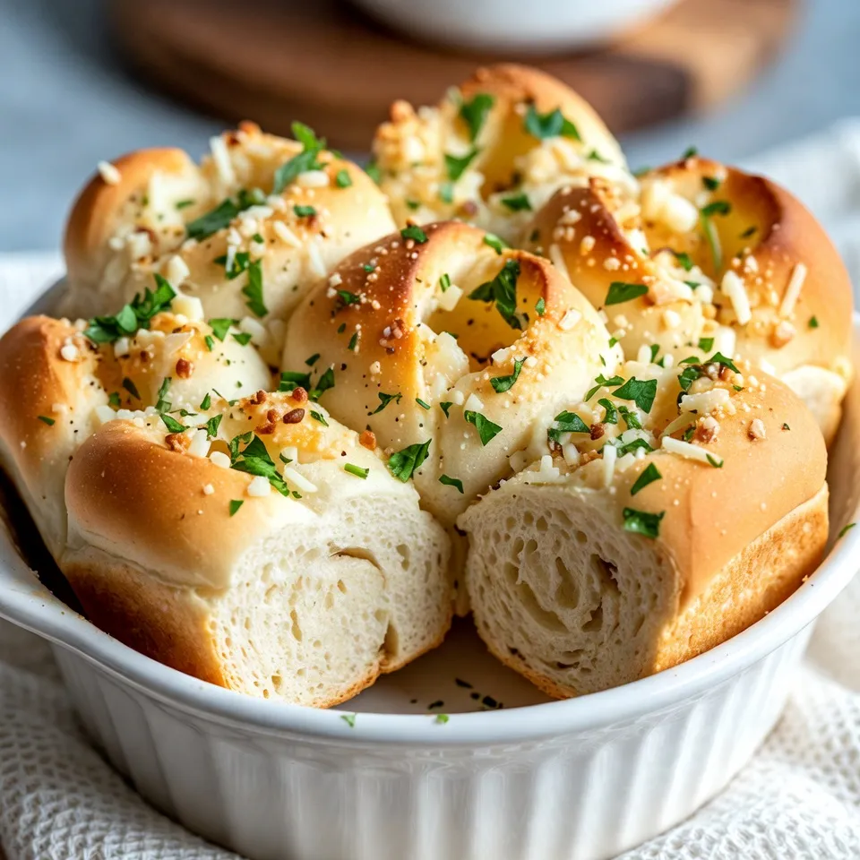 - 3 cups all-purpose flour - 1 packet (2 ¼ teaspoons) active dry yeast - 1 cup warm water (about 110°F) - 2 tablespoons granulated sugar - 1 teaspoon salt - ¼ cup unsalted butter, melted - 4 cloves garlic, minced - ½ cup grated Parmesan cheese - 1 teaspoon dried oregano - 1 teaspoon garlic powder - 1 tablespoon fresh parsley, chopped (for garnish) You can change some ingredients to fit your needs. If you want, use whole wheat flour instead of all-purpose flour. This makes the rolls healthier. You can also swap active dry yeast for instant yeast. Just skip the foaming step with water and sugar. For a dairy-free version, use vegan butter and nutritional yeast instead of Parmesan. Using fresh ingredients makes a big difference. Choose fresh garlic for the best flavor. Check the expiration date on your yeast. Old yeast may not rise well. When buying flour, look for a sealed bag. Store it in a cool, dry place to keep it fresh. For the best taste, use freshly grated Parmesan instead of the pre-grated kind. This adds more flavor to your rolls. {{ingredient_image_1}} First, I prepare the yeast mixture. I take a small bowl and add one cup of warm water. The water should feel warm to the touch, about 110°F. Next, I stir in two tablespoons of granulated sugar and one packet of active dry yeast. I give it a gentle stir and let it sit for about five to ten minutes. This time allows the yeast to activate. I know it's ready when the mixture becomes foamy. While the yeast works, I grab a large mixing bowl. I add three cups of all-purpose flour and one teaspoon of salt. I mix these dry ingredients well. Then, I make a well in the center of the flour. I pour in the yeast mixture along with a quarter cup of melted unsalted butter. I mix everything until a dough starts to form. To develop the dough, I knead it on a floured surface for about five to seven minutes. I want it to feel smooth and elastic. Once done, I place the dough in a greased bowl. I cover it with a damp cloth and let it rise in a warm spot for one hour. The dough should double in size during this time. After the dough rises, I punch it down to release the air. Then, I divide it into small pieces, about one inch each. In a bowl, I mix four minced garlic cloves, one teaspoon of dried oregano, one teaspoon of garlic powder, and half a cup of grated Parmesan cheese. I toss the dough pieces in this flavorful mix to coat them well. Now, I arrange the coated dough pieces in a greased bundt pan or casserole dish, layering them if needed. Before baking, I sprinkle the remaining Parmesan cheese on top. I preheat my oven to 375°F (190°C) and bake the rolls for 25 to 30 minutes. They should turn golden brown and sound hollow when tapped. After baking, I remove them from the oven and let them cool slightly. A brush of melted butter and a sprinkle of fresh parsley finish them off beautifully. When making Garlic Parmesan Pull Apart Rolls, a few mistakes can ruin your results. Here are some to watch out for: - Using cold water: Always use warm water around 110°F. Cold water can halt yeast growth. - Not proofing the yeast: Let the yeast sit until foamy. This ensures it is active. - Skipping kneading: Knead the dough well for 5-7 minutes. This builds the gluten needed for structure. - Overcrowding the pan: Give the rolls space to rise. If they are too close, they won’t get fluffy. To get soft and fluffy rolls, focus on these steps: - Knead the dough well: This helps activate gluten, giving the rolls a nice rise. - Let it rise: Allow the dough to double in size. A warm environment is best for rising. - Don’t rush baking: Bake until golden brown. Underbaking can lead to a doughy texture. - Brush with butter: After baking, brush with melted butter. This adds flavor and helps keep the rolls soft. To maintain that soft, fluffy texture after baking, follow these tips: - Cover while cooling: Place a clean cloth over the rolls right after baking. This traps steam and keeps them soft. - Serve warm: These rolls taste best fresh from the oven. Enjoy them soon after baking. - Store properly: If you have leftovers, store them in an airtight container. This helps keep moisture in. - Reheat gently: If reheating, use a low temperature. This prevents drying out the rolls. Pro Tips Use Fresh Garlic: Freshly minced garlic provides a more robust flavor compared to pre-minced options. It enhances the aroma and taste of the rolls. Don’t Rush the Rising: Allow the dough to rise fully until it has doubled in size. This step is crucial for achieving light and fluffy rolls. Experiment with Cheese: While Parmesan is classic, feel free to mix in other cheeses like mozzarella or cheddar for a different flavor profile. Store Properly: To keep the rolls soft, store them in an airtight container at room temperature for up to 2 days. Reheat before serving for the best texture. {{image_2}} You can switch up the cheese in your rolls. Instead of Parmesan, try using mozzarella for a stretchy, gooey texture. Cheddar adds a sharp taste, while feta gives a tangy kick. Mixing different cheeses is fun too! Just keep the amount around ½ cup to stay balanced. Herbs and spices can change the whole dish. Try adding rosemary or thyme for a fresh taste. If you love heat, sprinkle in some red pepper flakes. You can also mix in Italian seasoning for an extra flavor boost. The garlic powder and oregano in the recipe work well with these additions. You can enjoy these rolls gluten-free! Just swap the all-purpose flour for a gluten-free blend. Look for a mix that includes xanthan gum, as it helps with texture. The rest of the ingredients stay the same. Keep an eye on baking time, as gluten-free rolls may need a few extra minutes. To keep your Garlic Parmesan Pull Apart Rolls fresh, store them in an airtight container. You can also wrap them tightly in plastic wrap or aluminum foil. This keeps them soft and tasty. Place the container in a cool, dry place. They will last for about 2-3 days. If you want them to last longer, consider freezing them. When you want to enjoy your leftover rolls, reheating is simple. Preheat your oven to 350°F (175°C). Place the rolls on a baking sheet. Cover them with aluminum foil to keep them moist. Heat for about 10-15 minutes. You can also use a microwave. Just heat them for about 15-20 seconds. Enjoy them warm for the best taste. Freezing these rolls is a great option for meal prep. First, let the rolls cool completely. Then, wrap each roll in plastic wrap. Place the wrapped rolls in a freezer bag or airtight container. This helps prevent freezer burn. You can freeze them for up to 3 months. When you're ready to eat, thaw them in the fridge overnight. Reheat as described above, and enjoy! Yes, you can use instant yeast in this recipe. Instant yeast works faster and does not need to be dissolved in water. Just mix it directly with the flour. Use the same amount as active dry yeast, which is 2 ¼ teaspoons. Your rolls will still be fluffy and tasty! These rolls are great on their own, but you can pair them with many dishes. Try serving them with: - Soups, like tomato or minestrone - Salads, especially Caesar or mixed greens - Pasta dishes, such as Alfredo or marinara - Dipping sauces, like marinara or garlic butter Garlic Parmesan Pull Apart Rolls stay fresh for about 2 to 3 days when stored properly. Keep them in an airtight container at room temperature. If you want to keep them longer, you can freeze them. They will last for up to 3 months in the freezer. Just thaw and reheat when you’re ready to enjoy! You now know how to make garlic parmesan pull-apart rolls from scratch. We covered the key ingredients, including substitutions and tips for fresh items. I shared step-by-step instructions for preparing and shaping the dough. You learned vital tips to avoid common mistakes and keep your rolls soft. We also explored tasty variations and proper storage methods. With practice, you can create delightful rolls for any meal. Enjoy this tasty treat and share it with others. Happy baking!