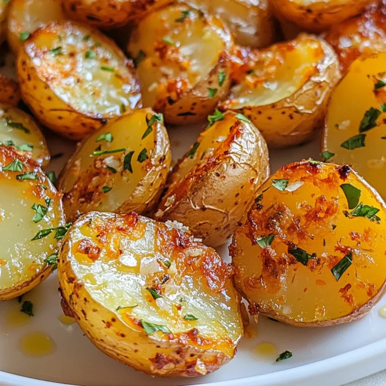To make delicious herb garlic roasted potatoes, you will need: - 2 pounds baby potatoes, halved - 4 tablespoons olive oil - 5 cloves garlic, minced - 2 teaspoons dried rosemary - 2 teaspoons dried thyme - 1 teaspoon smoked paprika - Salt and pepper to taste - Fresh parsley, chopped (for garnish) These simple ingredients come together to create a wonderful dish full of flavor. If you want to boost the taste, consider adding: - Lemon juice or zest for brightness - Parmesan cheese for a cheesy twist - Red pepper flakes for a spicy kick - Fresh herbs like basil or chives for freshness These optional ingredients can enhance your roasted potatoes and make them even more delightful. For the best results, I recommend using: - Baby potatoes: They roast well and stay tender. - Yukon Gold potatoes: They have a creamy texture and great flavor. - Red potatoes: Their skin adds color and taste. Choose the type of potato you love most. Each variety adds its own charm to your dish. {{ingredient_image_1}} Start with 2 pounds of baby potatoes. Halve each potato to ensure even cooking. This small size helps them roast perfectly. Place the halved potatoes in a large bowl. This makes mixing easier later on. Next, drizzle 4 tablespoons of olive oil over the potatoes. Add 5 cloves of minced garlic for great flavor. Then, include 2 teaspoons each of dried rosemary and thyme. For a hint of smokiness, add 1 teaspoon of smoked paprika. Season with salt and pepper to taste. Toss everything together until each potato is well coated. This step is key for flavor. Preheat your oven to 425°F (220°C). Spread the coated potatoes in a single layer on a baking sheet lined with parchment paper. This helps prevent sticking and makes cleanup easy. Roast the potatoes for 25-30 minutes. Flip them halfway to ensure they cook evenly. Look for a golden brown color and fork-tender texture. Once done, let them cool for a few minutes. Garnish with fresh chopped parsley for a pop of color. When you season your potatoes, more is often better. Use fresh herbs if you can. They add a bright flavor. Here’s how to do it right: - Use enough salt. It brings out the taste of the potatoes. - Mix herbs well. Combine garlic, rosemary, and thyme evenly. - Try smoked paprika. It adds a nice, smoky flavor that pairs well with garlic. Crispy potatoes are a joy to eat. To get that perfect crunch, follow these tips: - Cut potatoes evenly. Halve them so they cook at the same rate. - Spread them out. Use a baking sheet and give them room. - Flip halfway. Turning your potatoes helps them crisp on all sides. Many home cooks face the same pitfalls. Let’s avoid these common mistakes: - Not preheating the oven. This step is key for nice browning. - Crowding the pan. If they are too close, they will steam instead of roast. - Skipping the toss. Mixing the oil and seasonings well ensures even flavor. By using these tips, you can enhance the flavor, texture, and overall success of your herb garlic roasted potatoes. Enjoy the tasty results! Pro Tips Choose the Right Potatoes: Baby potatoes work best for this recipe due to their creamy texture and tender skin. However, you can substitute with Yukon Gold or red potatoes if needed. Enhance Flavor: For an extra burst of flavor, consider adding fresh herbs like rosemary or thyme instead of dried. Add them during the last 5 minutes of roasting for maximum aroma. Perfect Roasting Technique: Make sure the potatoes are in a single layer on the baking sheet to ensure even cooking and crispy edges. Avoid overcrowding the pan. Storage Tips: Leftover roasted potatoes can be stored in an airtight container in the refrigerator for up to 3 days. Reheat in the oven for the best texture. {{image_2}} If you want a sweet twist, try sweet potatoes. They have a great taste. Use the same method as with regular potatoes. Just peel and cube them instead. The sweet flavor pairs well with garlic and herbs. Follow the same seasoning steps for a lovely dish. You will enjoy the added sweetness! Cheese can bring a creamy touch. Try adding Parmesan or feta cheese. Sprinkle it over the potatoes before roasting. The cheese will melt and create a tasty crust. You can also add cheese after roasting. This gives a nice, rich flavor to the dish. For a kick, add some heat! Use red pepper flakes or cayenne pepper. Mix them with the garlic and herbs. Adjust the amount based on your heat preference. This spicy version adds a fun twist to the classic recipe. You will love how the heat balances with the garlic! Herb garlic roasted potatoes go well with many dishes. They have a lovely flavor that complements meats and veggies. Here are some great pairings: - Grilled Chicken: The smoky taste of grilled chicken works well. - Roasted Pork: The herbs in the potatoes match well with pork. - Steak: A juicy steak and these potatoes make a hearty meal. - Vegetable Stir-Fry: Pair them with fresh veggies for a balanced dish. These combinations can make your meal feel special. How you serve your herb garlic roasted potatoes can impress your guests. Here are some fun ideas: - Rustic Bowl: Serve the potatoes in a wooden bowl for a homey feel. - Platter with Herbs: Arrange on a platter and scatter fresh herbs on top. - Skewers: Thread the roasted potatoes onto skewers for a fun touch. - Mini Cast Iron Skillets: Use these for individual servings to make it cozy. These ideas can make your table look inviting. You can enhance your meal with other simple recipes. Here are a few suggestions: - Lemon Herb Grilled Chicken: This dish is light and bright, a perfect match. - Garlic Butter Shrimp: The shrimp's rich flavor pairs nicely with the potatoes. - Simple Green Salad: A fresh salad is a great side to balance the meal. These recipes will help you create a full and tasty menu. Yes, you can make Herb Garlic Roasted Potatoes ahead. Cook them fully and store them in the fridge. Place them in an airtight container. When ready to eat, reheat them in the oven at 350°F (175°C) for about 10-15 minutes. This warms them well and keeps them crisp! For roasting, use extra virgin olive oil. It has great flavor and a high smoke point. This means it won't burn easily. It adds richness to the potatoes and helps them get golden brown. Plus, it’s healthy and adds good fats. You know the potatoes are done when they are fork-tender and golden brown. Use a fork to poke a potato. If it goes in easily, they are ready. You can also look for a crispy outside. This means they are perfect and ready to enjoy! We covered the essential steps for making Herb Garlic Roasted Potatoes. You learned about the ingredients, from the main ones to optional adds for flavor. I shared tips on prepping, seasoning, and roasting for crispy results. We explored fun variations and clever serving ideas. Using these tips, you can avoid common mistakes and impress anyone at your table. Try these potatoes for your next meal, and enjoy the wonderful taste! Happy cooking!