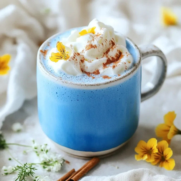- 1 cup almond milk (or your preferred milk type) - 1 teaspoon dried butterfly pea flowers - 1 tablespoon honey or maple syrup (adjust to taste) - 1/4 teaspoon vanilla extract - A pinch of cinnamon (optional) - A pinch of nutmeg (optional) - Whipped cream or coconut cream (for topping) - Edible flowers for garnish (optional) The main ingredient in this drink is almond milk. You can use any milk you like. Next, we need dried butterfly pea flowers. These tiny flowers are what make the drink blue. You can find them in stores or online. For sweetness, we use honey or maple syrup. You can adjust the amount based on how sweet you like it. A bit of vanilla extract adds great flavor. If you want, sprinkle in some cinnamon and nutmeg for extra warmth. Toppings make it fun! You can use whipped cream or coconut cream. Edible flowers add a lovely touch and make the drink pop. This drink is not just pretty; it tastes good too! Enjoy the vibrant color and unique flavors. {{ingredient_image_1}} To start, pour 1 cup of almond milk into a small saucepan. Use medium heat. This helps warm the milk slowly. Avoid boiling it. Boiling can change the taste and texture. You want it just warm enough for the next step. Now, add 1 teaspoon of dried butterfly pea flowers. Stir gently with a spoon. Let them steep for about 5-7 minutes. During this time, the milk will turn a vibrant blue. It’s a fun transformation! After steeping, strain the milk using a fine sieve or cheesecloth. This removes the petals and leaves you with pure blue milk. Next, return the infused milk to the saucepan. Stir in 1 tablespoon of honey or maple syrup. Adjust the sweetness to your taste. Add 1/4 teaspoon of vanilla extract for flavor. If you want, add a pinch of cinnamon or nutmeg. These spices give it a warm touch. Heat the mixture gently for another 2-3 minutes. Make sure it’s warm, not boiling. Now, pour your moon milk into a cozy mug. Top it with whipped cream or coconut cream. For a special touch, sprinkle extra cinnamon on top. You can also add edible flowers for a beautiful finish. - Achieving the perfect sweetness Start with one tablespoon of honey or maple syrup. Taste it, and add more if needed. You want a sweet drink that is not overpowering. - Adjusting the milk for different dietary needs You can use almond milk or any other milk you like. Try oat milk, soy milk, or coconut milk. Each type gives a unique flavor and texture. - Pairing with food or snacks Blue Butterfly Pea Moon Milk goes well with light snacks. Pair it with cookies or fruit to balance its sweetness. - Ideal times to enjoy moon milk Drink this moon milk as a calming evening treat. It’s perfect before bedtime or during a cozy night. - Creative garnishing ideas Top your moon milk with whipped cream or coconut cream. Add a sprinkle of cinnamon or nutmeg for extra flair. Edible flowers can make it look stunning. - Using serving dishes for aesthetic appeal Choose a pretty mug or glass to show off the bright blue color. A nice dish can make your drink feel even more special. Pro Tips Quality Ingredients: Use high-quality almond milk and pure honey or maple syrup for the best flavor and health benefits. Infusion Time: Allow the butterfly pea flowers to steep for at least 5-7 minutes to achieve a vibrant blue color and maximize flavor. Spice It Up: Experiment with different spices like cardamom or ginger for a unique twist on the traditional moon milk flavor. Presentation Matters: Use a clear glass mug to showcase the stunning blue color of the moon milk, and add a sprinkle of edible flowers for visual appeal. {{image_2}} Blue butterfly pea flowers are packed with nutrients. They are rich in antioxidants, which help fight free radicals in our bodies. These flowers contain vitamins A and C. They also provide minerals like iron and calcium. These nutrients support our immune system and promote overall health. One of the best things about blue butterfly pea is its antioxidant properties. Antioxidants protect our cells from damage. They help keep our skin healthy and glowing. This flower also has calming effects. It can help reduce stress and anxiety. Many people drink moon milk before bed for a peaceful night’s sleep. While blue butterfly pea is safe for most, some people may have allergies. If you are unsure, try a small amount first. Pregnant women should consult a doctor before using it. Always check for any known allergies to avoid reactions. You can make your moon milk even more fun by adding other flavors. Try mixing in different herbal teas like chamomile or peppermint. These teas bring unique tastes and aromas to your drink. You can also add fruit or fruit purees. A splash of mango or a spoonful of berry puree can enhance the flavor and color. This makes your drink more vibrant and exciting. If you want a dairy-free option, use any non-dairy milk. Almond, coconut, or oat milk all work well. They blend nicely with the butterfly pea flowers. For sweetening, try vegan options like agave syrup or maple syrup. These sweeteners add a rich taste without using honey. You can adjust the sweetness to fit your liking. Seasonal herbs and spices can change up your moon milk. In fall, try adding a pinch of pumpkin spice for warmth. In winter, a dash of ginger can bring a cozy feel. For special occasions, you can use festive ingredients like peppermint or nutmeg. These small changes can make your moon milk feel fresh and exciting each time you enjoy it. Blue butterfly pea flower comes from a plant called Clitoria ternatea. This flower is bright blue and has a mild, earthy taste. People often use it in teas, drinks, and desserts. It also adds a stunning color to dishes. The flower is known for its natural dye properties, making it perfect for creative cooking. Yes, you can find blue butterfly pea powder or tea at many health food stores. You can also check online. Websites like Amazon often have various brands. Look for organic options for the best quality. Many specialty shops sell this flower too. Just make sure to read the labels. To store leftover blue butterfly pea moon milk, pour it into a clean, airtight container. Keep it in the fridge for up to three days. When you want to drink it again, just reheat it gently. Avoid boiling to keep the flavors intact. If you see any changes in color or smell, it's best to toss it out. Blue Butterfly Pea Moon Milk is delicious and good for you. We covered main ingredients, like almond milk and butterfly pea flowers. I shared easy steps to make this drink, tips for sweetness, and ideas for serving. The health benefits, like antioxidants and stress relief, make it special. You can also tweak flavors or try vegan options. Enjoying this moon milk can be a cozy ritual. Keep experimenting to find your favorite version. Making Blue Butterfly Pea Moon Milk is fun and rewarding!