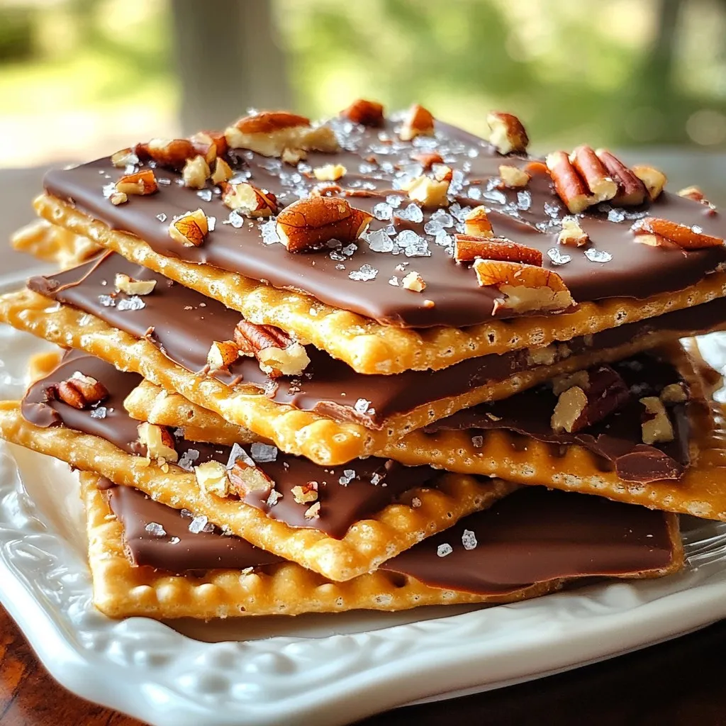 - 1 cup unsalted butter - 1 cup packed brown sugar - 1 teaspoon vanilla extract - 1/4 teaspoon salt - 1 package (about 40) saltine crackers - 1 cup semi-sweet chocolate chips - 1/2 cup chopped pecans or walnuts (optional) - Sea salt for sprinkling Each ingredient plays a key role in making this treat shine. The unsalted butter gives a rich base. The brown sugar adds sweetness and a lovely caramel flavor. Vanilla extract brings warmth and depth. The salt balances the sweetness, making each bite better. Saltine crackers act as the crunchy base. They soak up the toffee while keeping their crispness. The chocolate chips melt into a smooth, sweet layer on top. If you want a nutty crunch, add chopped pecans or walnuts. Finally, a sprinkle of sea salt at the end enhances the sweet-salty mix. Gather all these ingredients before starting. This prep helps you move quickly and make the process fun. Enjoy the joy of creating something sweet and share it with your loved ones! {{ingredient_image_1}} Start by preheating your oven to 400°F (200°C). This is the perfect heat for toffee. While the oven warms up, take a baking sheet and line it with parchment paper. Make sure the paper hangs over the edges. This helps with easy removal later. Now, grab your package of saltine crackers. You will need about 40 of them. Lay the crackers in a single layer on the baking sheet. Cover the entire surface. This will form the base of your toffee. In a medium saucepan, add 1 cup of unsalted butter and 1 cup of packed brown sugar. Heat it over medium heat. Stir constantly until it boils. When it starts to bubble, time it for exactly 3 minutes. Do not stir during this time. After 3 minutes, take it off the heat. Stir in 1 teaspoon of vanilla extract and 1/4 teaspoon of salt. Carefully pour this hot toffee mixture over your saltine crackers. Use a spatula to spread it out evenly. Bake it in the oven for 5 to 7 minutes. You want it bubbling and lightly golden. Once done, take it out of the oven and sprinkle 1 cup of semi-sweet chocolate chips on top. Let it sit for about 2 minutes. This will soften the chocolate. After that, spread it out with your spatula. If you want, add 1/2 cup of chopped pecans or walnuts over the melted chocolate. Press them in lightly. Finally, sprinkle some sea salt on top. Let your toffee cool at room temperature for 30 minutes. Then, put it in the fridge for at least 1 hour. Once set, break it into pieces. Enjoy your sweet treat! Toffee should be crunchy but not hard. To get this right, pay close attention to your cooking time. Boil the butter and sugar mix for exactly three minutes. If you boil it for too long, it will harden. If you don’t boil it long enough, it won't set properly. Use a candy thermometer for extra help. Aim for 290°F (143°C) for the perfect texture. It’s worth it for the crunch! Sticking can ruin your toffee experience. To stop this, use parchment paper on your baking sheet. Make sure the paper hangs over the edges. This helps you lift the toffee out easily. When pouring the hot toffee mix, spread it quickly. A spatula works great for this. If it cools too much, it can stick to the crackers. So, work fast! Melting chocolate may seem easy, but it can be tricky. Use semi-sweet chocolate chips for the best taste. When you sprinkle them on the hot toffee, let them sit for two minutes. This softens the chocolate. After that, use a spatula to spread it evenly. If you heat it too much, it can seize up. Keep heat low and be patient for the best results. Pro Tips Use Fresh Ingredients: Always opt for fresh butter and quality chocolate chips for the best flavor. Don’t Overcook the Toffee: Keep an eye on the toffee mixture while boiling. Overcooking can lead to a bitter taste. Let it Cool Completely: Ensure the toffee cools completely at room temperature before refrigerating to achieve the perfect texture. Experiment with Toppings: Feel free to mix in different nuts, sprinkles, or even crushed candies for a fun twist! {{image_2}} You can easily make nut-free Christmas crack toffee. Simply skip the nuts in the recipe. The toffee still tastes amazing without them. If you want a little crunch, try adding crushed pretzels. They give a nice salty bite. This version is perfect for those with nut allergies. Want to add some fun flavors? You can use different extracts. Instead of vanilla, try almond or peppermint. Just swap the vanilla extract for the new flavor. It adds a unique twist to your toffee. You can even mix extracts for a more complex taste. Just remember to keep the amounts the same. Get creative with toppings! Besides nuts, you can add many things. Try crushed candy canes for a festive touch. You can also sprinkle mini marshmallows for a s'mores vibe. For a sweeter taste, use M&M's or caramel bits. Spread them over the chocolate while it’s still warm. This makes a great treat for parties or gifts. To keep your Christmas Crack Toffee fresh, place it in an airtight container. Make sure the pieces are separated to avoid sticking. If you have multiple layers, use parchment paper between them. Store it at room temperature for the best taste. You can freeze Christmas Crack Toffee if you want to save some for later. Cut it into pieces and wrap each piece in plastic wrap. Then, place the wrapped pieces in a freezer-safe bag. When you’re ready to enjoy, just take out what you need and let it thaw at room temperature. Christmas Crack Toffee stays fresh for about two weeks at room temperature. If stored properly in the freezer, it can last up to three months. However, I find that the flavor is best within the first few weeks. Enjoy the sweet, crunchy goodness while it’s at its peak! Christmas Crack Toffee is a sweet treat made with butter, brown sugar, and chocolate. It has a crunchy base from saltine crackers. The mix of sweet and salty flavors makes it hard to resist. You can share it as a gift or snack on it yourself! You can make Christmas Crack Toffee a few days in advance. After it cools, break it into pieces. Store it in an airtight container at room temperature. This keeps it fresh and tasty for when you need it. Yes, you can use any chocolate you like! Milk chocolate, dark chocolate, or even white chocolate all work well. Choose what matches your taste. Each type gives a unique flavor to the toffee. If you don’t have saltine crackers, you can use graham crackers or pretzels. They both give a nice crunch. You can also try using rice cakes for a gluten-free option. Each choice will change the flavor a bit, so have fun with it! You learned how to make Christmas Crack Toffee with simple steps. We covered key ingredients, like butter and chocolate, plus useful tips to perfect your treat. Variations let you customize this recipe for everyone. Storing your toffee is easy, so it stays fresh. Now, gather your ingredients and enjoy making this tasty treat. It’s fun and sure to impress! Happy baking!